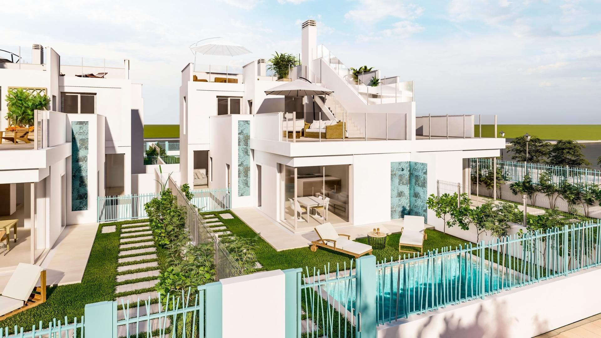 Nybygde villaer i nærheten av La Serena Golf og stranden i Los Alcázares

Oppdag de eksklusive nybyggede villaene i det prestisjetunge Torre del Rame-området i Los Alcázares, Murcia. Dette området er kjent for sitt middelhavsklima, og tilbyr enkel tilgang til både La Serena Golf og de vakre strendene i Mar Menor, noe som gjør det til et ideelt sted for fritid og avslapning.

Eiendomsalternativer og funksjoner
Velg mellom to fantastiske villamodeller: en enebolig eller en tomannsbolig. Begge har 3 soverom, 3 bad, en kjeller med garasje, et privat basseng og et romslig solarium. Disse moderne, elegante designene har lyse, åpne rom fylt med naturlig lys, finish av høy kvalitet, kanalisert klimaanlegg og gulvvarme på badene. Hver villa har også en anlagt hage og et fullt utstyrt kjøkken.

Førsteklasses beliggenhet og enkel tilgang
Villaene har en praktisk beliggenhet nær motorveien AP7, og har gode forbindelser til Middelhavskysten, slik at du kan utforske regionens mangfoldige skjønnhet. Området tilbyr et bredt utvalg av fasiliteter i nærheten, inkludert supermarkeder, butikker, sportssentre, skoler og apotek, noe som sikrer en komfortabel og praktisk livsstil i et fredelig boligområde.

Nærliggende severdigheter
  La Serena Golf: 1 km
  Mar Menor-stranden: 1 km
  Murcia lufthavn: 35 km
  Cartagena havn: 22 km
  Lokalt kjøpesenter: 3 km