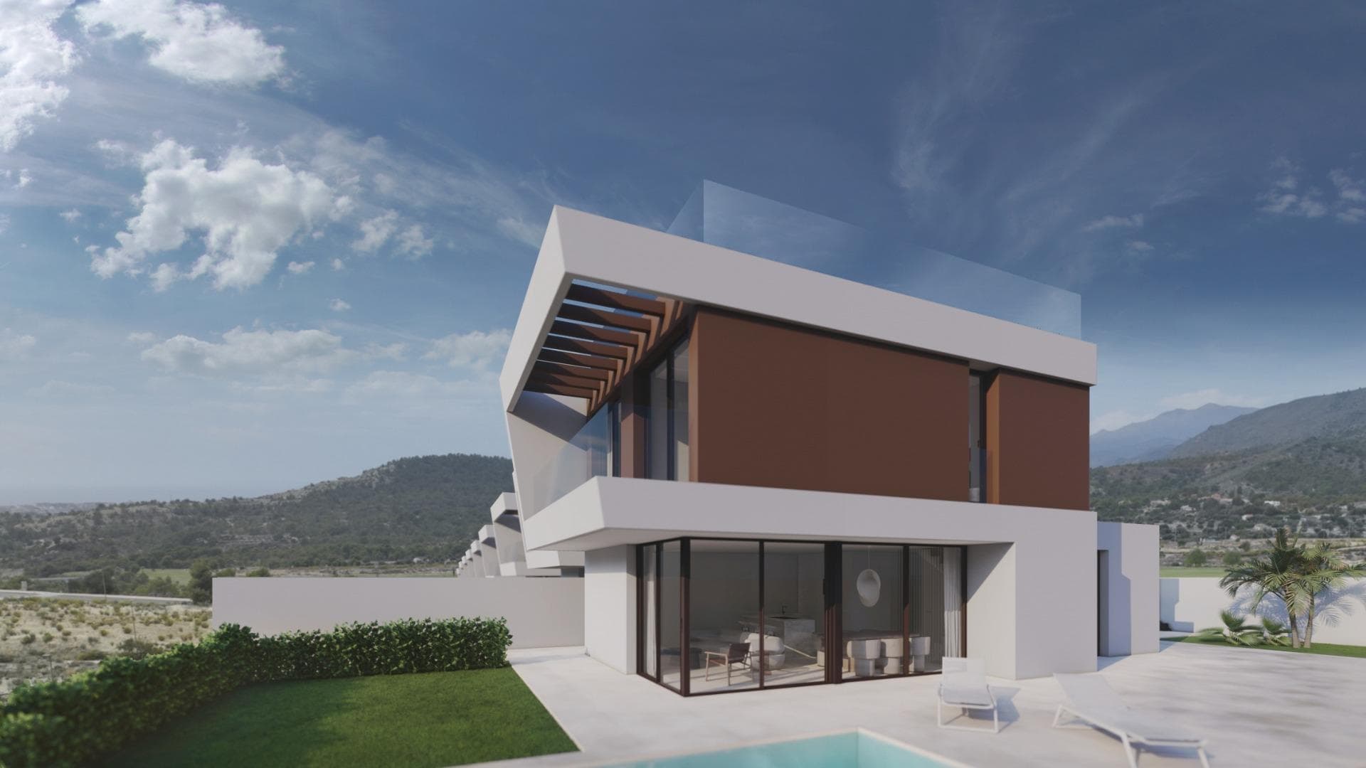 Modern Villas for Sale in the Heart of Costa Blanca, Alicante

Discover a stunning new development of 14 modern villas located in the province of Alicante on the beautiful Costa Blanca. Nestled between Benidorm, Finestrat, and the iconic Puig Campana mountain, these villas offer breathtaking views of the sea and are situated near the newly developed Puig Campana Golf course. With a short 10-minute drive to some of Spain's most prestigious beaches, these properties provide an unmatched lifestyle in a tranquil yet accessible setting.

Prime Location Close to Beaches and Amenities
These villas are perfectly positioned just a few kilometers from the bustling city of Benidorm, known for its vibrant nightlife, golden beaches, and family attractions like Terra Mítica theme park, just 5 km away. Finestrat, only 4 km from the property, offers charming streets and panoramic views, making it an ideal escape for a peaceful afternoon. Alicante’s international airport is conveniently located just 40 km away, allowing for quick and easy travel, with an approximate drive time of 25 minutes.

World-Class Golfing Experience
Golf enthusiasts will love the proximity to two prestigious golf courses. The newly opened Puig Campana Golf, a 9-hole course, is just 1 km away, offering stunning views and a challenging design. Villaitana Golf, situated 6 km away, features two exclusive Nicklaus Design courses:
  Levante Golf Course, an 18-hole American-style course with wide fairways and challenging obstacles.
  Poniente Golf Course, a technical 18-hole course perfect for golfers seeking a more compact layout.

Modern Design and Luxury Features
Each villa is designed with a modern aesthetic, combining sleek elegance with functionality. Featuring private pools, parking spaces, terraces, and solariums, these villas offer everything you need for both relaxation and entertainment. Select units also include a basement, adding extra space for personalized living areas.

Enjoy life on the Costa Blanca, with easy access to Benidorm, Finestrat, and Alicante. These villas provide the perfect blend of luxury, modern architecture, and prime location, making them ideal for both holiday homes and year-round living.