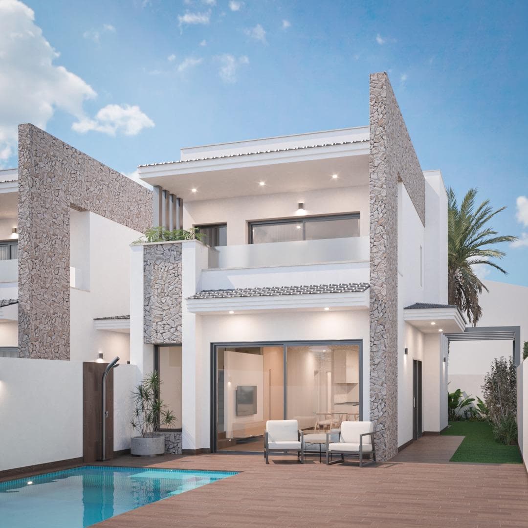 Luxury Villas in San Pedro del Pinatar - Modern Living in a Prime Location

Overview of Stunning New-Build Villas

Discover the epitome of luxury living in San Pedro del Pinatar with these exceptional new-build villas. Each villa is thoughtfully designed with meticulous attention to detail, offering spacious and sunlit interiors that blend style with comfort. These villas feature an open-plan living room, dining area, and kitchen, creating a seamless flow throughout the main living space. With 3 bedrooms, including a master suite complete with a walk-in closet and ensuite bathroom, these homes are perfect for those seeking both elegance and functionality.

Private Outdoor Spaces and High-End Amenities

Each villa is set on a private plot of approximately 200 square meters, providing ample space for outdoor living and relaxation. The property includes a private pool, perfect for enjoying warm Mediterranean days, and a designated parking area. An expansive private solarium offers a beautiful space for sunbathing, entertaining, or simply enjoying the peaceful surroundings. These villas offer a high-quality lifestyle with premium amenities and modern comforts in one of Spain’s most desirable coastal areas.

Prime Location in San Pedro del Pinatar

San Pedro del Pinatar is known for its beautiful beaches, vibrant community, and close proximity to essential services and leisure activities. Located just 900 m from the beach and water sports facilities, these villas allow residents to enjoy all the natural beauty and recreational opportunities of the Mar Menor coast. The villas are also conveniently close to a wide range of local amenities, including shops, restaurants, and bars. Larger shopping centers are just a short drive away, providing residents with easy access to a variety of retail options.

Close Proximity to Key Points of Interest

Murcia-Corvera Airport: Approximately 30 km away, offering convenient international and domestic travel options.
Alicante Airport: Just an hour's drive (around 85 km), providing access to numerous global destinations.
Several Golf courses like Lo Romero, Roda Golf or La Serena within a short drive, perfect for golf enthusiasts.
Shopping Centers: A 10-minute drive to Dos Mares Shopping Center, offering various retail stores, restaurants, and entertainment options.
Beaches of Mar Menor: Just 900 m from the villas, these sandy shores are ideal for relaxation, swimming, and water activities.

Experience the Charm of San Pedro del Pinatar

San Pedro del Pinatar offers the charm of a traditional Spanish coastal town while providing all modern conveniences. Its strategic location near the Mar Menor and Costa Cálida ensures easy access to beautiful beaches, high-quality amenities, and a vibrant local culture, making it the ideal place to call home.