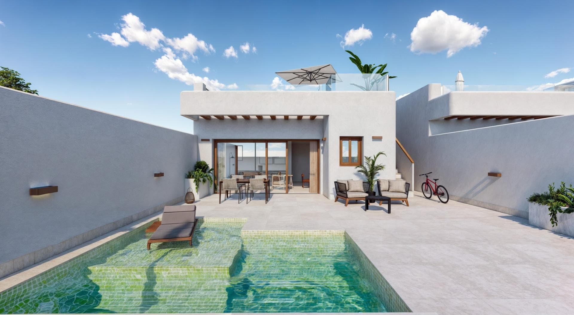 Villas modernas de nueva construcción en Torre-Pacheco, Murcia

Descubra la combinación perfecta de diseño moderno, comodidad y ubicación con estos impresionantes chalets de obra nueva en Torre-Pacheco, Murcia. 

Tanto si busca una residencia permanente, una casa de vacaciones o una inversión inmobiliaria, estos elegantes chalets independientes ofrecen un valor y una comodidad excepcionales en una de las regiones más codiciadas de España.

Chalets elegantes con características de primera
Estas modernas villas de una sola planta cuentan con 2 o 3 dormitorios y 2 baños, diseñadas con una cocina abierta y un amplio salón/comedor. Cada casa está equipada con:

Piscina privada: Completa con ducha exterior, sistema de filtración e iluminación LED.
Solarium con cocina de verano: Incluye fregadero y preinstalación para lavadora y mini nevera, accesible a través de una escalera exterior.
Electrodomésticos de alta calidad: Placa vitrocerámica marca Balay, horno, microondas de columna, frigorífico, campana extractora y lavavajillas integrado.
Otros elementos destacados son los sanitarios de porcelana de primera calidad en los baños, los armarios totalmente equipados con puertas lacadas en blanco y la iluminación LED interior y exterior de bajo consumo.

Ubicación privilegiada con excelente conectividad
Situadas en el encantador pueblo de Torre-Pacheco, estas villas están rodeadas de servicios esenciales como supermercados, bancos, bares y restaurantes. La ubicación ofrece un equilibrio ideal de tranquilidad y accesibilidad:

Playas del Mar Menor: A sólo 15 minutos en coche (aprox. 12 km).
Aeropuerto Internacional de Murcia: A sólo 20 minutos (aprox. 18 km).
Campos de Golf: Torre-Pacheco es famosa por sus galardonados campos de golf, varios de los cuales se encuentran a un corto trayecto en coche de las villas.
Compras y entretenimiento: El puerto de Cartagena y su vibrante escena comercial están a 30 minutos (aprox. 26 km), mientras que la ciudad de Murcia, conocida por su cultura y gastronomía, está a unos 35 minutos (aprox. 37 km).

Vida elegante en un entorno saludable
Torre-Pacheco y los alrededores de la región de Murcia son famosos por su excepcional calidad de vida, que ofrece un saludable clima mediterráneo y abundantes actividades al aire libre. Los modernos interiores de las villas y sus acabados de primera calidad las hacen a la vez elegantes y funcionales, creando un espacio acogedor para la relajación y el entretenimiento.

Múdese hoy mismo
Estos chalets de nueva construcción en Torre-Pacheco combinan lujo, comodidad y valor en una ubicación inmejorable. No pierda la oportunidad de poseer una propiedad en una de las zonas más saludables y deseables de España. Póngase en contacto con nosotros para concertar una visita o solicitar más información.