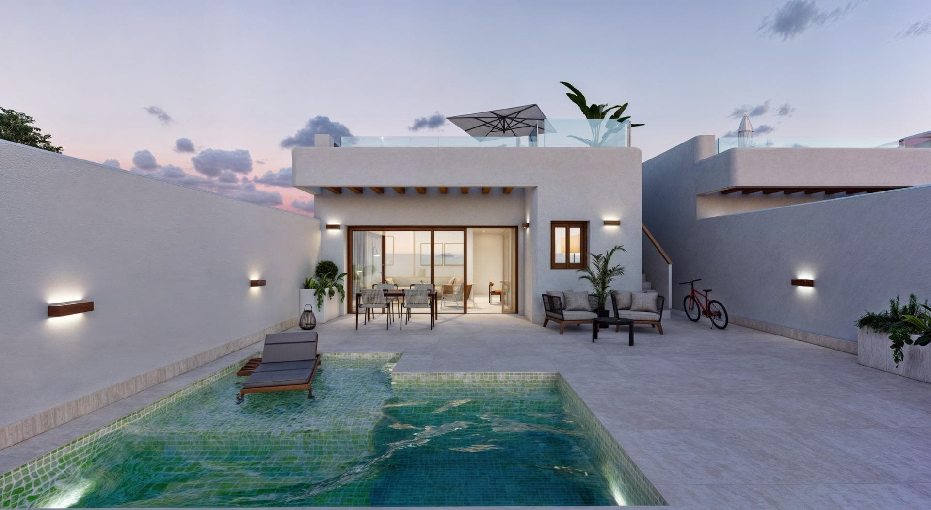 Villas modernas de nueva construcción en Torre-Pacheco, Murcia

Descubra la combinación perfecta de diseño moderno, comodidad y ubicación con estos impresionantes chalets de obra nueva en Torre-Pacheco, Murcia. 

Tanto si busca una residencia permanente, una casa de vacaciones o una inversión inmobiliaria, estos elegantes chalets independientes ofrecen un valor y una comodidad excepcionales en una de las regiones más codiciadas de España.

Chalets elegantes con características de primera
Estas modernas villas de una sola planta cuentan con 2 o 3 dormitorios y 2 baños, diseñadas con una cocina abierta y un amplio salón/comedor. Cada casa está equipada con:

Piscina privada: Completa con ducha exterior, sistema de filtración e iluminación LED.
Solarium con cocina de verano: Incluye fregadero y preinstalación para lavadora y mini nevera, accesible a través de una escalera exterior.
Electrodomésticos de alta calidad: Placa vitrocerámica marca Balay, horno, microondas de columna, frigorífico, campana extractora y lavavajillas integrado.
Otros elementos destacados son los sanitarios de porcelana de primera calidad en los baños, los armarios totalmente equipados con puertas lacadas en blanco y la iluminación LED interior y exterior de bajo consumo.

Ubicación privilegiada con excelente conectividad
Situadas en el encantador pueblo de Torre-Pacheco, estas villas están rodeadas de servicios esenciales como supermercados, bancos, bares y restaurantes. La ubicación ofrece un equilibrio ideal de tranquilidad y accesibilidad:

Playas del Mar Menor: A sólo 15 minutos en coche (aprox. 12 km).
Aeropuerto Internacional de Murcia: A sólo 20 minutos (aprox. 18 km).
Campos de Golf: Torre-Pacheco es famosa por sus galardonados campos de golf, varios de los cuales se encuentran a un corto trayecto en coche de las villas.
Compras y entretenimiento: El puerto de Cartagena y su vibrante escena comercial están a 30 minutos (aprox. 26 km), mientras que la ciudad de Murcia, conocida por su cultura y gastronomía, está a unos 35 minutos (aprox. 37 km).

Vida elegante en un entorno saludable
Torre-Pacheco y los alrededores de la región de Murcia son famosos por su excepcional calidad de vida, que ofrece un saludable clima mediterráneo y abundantes actividades al aire libre. Los modernos interiores de las villas y sus acabados de primera calidad las hacen a la vez elegantes y funcionales, creando un espacio acogedor para la relajación y el entretenimiento.

Múdese hoy mismo
Estos chalets de nueva construcción en Torre-Pacheco combinan lujo, comodidad y valor en una ubicación inmejorable. No pierda la oportunidad de poseer una propiedad en una de las zonas más saludables y deseables de España. Póngase en contacto con nosotros para concertar una visita o solicitar más información.