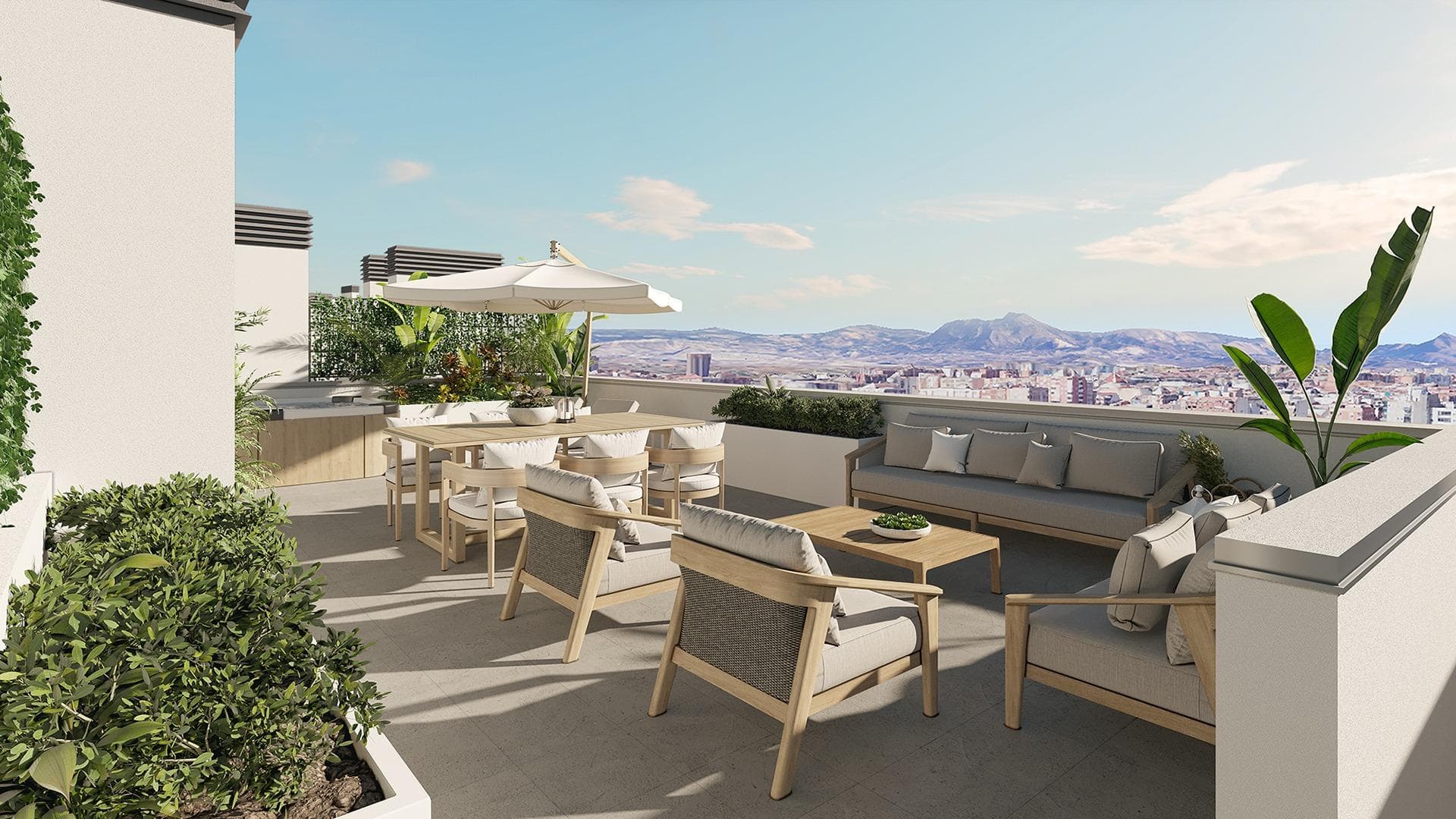 Nybygget boligprosjekt i San Agustín, Alicante, med fantastisk utsikt over byen

Drømmeboligen din med førsteklasses beliggenhet og panoramautsikt
Oppdag ditt nye hjem i det ettertraktede San Agustín-området i Alicante, der moderne livsstil møter pittoreske landskap. Dette eksklusive boligkomplekset, som ligger i nærheten av Pau II, tilbyr 48 vakkert designede leiligheter med 2 eller 3 soverom. Bofellesskapet har et felles svømmebasseng, frodige hager og inkluderer en garasjeplass og bod for ekstra bekvemmelighet.

Eksklusive fasiliteter for en komfortabel livsstil
Nyt en rekke fasiliteter som er designet for å forbedre livskvaliteten din. Ni av toppleilighetene i komplekset har private solarier som er tilgjengelige direkte fra leilighetene, med fantastisk utsikt over Alicante og det ikoniske Santa Barbara-slottet. I tillegg er det en sikker sykkelparkering som gjør det enkelt å leve en aktiv livsstil.

Ditt nye hjem har sentralisert aerotermisk vannoppvarming for energieffektivitet og komfort året rundt, med integrert klimaanlegg (varmt/kaldt) som distribueres gjennom kanaler. Tømrerarbeid av høy kvalitet i PVC eller aluminium med termisk og akustisk isolasjon sørger for et fredelig og klimaeffektivt miljø.

Praktisk forbindelse til alt du trenger
Prosjektet ligger mellom Gran Vía og Vía Parque, og har gode forbindelser til sentrum og store gjennomfartsårer som motorveien A7. Den sentrale beliggenheten er ideell for familier og profesjonelle, med ni utdanningsinstitusjoner på alle nivåer i umiddelbar nærhet.

For daglige behov finner du fire store supermarkeder og Isla de Corfú kjøpesenter i nærheten, som tilbyr treningssentre, restauranter og en rekke butikker. Alt du trenger er innen gangavstand, slik at du kan la bilen stå hjemme.

Et nabolag rikt på tilgjengelighet og naturskjønnhet
San Agustín-området ligger på toppen av en liten høyde, med panoramautsikt over byens skyline, Monte Benacantil og de omkringliggende fjellene. Alicantes middelhavsklima gjør det til en fryd å bo utendørs året rundt, med mange grønne områder og fritidsaktiviteter i nærheten.

Viktige avstander:
Alicante sentrum: 2 km
Alicante-Elche flyplass: 14 km
Playa de San Juan (strand): 6 km
Alicante golfbane: 7 km
Alicantes havn: 5 km

Opplev det beste av livet i Alicante
Alicantes eksepsjonelle klima, livlige kultur og utmerkede infrastruktur gjør byen til en av Spanias mest attraktive byer å bo i. Dette nye boligprosjektet i San Agustín kombinerer stilig design med en uslåelig beliggenhet, noe som gjør det til det ideelle stedet for ditt neste kapittel.

Kontakt oss i dag for å avtale et besøk og gjøre dette drømmehjemmet til ditt!