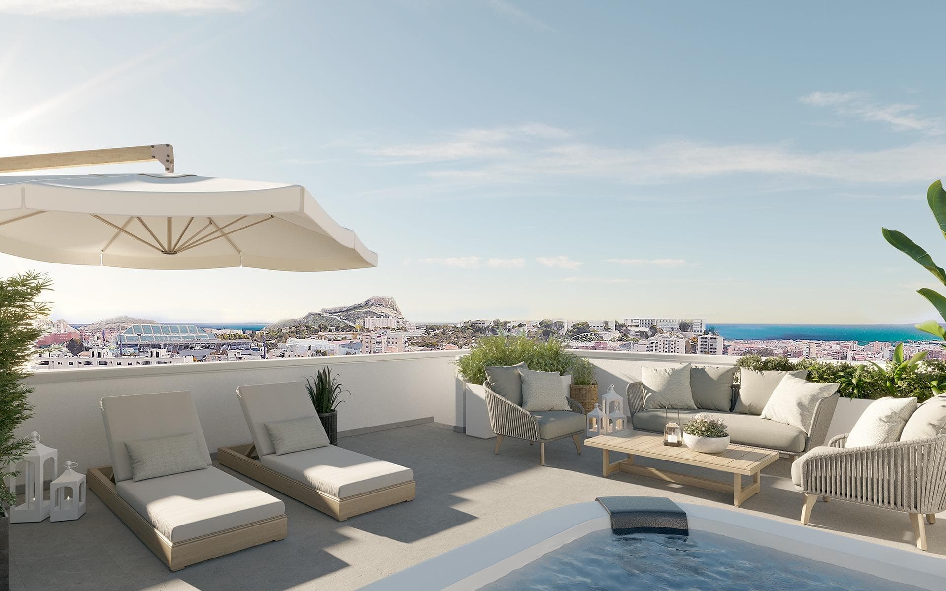Newly built residential in San Agustin, Alicante, with stunning views of the city and the sea.

The house of your dreams in a privileged location with panoramic views.
Enjoy beautiful views of the sea and the castle. Discover your new home in Alicante's sought-after San Agustín neighbourhood, where modern living meets picturesque scenery. This exclusive residential complex, located close to Pau II, offers 28 beautifully designed flats with 2 or 3 bedrooms. The community boasts a communal swimming pool, lush gardens and children's area, and includes a garage space and storage room for added convenience.

Exclusive amenities for a comfortable lifestyle
Enjoy a range of amenities designed to enhance your quality of life. Seven penthouses in the complex have private solariums directly accessible from the flats, offering breathtaking views of Alicante, the sea and the iconic Santa Barbara Castle. Additional amenities include secure bicycle parking, making it easy to adopt an active lifestyle.

Your new home features centralized aerothermal water heating for energy efficiency and year-round comfort with integrated air conditioning (hot/cold) distributed through ducts. High-quality PVC or aluminum carpentry with thermal and acoustic insulation ensures a peaceful, climate-efficient environment.

Conveniently Connected to Everything You Need
Located between Gran Vía and Vía Parque, the development offers excellent connectivity to the city center and major thoroughfares like the A7 highway. The central location is ideal for families and professionals, with nine educational institutions of all levels within close proximity.

For daily needs, you’ll find four large supermarkets and the Isla de Corfú Shopping Center nearby, offering gyms, restaurants, and a variety of shops. Everything you need is within walking distance, allowing you to leave your car at home.

A Neighborhood Rich in Accessibility and Natural Beauty
The San Agustín neighborhood sits atop a gentle hill, offering panoramic views of the city skyline, Monte Benacantil, and surrounding mountains. Alicante’s Mediterranean climate makes outdoor living a joy year-round, with plenty of green spaces and leisure options nearby.

Key distances:
Alicante city center: 2 km
Alicante-Elche Airport: 14 km
Playa de San Juan (beach): 6 km
Alicante Golf Course: 7 km
Port of Alicante: 5 km

Experience the Best of Alicante Living
Alicante’s exceptional climate, vibrant culture, and excellent infrastructure make it one of Spain’s most desirable cities to call home. This new residential development in San Agustín combines stylish design with an unbeatable location, making it the ideal place for your next chapter.

Contact us today to schedule a visit and make this dream home yours!