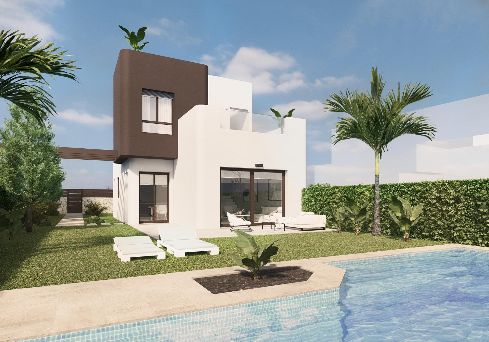New Construction Villas on the Frontline of Lo Romero Golf

Luxury Villas in Lo Romero Golf Resort
Discover 7 exclusive new construction villas situated on the frontline of Lo Romero Golf, offering a perfect blend of luxury, comfort, and breathtaking views of the golf course. These residences stand out for their prime location and modern architectural design, ideal for discerning buyers looking for a smart investment and an exceptional quality of life.

Modern Design with Premium Features
Each villa boasts a sophisticated, contemporary style with high-end finishes. The homes include 3 spacious bedrooms, 3 bathrooms, an open-plan kitchen connected to the living room, built-in wardrobes, and private gardens with a swimming pool. Additional features include:

Reinforced security entrance doors
Motorized blinds matching the carpentry, with thermal and acoustic insulation
Double-glazed Climalit windows with anti-breakage safety glass
Aerothermal water heating system for energy efficiency
Photovoltaic solar panels for electrical energy production
Pre-installation of ducted air conditioning
Carport with a pergola in elegant oxidized brown tones
Natural stone masonry walls separating the private gardens and the golf course

Prime Location in Pilar de la Horadada
Located in the charming Lo Romero Golf Resort, the villas enjoy a privileged setting in Pilar de la Horadada, a quintessential Spanish town in southern Costa Blanca. The 18-hole golf course is surrounded by beautiful landscapes and lies just a short drive from crystal-clear Mediterranean beaches.

Proximity to Key Points of Interest
Beaches: The pristine beaches of Torre de la Horadada and Mil Palmeras are just 6 km away, offering fine sand scenic promenades.
Shopping: Supermarkets, shops, and dining options in Pilar de la Horadada’s vibrant main street are only a 5-minute drive.
Airports: Murcia-Corvera Airport is 40 minutes away (approximately 45 km), and Alicante-Elche Airport is a 55-minute drive (about 75 km).
Golf: Enjoy immediate access to the Lo Romero Golf course, making this a golfer’s paradise.
Nearby Cities: Excellent road connections link you to Alicante and Murcia for cultural excursions and city amenities.

Enjoy the Costa Blanca Lifestyle
Pilar de la Horadada combines traditional Spanish charm with modern amenities. Stroll through lively squares, savor Mediterranean cuisine at local restaurants, and experience the relaxed coastal lifestyle.

Make Your Dream Home a Reality
Don’t miss this unique opportunity to own a frontline golf villa with unmatched quality and location. Contact us today to schedule a viewing and start enjoying the Costa Blanca lifestyle!