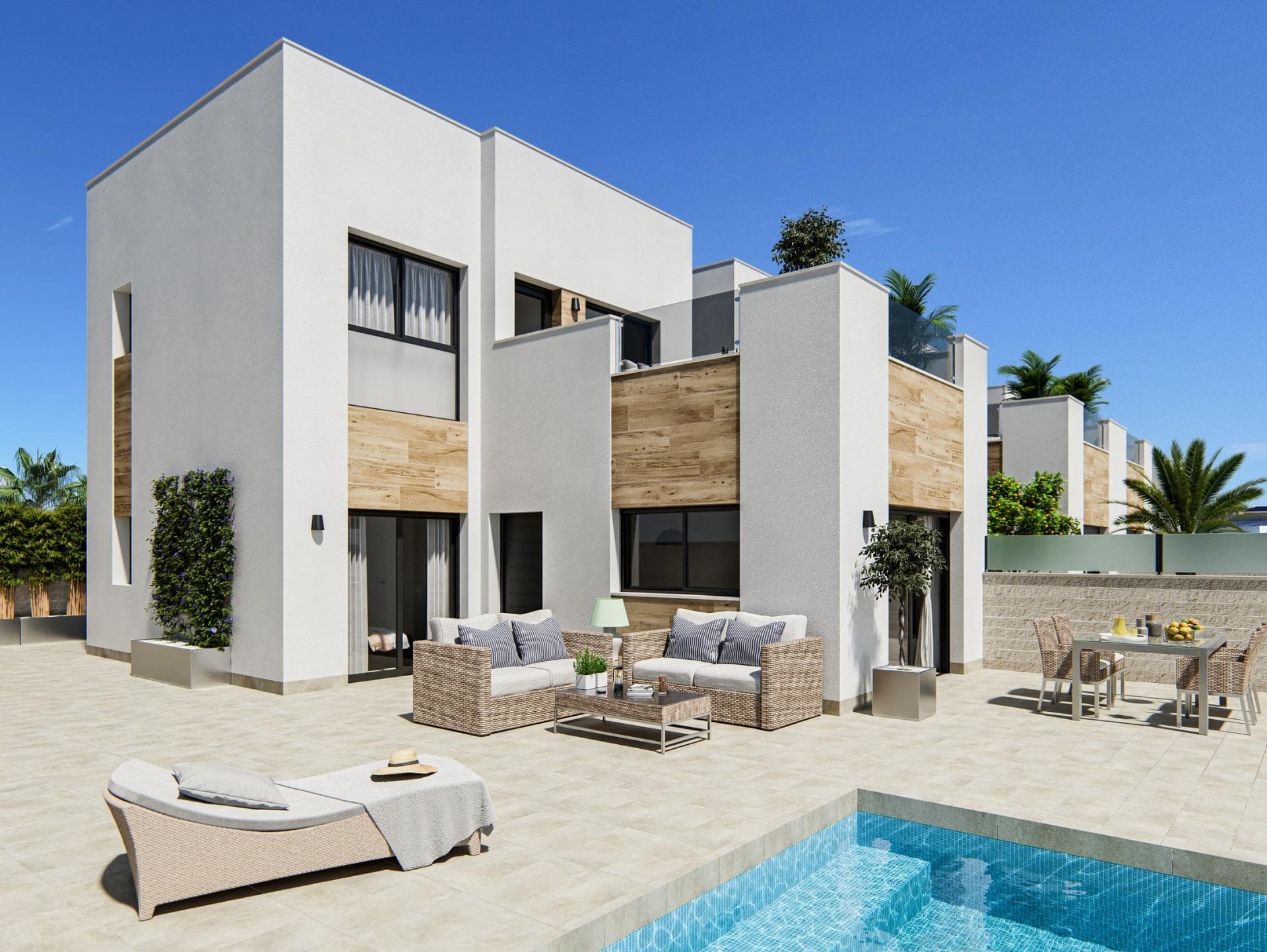 Villas modernas de nueva construcción en Benijófar con piscina privada&#13;&#13;Una ubicación privilegiada en Benijófar&#13;Enclavado en el encantador pueblo de Benijófar, este nuevo complejo residencial ofrece la mezcla perfecta de diseño moderno y un tranquilo estilo de vida mediterráneo. Situado a sólo 7 km de las hermosas playas de Guardamar del Segura, Benijófar es un pueblo tranquilo rodeado de naturaleza y servicios esenciales. Por su proximidad al río Segura, sus pintorescos paisajes y su vibrante comunidad, es un destino ideal para quienes buscan un estilo de vida sereno pero conectado.&#13;&#13;Amplias villas con un cuidado diseño&#13;Esta promoción cuenta con cuatro modernas villas, todas ellas cuidadosamente diseñadas para ofrecer comodidad y funcionalidad. Estas casas de dos plantas ofrecen:&#13;&#13;3 dormitorios y 2,5 baños: Un dormitorio y un baño con aseo de invitados en la planta baja, y dos dormitorios adicionales con un baño compartido y una gran terraza en la primera planta.&#13;Espacios de vida de concepto abierto: Un amplio salón con una cocina abierta contemporánea, perfectamente conectada con el jardín y la piscina privada a través de puertas correderas de cristal.&#13;&#13;Características y servicios de alta calidad&#13;Estas villas están construidas con los más altos estándares, con características de primera calidad que mejoran la comodidad y la sostenibilidad:&#13;Carpintería exterior de aluminio con rotura de puente térmico para un aislamiento óptimo.&#13;Persianas de aluminio motorizadas.&#13;Puerta de entrada reforzada para mayor seguridad.&#13;Baños con duchas acristaladas.&#13;Iluminación LED en todo el interior y exterior.&#13;Instalación completa de aire acondicionado y calefacción por conductos (Johnson o similar).&#13;Piscina privada con ducha.&#13;Placas solares fotovoltaicas de 1,5 kW de potencia para eficiencia energética.&#13;Sistema de ósmosis en la cocina para agua purificada.&#13;&#13;Ubicación conveniente y atracciones cercanas&#13;Benijófar está perfectamente situado con una excelente conectividad a los principales puntos de interés:&#13;Aeropuerto de Alicante: 30 km (aproximadamente 30 minutos en coche).&#13;Playas de Guardamar: 7 km (15 minutos en coche), con más de 11 km de arena blanca y aguas cristalinas.&#13;Campos de Golf: Varios campos de renombre en las inmediaciones, ideales para los amantes del golf.&#13;Parques Acuáticos: Opciones llenas de diversión en Rojales y Torrevieja, a pocos minutos.&#13;Servicios Locales: Supermercados, farmacias, bancos, restaurantes y un encantador parque natural a poca distancia.&#13;&#13;Su casa mediterránea de ensueño le espera&#13;Disfrute de la vida moderna en un entorno tranquilo con estas excepcionales villas en Benijófar. Perfectas para familias o como inversión, estas casas ofrecen todo lo necesario para un lujoso estilo de vida mediterráneo. Póngase en contacto con nosotros hoy mismo para concertar una visita o para obtener más información.&#13;