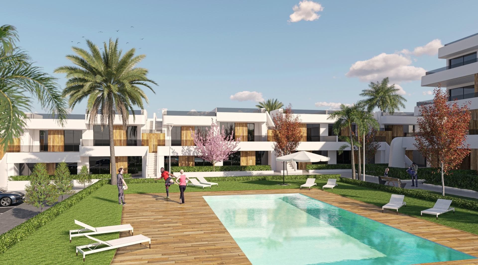 NYBYGG BUNGALOW LEILIGHETER I CONDADO DE ALHAMA GOLFBANE

Nybygg eksklusivt kompleks med 18 bungalowleiligheter i Condado de Alhama.

Vakre bungalower med 2 eller 3 soverom og 2 bad, designet med tanke på innbyggernes velvære og livskvalitet.

Residential tilbyr romslige fellesarealer, inkludert flere felles svømmebassenger, hvorav ett er oppvarmet, hvor du kan nyte øyeblikk av avslapning og moro. 

I tillegg har komplekset anlagte områder for å spasere og nyte omgivelsene, samt parkeringsområder designet for beboernes bekvemmelighet.

Bungalowene i første etasje har 3 soverom og sjenerøse hager, ideelle for å tilbringe tid utendørs og organisere sammenkomster med familie og venner. 

De øverste etasjene har derimot 2 soverom og et romslig solarium som lar deg få mest mulig ut av sollyset og utsikten over de naturlige omgivelsene.

Condado de Alhama Golf Resort er et fantastisk golfanlegg med mange fasiliteter og tjenester. Et kjøpesenter, et sportssenter, en rekke barer og restauranter, supermarkeder og over 25 felles svømmebassenger og hager.

Condado de Alhama Golf Resort har sin egen Jack Nicklaus-designede golfbane og ligger bare 15 minutter fra de vakre strendene i Bolnuevo og Mazarron.
Mazarron har over 35 km kystlinje, hvorav mye er uberørt kystlinje. Mange strender i Mazarron-bukten har blitt tildelt det blå flagget for sin kvalitet.

Condado de Alhama Golf Resort ligger bare 20 minutter fra den nye internasjonale flyplassen Corvera.