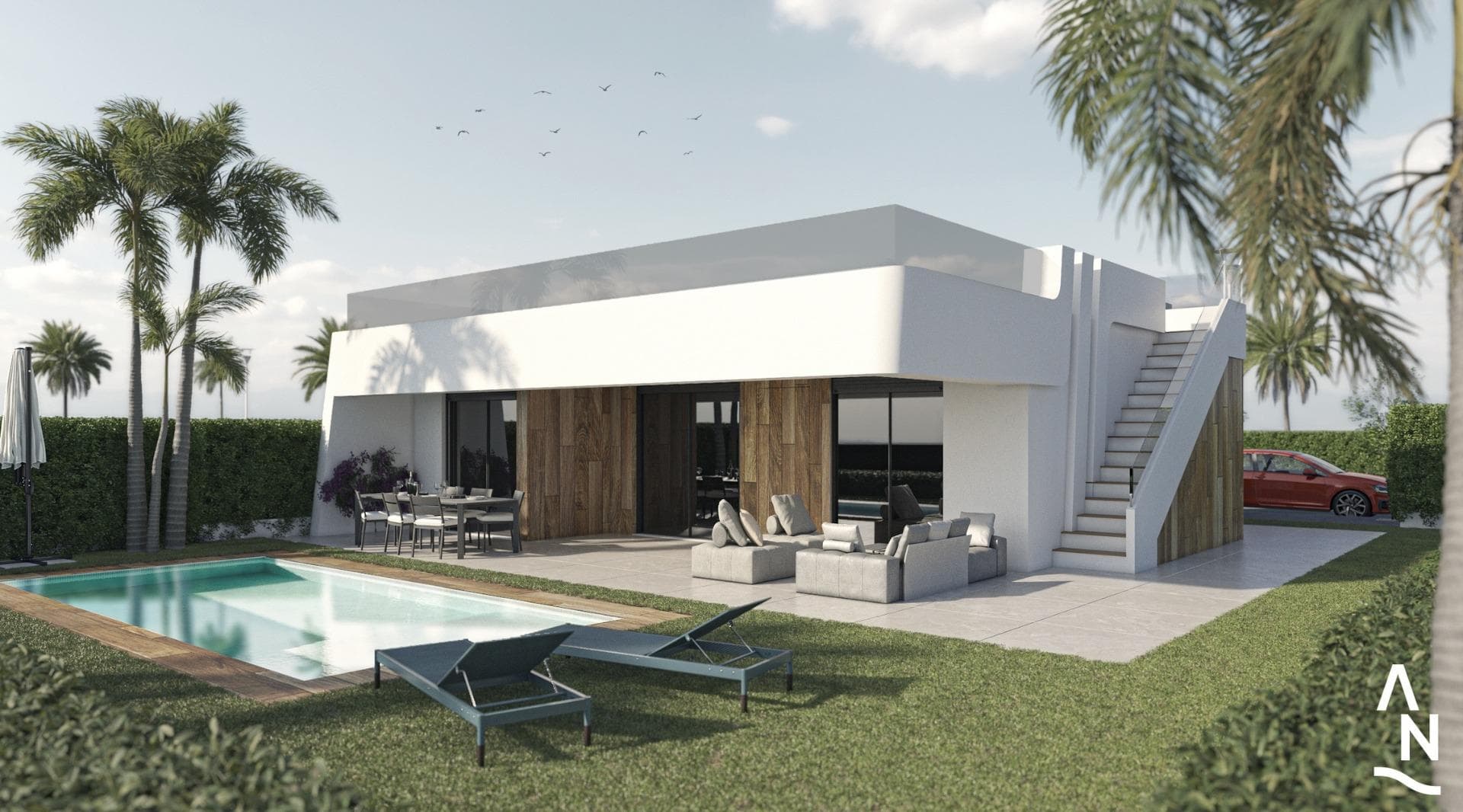 NYBYGGDE VILLAER I CONDADO DE ALHAMA GOLFBANE

 Nybygget boligkompleks med villaer og leiligheter i Condado de Alhama.

 Det er 11 uavhengige villaer, med privat svømmebasseng, solarium og utendørs parkeringsplass, med store terrasserte områder sørvendt og sommerkjøkken, hvor du kan nyte solen hele året.

 Disse vakre villaene, bygget med de høyeste kvalitetsstandardene, har 2, 3 eller 4 soverom og 2 eller 3 fullt utstyrte bad. Villaene er designet med en moderne stil og et åpent planløsningskonsept, som består av et utstyrt kjøkken og en stue/spisestue.

 Utbyggingen ligger i Condado de Alhama, Murcia, innenfor et luksuriøst feriested, med sportsområder og omgitt av natur, alle tjenester og flere golfbaner.

 Eiendommen vil oppfylle de høyeste standarder og vil være utstyrt med:
 Privat svømmebasseng med solenergidusj og store grøntområder.
 Kjøkken komplett møblert og utstyrt med stekeovn og mikrobølgeovn forhøyet og i søyle, integrert kjøleskap og oppvaskmaskin, induksjonstopp og avtrekksvifte.
 Belysning: inne i eiendommen (spisestue, kjøkken, korridorer og bad), samt i uteområder.
 Fôrede garderober med skuffer og hyller.
 Fullt utstyrt bad med servantskap, nedhengt toalett, speil, vegghengt dusj, dusjvegger og strålevarme på gulv.
 Pre-installasjon for kanalklimaanlegg.
 Sommerkjøkken på solarium.
 Solarium.
 Utendørs parkeringsplass.
 Ladepunkter for elbiler.

 Condado de Alhama Golf Resort er et fantastisk golfanlegg med mange fasiliteter og tjenester. Et kjøpesenter, et sportssenter, en rekke barer og restauranter, supermarkeder og over 25 felles svømmebasseng og hager.

 Condado de Alhama Golf Resort har sin egen Jack Nicklaus-designede golfbane og ligger kun 15 minutter fra de vakre strendene Bolnuevo og Mazarron.
 Mazarron har over 35 km kystlinje, hvorav mye er uberørt kystlinje. Tallrike strender i Mazarron-bukten har blitt tildelt Blått Flagg for sin kvalitet.

 Condado de Alhama Golf Resort ligger kun 20 minutter fra den nye Corvera internasjonale lufthavn.