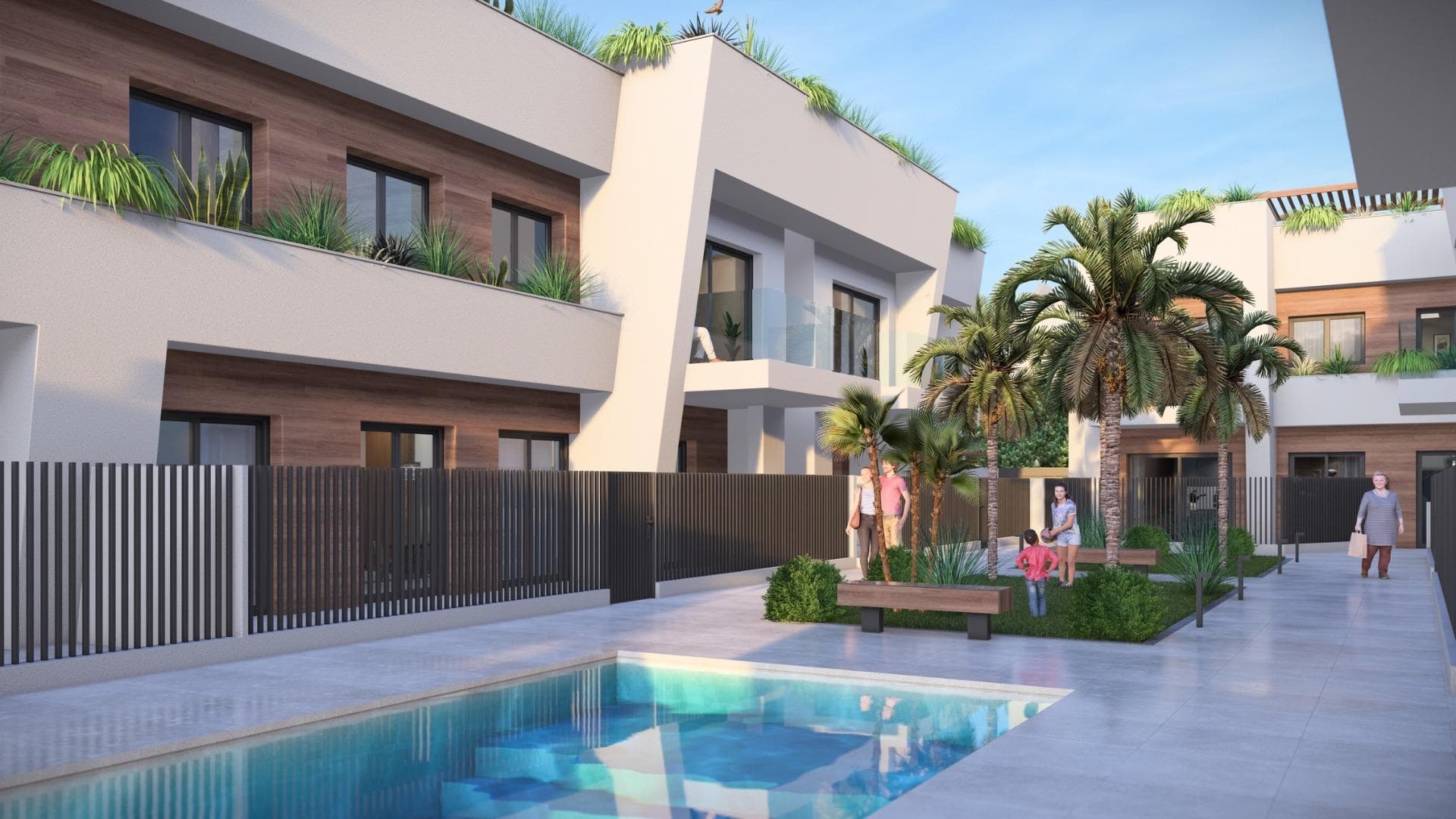 Nybygde boliger i Torre-Pacheco, Costa Cálida

Moderne bungalower med eksepsjonelle funksjoner
Oppdag et nytt boligkompleks i Torre-Pacheco, som tilbyr 24 stilige bungalower med 2 eller 3 soverom. Velg mellom boliger på bakkeplan med romslige terrasser eller i første etasje med private terrasser og solarium. Hvert solarium har en pergola, en grillplass og forsterket tak, perfekt for å installere et boblebad. Alle boligene har egen parkeringsplass og fullt installert klimaanlegg, noe som sikrer komfort året rundt.

Førsteklasses beliggenhet i Torre-Pacheco
Dette prosjektet ligger i hjertet av Torre-Pacheco, med nærhet til alle viktige fasiliteter, inkludert supermarkeder, butikker, barer og restauranter. Det livlige sentrum, med sin sjarmerende spanske atmosfære, ligger innen gangavstand. For strandelskere ligger fantastiske Mar Menor bare en 10-minutters kjøretur unna, med gyllen sand og krystallklart vann.

Nyt fellesskapets enestående fasiliteter
Komplekset har et vakkert anlagt fellesområde med frodige hager og et glitrende basseng, som gir et fredelig tilfluktssted for å slappe av og koble av. Områdets solrike klima, med gjennomsnittlig 320 soldager i året, kompletterer disse uteområdene perfekt.

Omgitt av prisbelønte golfbaner
Torre-Pacheco er et paradis for golfspillere, omgitt av noen av de mest anerkjente golfbanene i Spania. Disse banene ligger bare en kort kjøretur unna, noe som gjør det til et ideelt sted for golfentusiaster.

Strategiske forbindelser til viktige destinasjoner
Murcia internasjonale lufthavn: 20 km (ca. 20 minutter med bil).
Togstasjon: Bare 700 meter unna, og tilbyr praktiske reisealternativer.
Kjøpesentre: Flere store shoppingkomplekser innenfor en radius på 15 km.
Strender: De vakre strendene på Costa Cálida ligger bare 10 km unna.
Havner og marinaer: Den nærmeste marinaen ligger rundt 12 km unna, perfekt for båtliv og vannsport.

En sunnere livsstil venter
Costa Cálida-regionen er kjent for sin eksepsjonelle livskvalitet. Med lav luftfuktighet, ren luft og et subtropisk klima er dette området et av de sunneste i Spania. Den perfekte kombinasjonen av naturlig skjønnhet, havbris og rikelig med sollys gjør Torre-Pacheco til et svært ettertraktet reisemål.

Handle nå for å sikre deg drømmehuset ditt
Ikke gå glipp av denne muligheten til å eie et moderne hjem med førsteklasses beliggenhet. Kontakt oss i dag for å lære mer om dette utrolige prosjektet eller for å avtale en visning!