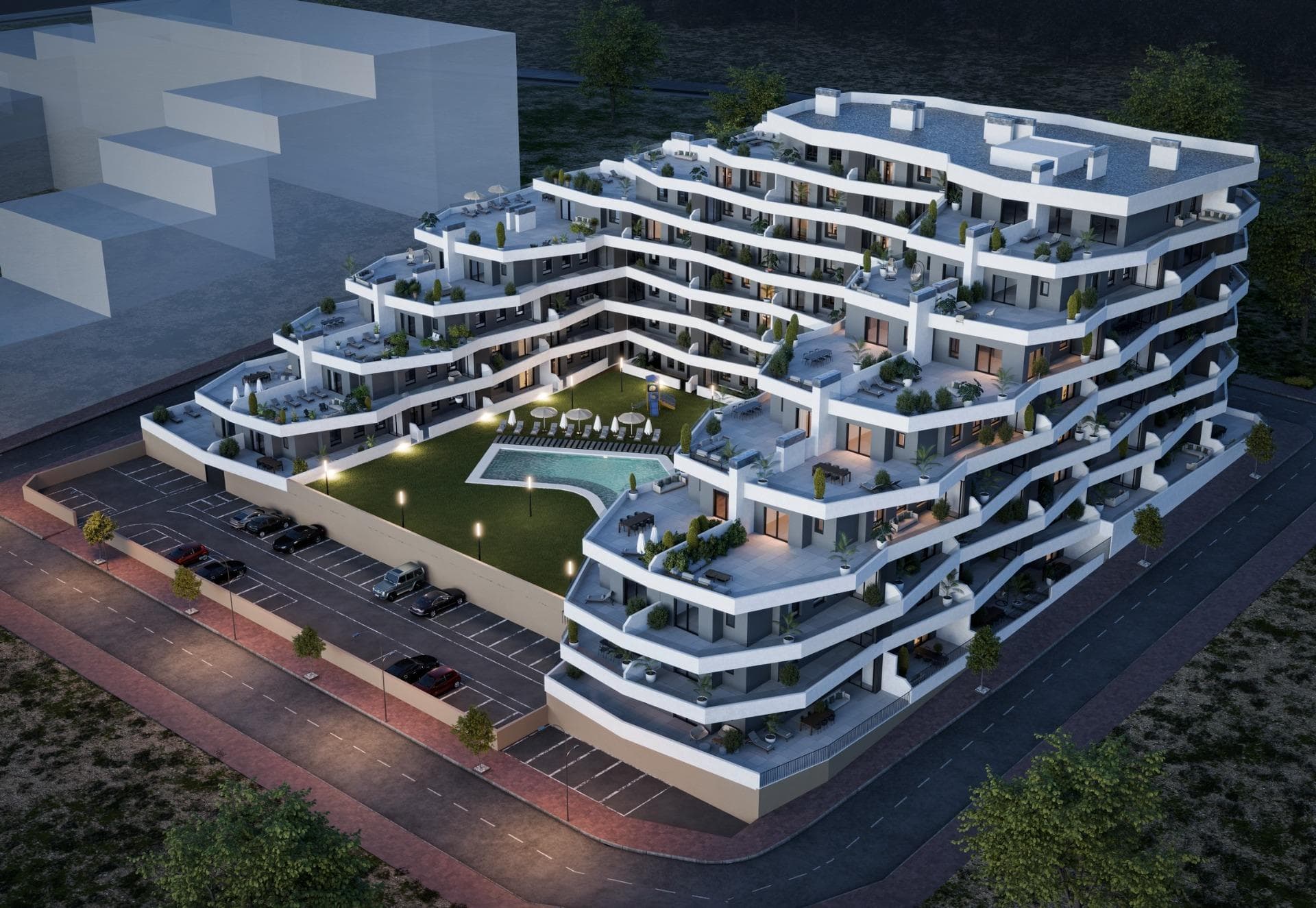 Oppdag det moderne livet i det nye boligprosjektet i San Miguel de Salinas

Romslige leiligheter med fantastiske fasiliteter
Dette nybygde boligkomplekset i San Miguel de Salinas tilbyr moderne 2- og 3-romsleiligheter med store terrasser, fordelt over syv etasjer. Det inngjerdede området tilbyr førsteklasses fasiliteter, inkludert separate svømmebassenger for voksne og barn, frodige grøntområder, en lekeplass for barn og en velværesone for voksne med en biosløyfe.

Førsteklasses beliggenhet på Costa Blanca
Dette prosjektet ligger i den sjarmerende byen San Miguel de Salinas, og har en strategisk beliggenhet på Costa Blanca. Det er innen gangavstand fra sentrum, hvor du finner alle viktige tjenester for dagliglivet, inkludert butikker, restauranter og helsetjenester.

Eiendommen ligger en kort kjøretur fra flere severdigheter:
Las Colinas og Campoamor golfbaner: Bare 7 km unna, perfekt for golfentusiaster.
Strendene i Orihuela Costa og Torrevieja: Ligger omtrent 10 km fra boligen, og tilbyr vakre sandstrender.
Kjøpesentre: Zenia Boulevard, et populært shoppingmål, ligger bare 9 km unna.
Alicante lufthavn: En praktisk kjøretur på 50 km.
Murcia Corvera lufthavn: Omtrent 55 km unna, ideelt for regionale forbindelser.

Spesifikasjoner av høy kvalitet
Alle leilighetene er designet med tanke på moderne finish og funksjonalitet:
Fullt utstyrt kjøkken med induksjonstopp og avtrekkshette.
Gjennomgående gulvbelegg av porselensfliser.
Kompakte rulleskodder for ekstra privatliv og bekvemmelighet.
Hvite, laminerte garderobeskap med overskap på soverommene.
Forhåndsinstallert klimaanlegg i stue og soverom.
Energieffektive aerotermiske varmtvannsberedere med en kapasitet på 150 liter.
I tillegg har alle leilighetene en egen parkeringsplass, og en bod er tilgjengelig mot en ekstra kostnad.

Om San Miguel de Salinas
San Miguel de Salinas er en pittoresk kommune i Vega Baja del Segura-regionen, som er en del av den livlige Valencia-regionen. Byen ligger nær grensen til Murcia, og tilbyr fantastisk utsikt over lagunene Torrevieja og La Mata, i tillegg til et fredelig og familievennlig miljø.

Ditt nye hjem venter på deg
Enten du er ute etter et feriested eller en permanent bolig, kombinerer dette nye prosjektet i San Miguel de Salinas luksus, bekvemmelighet og en uslåelig beliggenhet. Kontakt oss i dag for å planlegge et besøk og ta det første skrittet mot å eie din drømmeeiendom på Costa Blanca!