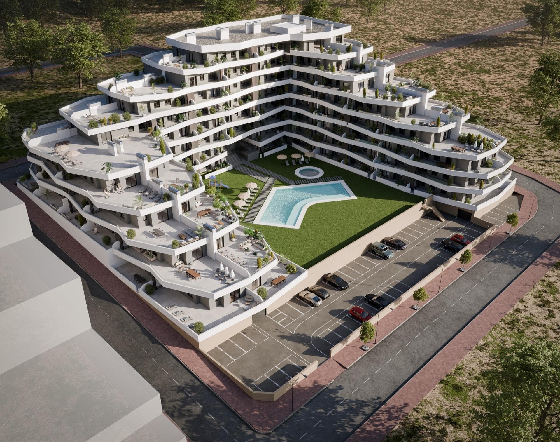 Oppdag det moderne livet i det nye boligprosjektet i San Miguel de Salinas

Romslige leiligheter med fantastiske fasiliteter
Dette nybygde boligkomplekset i San Miguel de Salinas tilbyr moderne 2- og 3-romsleiligheter med store terrasser, fordelt over syv etasjer. Det inngjerdede området tilbyr førsteklasses fasiliteter, inkludert separate svømmebassenger for voksne og barn, frodige grøntområder, en lekeplass for barn og en velværesone for voksne med en biosløyfe.

Førsteklasses beliggenhet på Costa Blanca
Dette prosjektet ligger i den sjarmerende byen San Miguel de Salinas, og har en strategisk beliggenhet på Costa Blanca. Det er innen gangavstand fra sentrum, hvor du finner alle viktige tjenester for dagliglivet, inkludert butikker, restauranter og helsetjenester.

Eiendommen ligger en kort kjøretur fra flere severdigheter:
Las Colinas og Campoamor golfbaner: Bare 7 km unna, perfekt for golfentusiaster.
Strendene i Orihuela Costa og Torrevieja: Ligger omtrent 10 km fra boligen, og tilbyr vakre sandstrender.
Kjøpesentre: Zenia Boulevard, et populært shoppingmål, ligger bare 9 km unna.
Alicante lufthavn: En praktisk kjøretur på 50 km.
Murcia Corvera lufthavn: Omtrent 55 km unna, ideelt for regionale forbindelser.

Spesifikasjoner av høy kvalitet
Alle leilighetene er designet med tanke på moderne finish og funksjonalitet:
Fullt utstyrt kjøkken med induksjonstopp og avtrekkshette.
Gjennomgående gulvbelegg av porselensfliser.
Kompakte rulleskodder for ekstra privatliv og bekvemmelighet.
Hvite, laminerte garderobeskap med overskap på soverommene.
Forhåndsinstallert klimaanlegg i stue og soverom.
Energieffektive aerotermiske varmtvannsberedere med en kapasitet på 150 liter.
I tillegg har alle leilighetene en egen parkeringsplass, og en bod er tilgjengelig mot en ekstra kostnad.

Om San Miguel de Salinas
San Miguel de Salinas er en pittoresk kommune i Vega Baja del Segura-regionen, som er en del av den livlige Valencia-regionen. Byen ligger nær grensen til Murcia, og tilbyr fantastisk utsikt over lagunene Torrevieja og La Mata, i tillegg til et fredelig og familievennlig miljø.

Ditt nye hjem venter på deg
Enten du er ute etter et feriested eller en permanent bolig, kombinerer dette nye prosjektet i San Miguel de Salinas luksus, bekvemmelighet og en uslåelig beliggenhet. Kontakt oss i dag for å planlegge et besøk og ta det første skrittet mot å eie din drømmeeiendom på Costa Blanca!