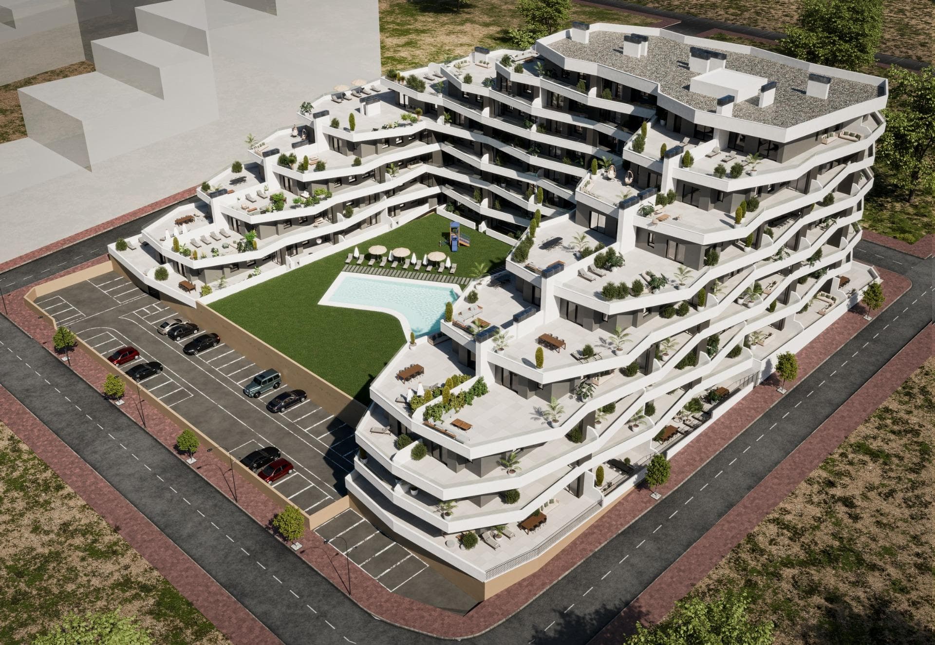 Oppdag det moderne livet i det nye boligprosjektet i San Miguel de Salinas

Romslige leiligheter med fantastiske fasiliteter
Dette nybygde boligkomplekset i San Miguel de Salinas tilbyr moderne 2- og 3-romsleiligheter med store terrasser, fordelt over syv etasjer. Det inngjerdede området tilbyr førsteklasses fasiliteter, inkludert separate svømmebassenger for voksne og barn, frodige grøntområder, en lekeplass for barn og en velværesone for voksne med en biosløyfe.

Førsteklasses beliggenhet på Costa Blanca
Dette prosjektet ligger i den sjarmerende byen San Miguel de Salinas, og har en strategisk beliggenhet på Costa Blanca. Det er innen gangavstand fra sentrum, hvor du finner alle viktige tjenester for dagliglivet, inkludert butikker, restauranter og helsetjenester.

Eiendommen ligger en kort kjøretur fra flere severdigheter:
Las Colinas og Campoamor golfbaner: Bare 7 km unna, perfekt for golfentusiaster.
Strendene i Orihuela Costa og Torrevieja: Ligger omtrent 10 km fra boligen, og tilbyr vakre sandstrender.
Kjøpesentre: Zenia Boulevard, et populært shoppingmål, ligger bare 9 km unna.
Alicante lufthavn: En praktisk kjøretur på 50 km.
Murcia Corvera lufthavn: Omtrent 55 km unna, ideelt for regionale forbindelser.

Spesifikasjoner av høy kvalitet
Alle leilighetene er designet med tanke på moderne finish og funksjonalitet:
Fullt utstyrt kjøkken med induksjonstopp og avtrekkshette.
Gjennomgående gulvbelegg av porselensfliser.
Kompakte rulleskodder for ekstra privatliv og bekvemmelighet.
Hvite, laminerte garderobeskap med overskap på soverommene.
Forhåndsinstallert klimaanlegg i stue og soverom.
Energieffektive aerotermiske varmtvannsberedere med en kapasitet på 150 liter.
I tillegg har alle leilighetene en egen parkeringsplass, og en bod er tilgjengelig mot en ekstra kostnad.

Om San Miguel de Salinas
San Miguel de Salinas er en pittoresk kommune i Vega Baja del Segura-regionen, som er en del av den livlige Valencia-regionen. Byen ligger nær grensen til Murcia, og tilbyr fantastisk utsikt over lagunene Torrevieja og La Mata, i tillegg til et fredelig og familievennlig miljø.

Ditt nye hjem venter på deg
Enten du er ute etter et feriested eller en permanent bolig, kombinerer dette nye prosjektet i San Miguel de Salinas luksus, bekvemmelighet og en uslåelig beliggenhet. Kontakt oss i dag for å planlegge et besøk og ta det første skrittet mot å eie din drømmeeiendom på Costa Blanca!