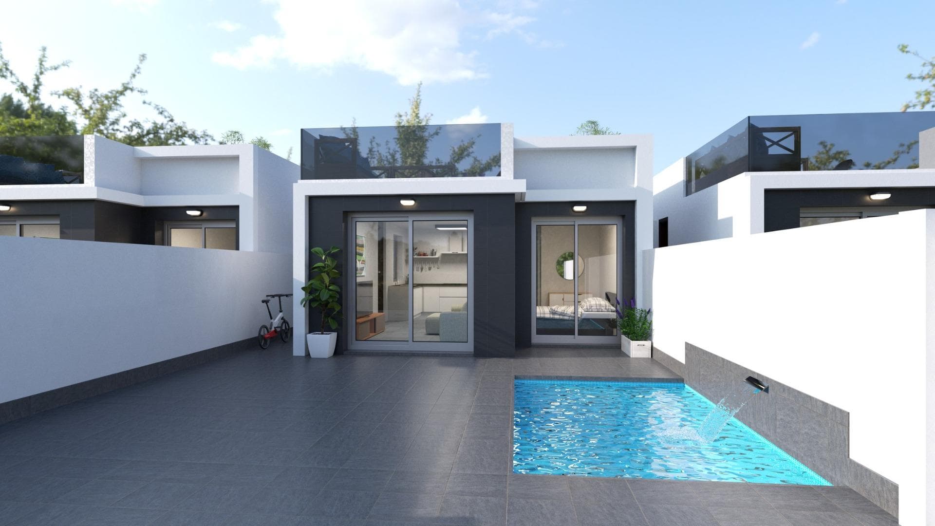 Eksklusive nybyggede villaer i San Javier, Murcia

Moderne livsstil med private bassenger og førsteklasses funksjoner
Dette eksklusive nybyggingsprosjektet tilbyr kun tre uavhengige villaer, alle designet med moderne estetikk og med private svømmebassenger med fossefall. Disse enetasjes boligene ligger i San Javier, Murcia, og har tre romslige soverom, to moderne bad, et privat solarium og parkering på tomten. Den åpne planløsningen integrerer et fullt møblert kjøkken og en lys stue med spiseplass, noe som skaper et sømløst og stilig bomiljø.

Førsteklasses beliggenhet i San Javier
Disse villaene ligger i den livlige byen San Javier, omgitt av et vell av fasiliteter, inkludert butikker, restauranter og idrettsanlegg. De fantastiske strendene i Mar Menor ligger bare 4 km unna, perfekt for avslapping ved det rolige, varme vannet, mens Middelhavskysten ligger bare en 10-minutters kjøretur unna. Golfentusiaster vil sette pris på nærheten til flere anerkjente golfbaner, som Roda Golf og Mar Menor Golf, som ligger innenfor en radius på 10 km.

Funksjoner designet for moderne komfort
Hver villa er bygget etter de høyeste standarder, noe som sikrer komfort og energieffektivitet. Viktige funksjoner inkluderer:
Antracitt PVC utvendig snekkerarbeid med termisk brudd og doble vinduer for optimal solbeskyttelse.
Fullt utstyrt kjøkken med integrerte hvitevarer, inkludert kjøleskap, stekeovn, mikrobølgeovn, koketopp, avtrekksvifte og oppvaskmaskin.
Forhåndsinstallasjon av klimaanlegg via kanalsystem.
Aerotermisk varmtvannssystem for miljøvennlig livsstil.
Pansrede inngangsdører med høy sikkerhet og automatiserte kjøretøyporter med videointercom.
Utendørs solarium med sommerkjøkken, perfekt for underholdning.

Tilgjengelighet til viktige severdigheter
San Javier har utmerkede kommunikasjoner, noe som gjør det til et ideelt valg for helårsboende eller som feriebolig.
Murcia-Corvera flyplass: 30 km
Alicante lufthavn: 75 km
Zenia Boulevard kjøpesenter: 30 km
Los Alcázares Marina: 7 km
Golfbaner: Flere innen 10 km

Drømmehuset ditt venter
Nyt den perfekte blandingen av moderne design, førsteklasses funksjoner og en førsteklasses beliggenhet i San Javier. Ikke gå glipp av muligheten til å eie en av disse villaene i begrenset opplag, og opplev det beste av middelhavslivet. Kontakt oss i dag for mer informasjon eller for å avtale en visning.