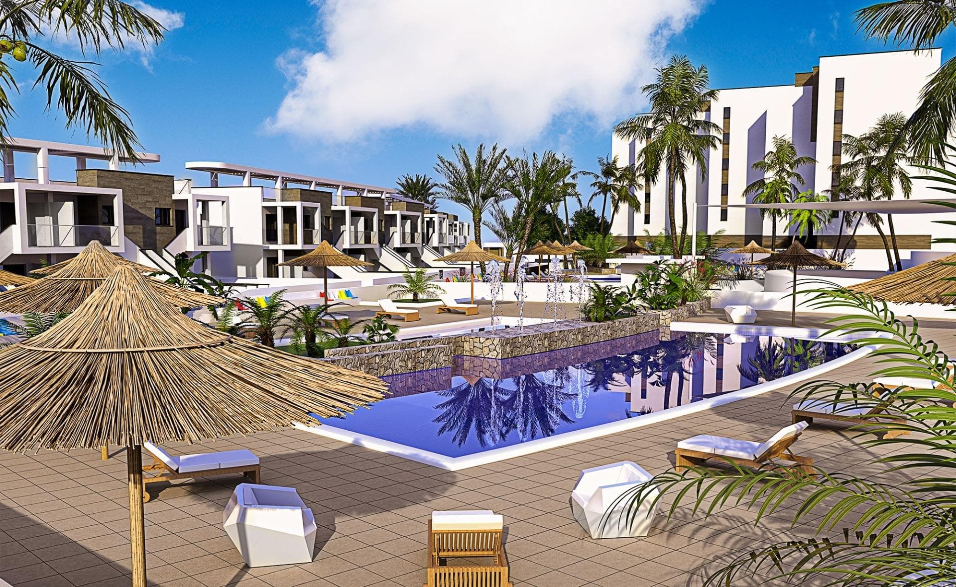 Apartamentos y Bungalows de Obra Nueva en Mil Palmeras

Moderno complejo residencial en una ubicación privilegiada
Descubra un nuevo e impresionante complejo residencial en la encantadora zona costera de Mil Palmeras, que ofrece una selección de apartamentos y bungalows de alta calidad diseñados para satisfacer los estándares de vida modernos. Situado a sólo 600 metros de las playas de Mil Palmeras, este complejo combina confort, estilo y comodidad.

Amplios y elegantes apartamentos y bungalows
Elija entre apartamentos de 2 o 3 dormitorios, cada uno con 2 cuartos de baño y amplias terrazas. También puede optar por bungalows de 2 dormitorios y 2 baños, disponibles en planta baja con jardín privado o en planta alta con solárium exclusivo.

Acabados de alta calidad para una vida moderna
Esta promoción ofrece características y acabados excepcionales:
Carpintería exterior de PVC con rotura de puente térmico y doble acristalamiento «Climalit» de baja emisividad.
Puertas de entrada blindadas para mayor seguridad.
Baños equipados con lavabos, espejos y grifería moderna.
Armarios empotrados con iluminación interior LED, cajones y barras de colgar.
Suministro de agua caliente mediante aerotermia para una mayor eficiencia energética.
Preinstalación de aire acondicionado y calefacción por conductos en salones y dormitorios.
Servicios comunitarios exclusivos

El complejo está totalmente cerrado y cuenta con:
Preciosos jardines comunitarios.
Piscinas de agua cristalina para los residentes.
Plazas de aparcamiento subterráneo opcionales y trasteros para mayor comodidad.

Ubicación privilegiada en Mil Palmeras
Situada entre Campoamor y Torre de la Horadada, esta urbanización ofrece fácil acceso a los servicios locales, colegios, restaurantes e instalaciones deportivas abiertas todo el año. Mil Palmeras es conocida por su encantadora plaza del pueblo y su vibrante «callejón de los restaurantes», que ofrece diversas cocinas internacionales.

Para los entusiastas de la naturaleza, el Parque Natural de Lo Monte, una reserva de aves protegida, y el Parque Natural de Río Seco ofrecen lugares perfectos para practicar senderismo y relajarse.

Proximidad a los principales puntos de interés
Aeropuerto Internacional de Murcia: 40 km (aprox. 45 minutos).
Aeropuerto de Alicante: 75 km (aprox. 45 minutos).
Campos de golf más cercanos: A menos de 10 km.
Centros comerciales: A 8 km de Zenia Boulevard.
Puertos deportivos: A 5 km de Torre de la Horadada.

La casa de sus sueños le espera
No pierda la oportunidad de tener una propiedad en este excepcional complejo residencial. Tanto si busca una casa de vacaciones como una residencia permanente, esta urbanización en Mil Palmeras lo tiene todo. Póngase en contacto con nosotros hoy mismo para obtener más información o para concertar una visita.