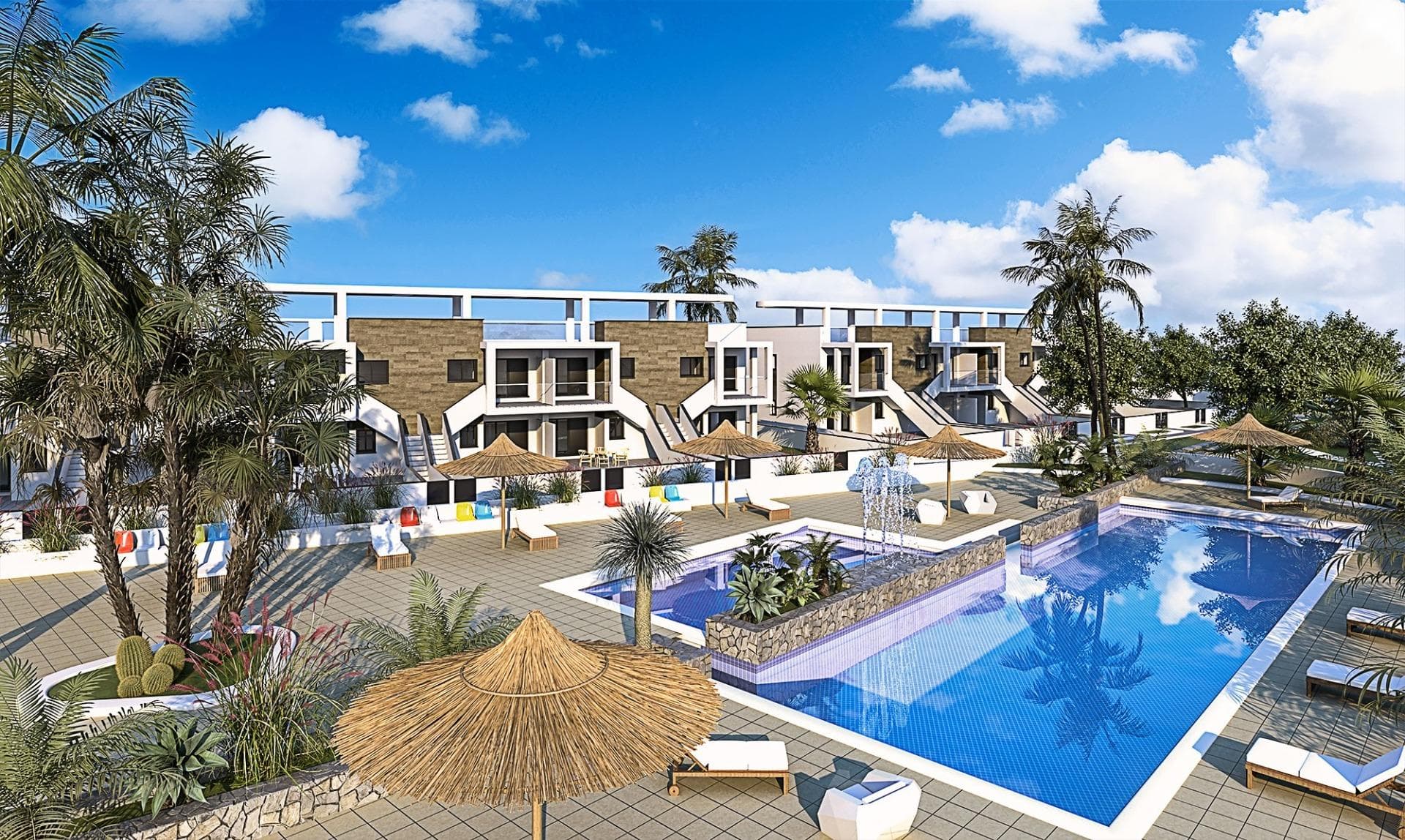Apartamentos y Bungalows de Obra Nueva en Mil Palmeras

Moderno complejo residencial en una ubicación privilegiada
Descubra un nuevo e impresionante complejo residencial en la encantadora zona costera de Mil Palmeras, que ofrece una selección de apartamentos y bungalows de alta calidad diseñados para satisfacer los estándares de vida modernos. Situado a sólo 600 metros de las playas de Mil Palmeras, este complejo combina confort, estilo y comodidad.

Amplios y elegantes apartamentos y bungalows
Elija entre apartamentos de 2 o 3 dormitorios, cada uno con 2 cuartos de baño y amplias terrazas. También puede optar por bungalows de 2 dormitorios y 2 baños, disponibles en planta baja con jardín privado o en planta alta con solárium exclusivo.

Acabados de alta calidad para una vida moderna
Esta promoción ofrece características y acabados excepcionales:
Carpintería exterior de PVC con rotura de puente térmico y doble acristalamiento «Climalit» de baja emisividad.
Puertas de entrada blindadas para mayor seguridad.
Baños equipados con lavabos, espejos y grifería moderna.
Armarios empotrados con iluminación interior LED, cajones y barras de colgar.
Suministro de agua caliente mediante aerotermia para una mayor eficiencia energética.
Preinstalación de aire acondicionado y calefacción por conductos en salones y dormitorios.
Servicios comunitarios exclusivos

El complejo está totalmente cerrado y cuenta con:
Preciosos jardines comunitarios.
Piscinas de agua cristalina para los residentes.
Plazas de aparcamiento subterráneo opcionales y trasteros para mayor comodidad.

Ubicación privilegiada en Mil Palmeras
Situada entre Campoamor y Torre de la Horadada, esta urbanización ofrece fácil acceso a los servicios locales, colegios, restaurantes e instalaciones deportivas abiertas todo el año. Mil Palmeras es conocida por su encantadora plaza del pueblo y su vibrante «callejón de los restaurantes», que ofrece diversas cocinas internacionales.

Para los entusiastas de la naturaleza, el Parque Natural de Lo Monte, una reserva de aves protegida, y el Parque Natural de Río Seco ofrecen lugares perfectos para practicar senderismo y relajarse.

Proximidad a los principales puntos de interés
Aeropuerto Internacional de Murcia: 40 km (aprox. 45 minutos).
Aeropuerto de Alicante: 75 km (aprox. 45 minutos).
Campos de golf más cercanos: A menos de 10 km.
Centros comerciales: A 8 km de Zenia Boulevard.
Puertos deportivos: A 5 km de Torre de la Horadada.

La casa de sus sueños le espera
No pierda la oportunidad de tener una propiedad en este excepcional complejo residencial. Tanto si busca una casa de vacaciones como una residencia permanente, esta urbanización en Mil Palmeras lo tiene todo. Póngase en contacto con nosotros hoy mismo para obtener más información o para concertar una visita.