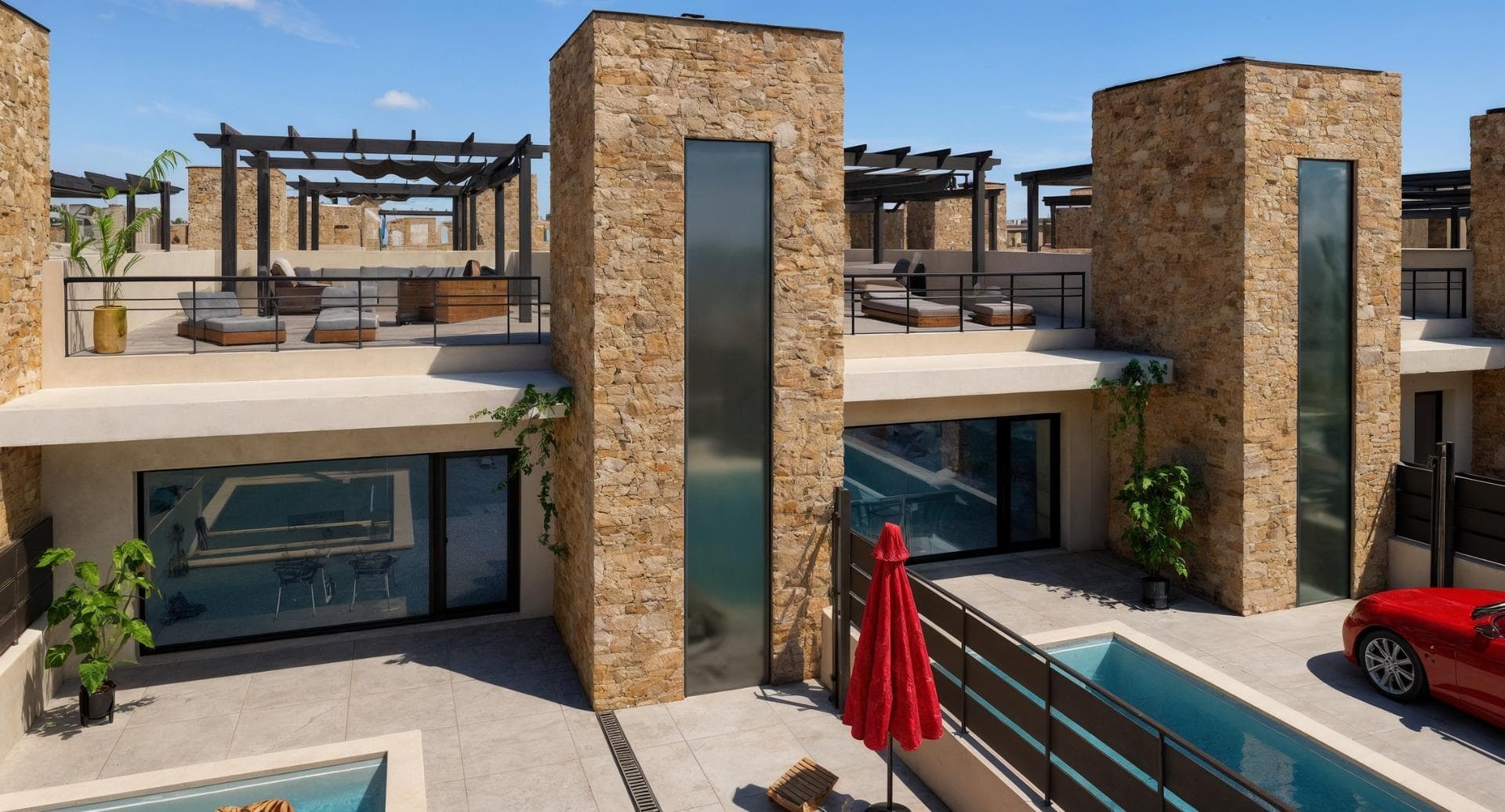 Newly built residential development of villas and townhouses in Fuente Álamo, Murcia.

This location offers an exceptional natural environment, far from the hustle and bustle of big cities and the tourist pressure of the coast. Furthermore, we are committed to working from a sustainable development perspective, minimising our environmental impact and maximising integration with the local community. Here, your dreams of a peaceful and sustainable lifestyle become a reality. Imagine waking up every morning in a stunning natural setting, surrounded by peaceful landscapes and the unique beauty of the Murcian countryside.

This development prioritises energy efficiency, the use of environmentally friendly materials and harmonious integration with the rural environment. From the design of the property to the planning of the development, we strive to reduce our carbon footprint and promote responsible practices in all our operations.

Full ducted air conditioning, hot/cold.
Video intercom system.
Colour-lacquered security access door with lock and anti-vandal security fittings.
Cupboards with storage space, lined inside, lacquered in white.
Kitchen furniture with appliances included.
Hot water by aerothermal energy.
Electric blinds.
Pergolas in solariums.
Private 2.5x4.5m swimming pool with underwater night lighting and salt chlorination system.
Pre-installation for outdoor kitchen/jacuzzi in solarium.

Fuente Álamo de Murcia is a town and municipality in the Region of Murcia, in southern Spain. It is located 22 km northwest of Cartagena and 35 km southwest of Murcia.

The town is located in the Mar Menor basin, surrounded by the Algarrobo, Los Gómez, Los Victorias and Carrascoy mountain ranges. The water from these mountains flows down into the Rambla de Fuente Álamo and then into the Mar Menor.

Fuente Álamo is 30 minutes from Murcia - Corvera airport. Nearest shops 6 km away.