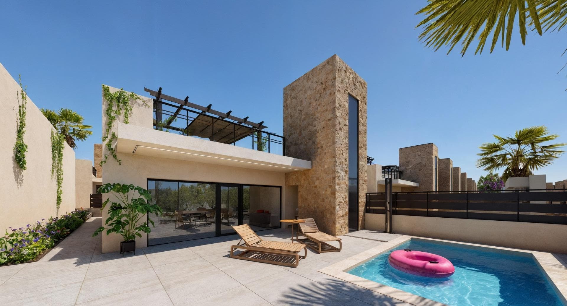 Newly built residential development of villas and townhouses in Fuente Álamo, Murcia.

This location offers an exceptional natural environment, far from the hustle and bustle of big cities and the tourist pressure of the coast. Furthermore, we are committed to working from a sustainable development perspective, minimising our environmental impact and maximising integration with the local community. Here, your dreams of a peaceful and sustainable lifestyle become a reality. Imagine waking up every morning in a stunning natural setting, surrounded by peaceful landscapes and the unique beauty of the Murcian countryside.

This development prioritises energy efficiency, the use of environmentally friendly materials and harmonious integration with the rural environment. From the design of the property to the planning of the development, we strive to reduce our carbon footprint and promote responsible practices in all our operations.

Full ducted air conditioning, hot/cold.
Video intercom system.
Colour-lacquered security access door with lock and anti-vandal security fittings.
Cupboards with storage space, lined inside, lacquered in white.
Kitchen furniture with appliances included.
Hot water by aerothermal energy.
Electric blinds.
Pergolas in solariums.
Private 2.5x4.5m swimming pool with underwater night lighting and salt chlorination system.
Pre-installation for outdoor kitchen/jacuzzi in solarium.

Fuente Álamo de Murcia is a town and municipality in the Region of Murcia, in southern Spain. It is located 22 km northwest of Cartagena and 35 km southwest of Murcia.

The town is located in the Mar Menor basin, surrounded by the Algarrobo, Los Gómez, Los Victorias and Carrascoy mountain ranges. The water from these mountains flows down into the Rambla de Fuente Álamo and then into the Mar Menor.

Fuente Álamo is 30 minutes from Murcia - Corvera airport. Nearest shops 6 km away.