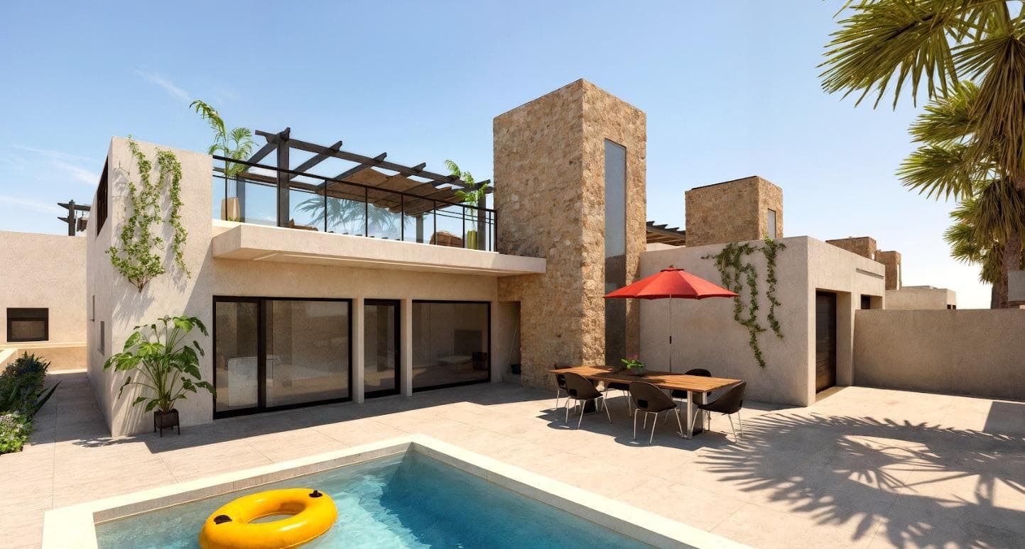 Newly built residential development of villas and townhouses in Fuente Álamo, Murcia.

This location offers an exceptional natural environment, far from the hustle and bustle of big cities and the tourist pressure of the coast. Furthermore, we are committed to working from a sustainable development perspective, minimising our environmental impact and maximising integration with the local community. Here, your dreams of a peaceful and sustainable lifestyle become a reality. Imagine waking up every morning in a stunning natural setting, surrounded by peaceful landscapes and the unique beauty of the Murcian countryside.

This development prioritises energy efficiency, the use of environmentally friendly materials and harmonious integration with the rural environment. From the design of the property to the planning of the development, we strive to reduce our carbon footprint and promote responsible practices in all our operations.

Full ducted air conditioning, hot/cold.
Video intercom system.
Colour-lacquered security access door with lock and anti-vandal security fittings.
Cupboards with storage space, lined inside, lacquered in white.
Kitchen furniture with appliances included.
Hot water by aerothermal energy.
Electric blinds.
Pergolas in solariums.
Private 2.5x4.5m swimming pool with underwater night lighting and salt chlorination system.
Pre-installation for outdoor kitchen/jacuzzi in solarium.

Fuente Álamo de Murcia is a town and municipality in the Region of Murcia, in southern Spain. It is located 22 km northwest of Cartagena and 35 km southwest of Murcia.

The town is located in the Mar Menor basin, surrounded by the Algarrobo, Los Gómez, Los Victorias and Carrascoy mountain ranges. The water from these mountains flows down into the Rambla de Fuente Álamo and then into the Mar Menor.

Fuente Álamo is 30 minutes from Murcia - Corvera airport. Nearest shops 6 km away.