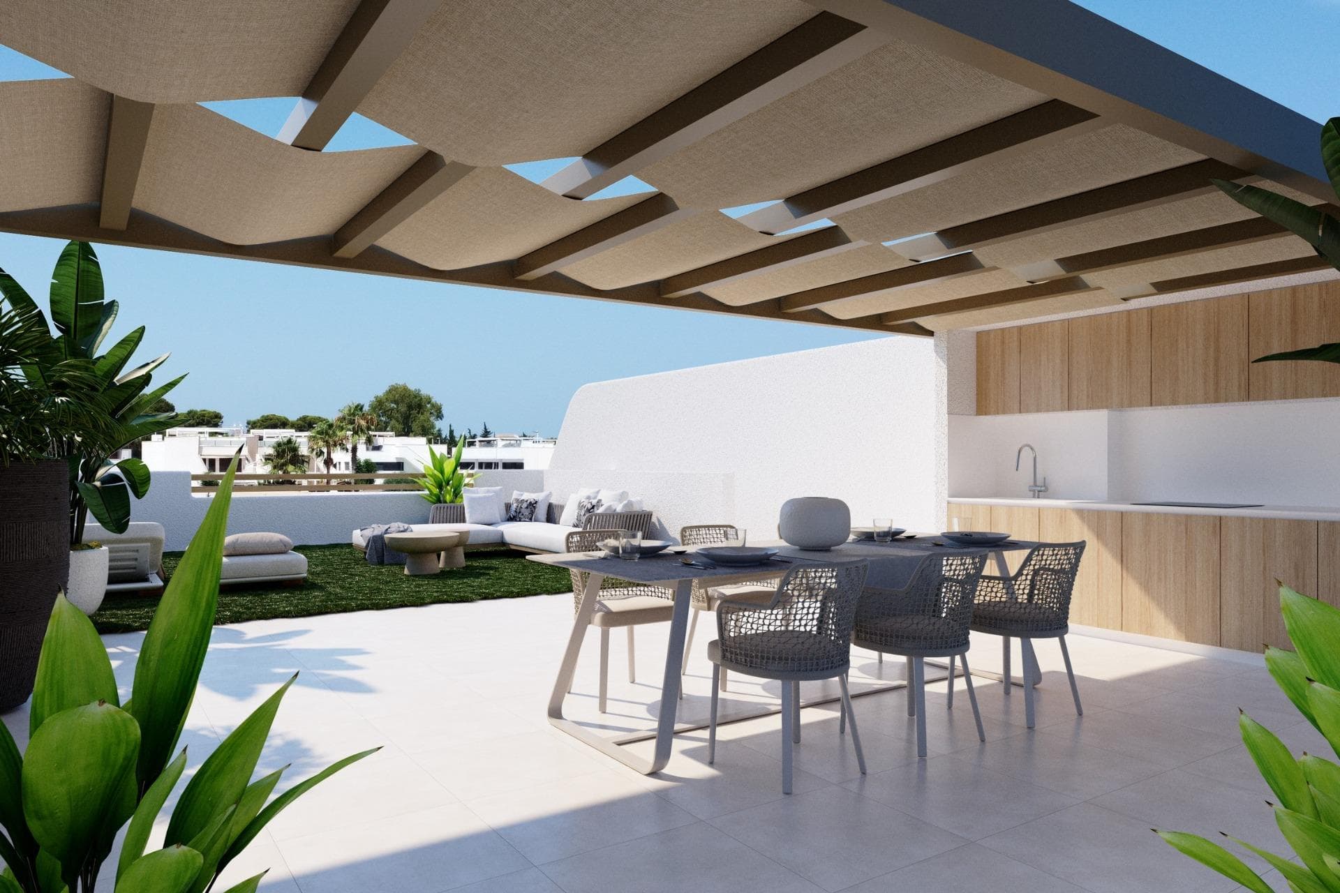 Nybygde bungalower i San Pedro del Pinatar - Moderne livsstil ved sjøen

Eksklusivt boligkompleks med moderne bungalower
Oppdag dette nye boligkomplekset med 8 moderne bungalower i San Pedro del Pinatar, et av de mest ettertraktede stedene på Costa Cálida. Disse moderne boligene har 3 soverom, 2 bad, et åpent kjøkken med en romslig stue, innebygde garderober og en privat terrasse.

Du kan velge mellom:
Bungalower i første etasje med privat hage og parkering på tomten.
Bungalower i toppetasjen med privat solarium, perfekt for å nyte middelhavsklimaet.

Funksjoner av høy kvalitet i hvert eneste hjem
Alle bungalowene har førsteklasses finish og moderne funksjoner for maksimal komfort:
Klimaanlegg inkludert.
Aerotermisk system for energieffektiv varmtvannsproduksjon.
Fullt utstyrt kjøkken med BOSCH-apparater.
Fullt utstyrt bad med møbler, speil, dusjvegger og elektrisk gulvvarme.
Elektriske skodder på alle vinduer.
LED-belysning i hele boligen, både innvendig og utvendig.

Tilleggsfunksjoner for bungalower i toppetasjen:
Aluminiumspergola for skygge og stil.
Utendørs sommerkjøkken, perfekt for underholdning.
Privat parkeringsplass og sykkelbod.

Fellesskapets fasiliteter
Beboerne i dette eksklusive komplekset kan glede seg over
Et vakkert anlagt fellesområde.
Et felles svømmebasseng hvor du kan slappe av og forfriske deg.

Førsteklasses beliggenhet i San Pedro del Pinatar
San Pedro del Pinatar er en privilegert kystby som ligger mellom Mar Menor og Middelhavet. Byen er kjent for sine strender, naturlige gjørmebad og utmerkede nautiske fasiliteter, inkludert marinaer og yachtklubber. Området er et paradis for vannsportentusiaster og tilbyr en avslappet middelhavslivsstil med alle viktige tjenester i nærheten.

San Pedro del Pinatar har et etablert helårssamfunn med tilgang til idrettsanlegg, innendørs svømmebasseng og et livlig sosialt liv, takket være det milde vinterklimaet i regionen. Det berømte Lo Pagán-området har vokst betydelig, og tilbyr et komplett utvalg av fasiliteter, butikker, restauranter og underholdningsmuligheter.

Avstander til viktige severdigheter
Dos Mares kjøpesenter - 5 minutter.
Mar Menor-strendene - 10 minutter.
Murcia-Corvera lufthavn - 30 minutter.
Alicante lufthavn - 1 time.

Invester i kvalitet og livsstil
Disse moderne bungalowene tilbyr en eksepsjonell mulighet til å eie et hjem i et av de mest ettertraktede områdene på Costa Cálida. Enten det er som feriebolig, investering eller permanent bolig, er dette din sjanse til å omfavne middelhavsstilen.

Kontakt oss i dag for å planlegge et besøk og sikre deg ditt drømmehus i San Pedro del Pinatar!
