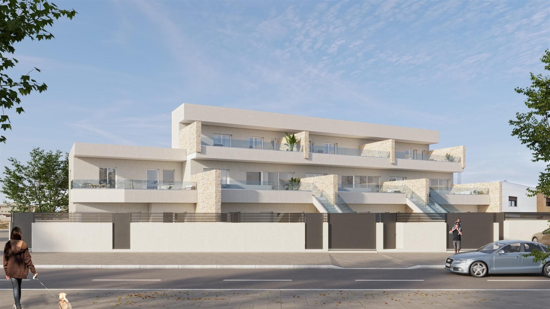 Nybygde boliger i Pilar de la Horadada med privat basseng

Moderne boliger nær stranden
Oppdag dette eksklusive nybygde boligkomplekset i Pilar de la Horadada, som tilbyr bungalower bare 2,5 km fra stranden. Disse boligene er designet for komfort og stil, og er en utmerket mulighet til å nyte livet på Costa Blanca.

Romslige og stilfulle boliger
Dette prosjektet tilbyr boliger med 2 eller 3 soverom, 2 bad og privat parkering. Velg mellom:
Bungalower i første etasje med privat hage.
Bungalower i toppetasjen med åpen terrasse.
1 rekkehus med 3 soverom og hjørnetomt.

Hver eiendom er bygget med materialer av høy kvalitet og moderne utførelser, inkludert:
Alle eiendommene har privat svømmebasseng.
Pre-installasjon av kanalisert klimaanlegg.
Aluminium utvendig snekkerarbeid med termisk pause og doble vinduer.
Sikkerhetsinngangsdør for ro i sjelen.
Aerotermisk system for effektiv varmtvannsproduksjon.
Innebygde garderober på soverommene.

Privilegert beliggenhet i Pilar de la Horadada
Pilar de la Horadada er en sjarmerende spansk by i den sørligste delen av Costa Blanca. Byen har en livlig hovedgate med mange butikker, supermarkeder, restauranter og pittoreske torg.

De fantastiske strendene Torre de la Horadada og Mil Palmeras ligger bare 5 minutter unna, med fin, gyllen sand og en pittoresk strandpromenade. Byen tilbyr også velutviklede sykkel- og turstier, samt en rekke sportsaktiviteter.

Praktisk tilgang til viktige destinasjoner
Lo Romero golfbane - 5 km (10 minutters kjøring).
Corvera lufthavn (Murcia) - 40 km (40 minutters kjøring).
Alicante lufthavn - 55 km (55 minutters kjøretur).
Kjøpesentre (La Zenia Boulevard) - 15 km (15 minutter med bil).
Torre de la Horadada Marina - 3 km (5 minutters kjøretur).

Sikre deg drømmehuset ditt i dag
Ikke gå glipp av denne fantastiske muligheten til å eie et splitter nytt hjem med en førsteklasses beliggenhet. Kontakt oss i dag for mer informasjon og for å avtale visning.