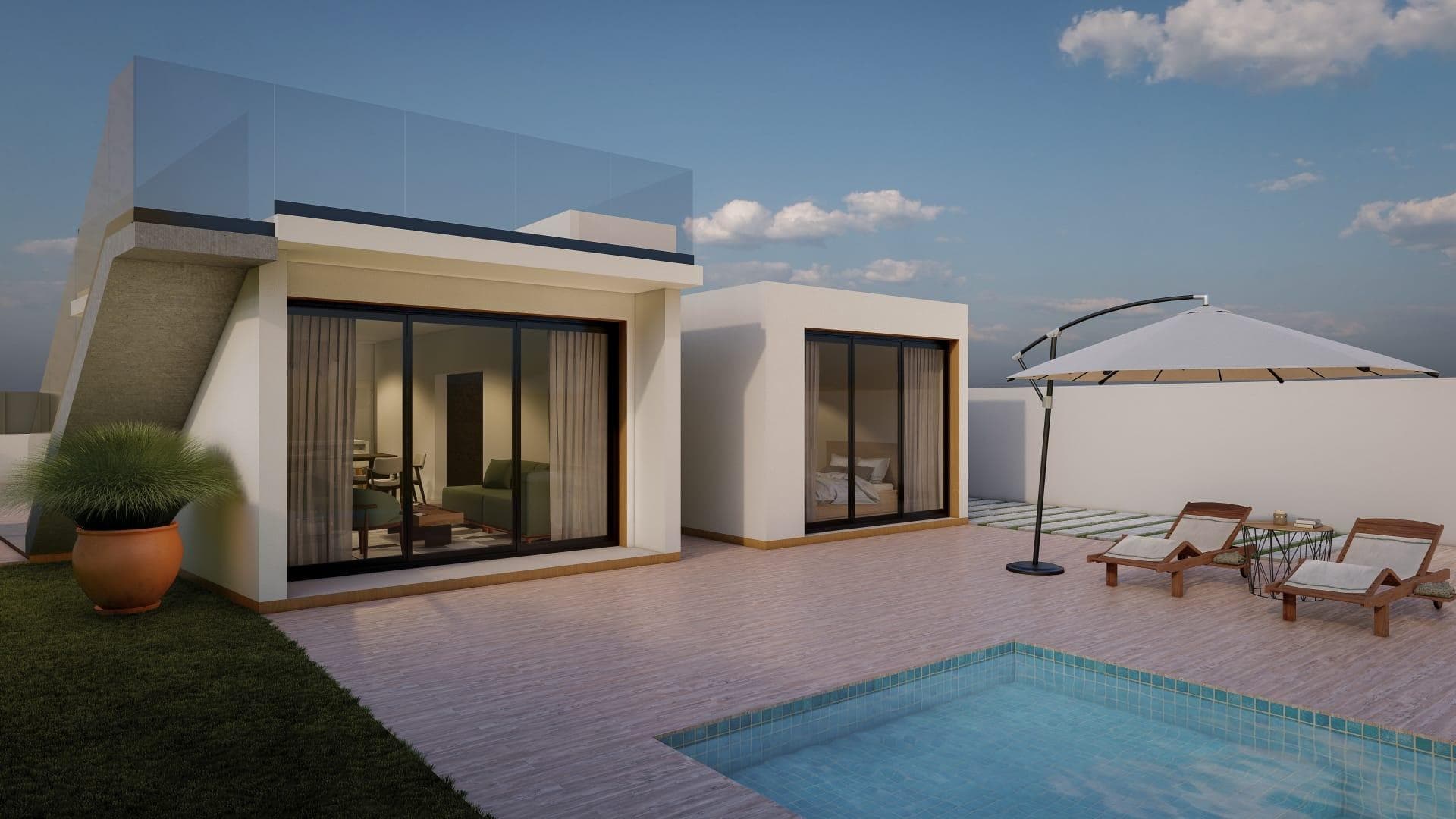 Villa i ibizisk stil i en rolig spansk landsby

Eksklusiv nybygd villa på en romslig tomt
Oppdag denne fantastiske villaen i ibizisk stil, et nybygg i én etasje som ligger på en sjenerøs 750 m² stor tomt i Las Casicas, en sjarmerende landsby i Fortuna, Murcia. Denne eiendommen er designet for privatliv og avslapning, og har et privat svømmebasseng, solarium og et fullt utstyrt kjøkken med moderne hvitevarer og stilige skap.

Et fredelig tilfluktssted omgitt av natur
Las Casicas er et fredelig og velholdt landlig område som tilbyr rolige fjellomgivelser med frodig vegetasjon og lokalt dyreliv. Til tross for den rolige atmosfæren er det ikke isolert, da det er en del av et lite, bebodd samfunn som har bevart sin tradisjonelle spanske sjarm.

Den nærliggende byen Fortuna, som ligger bare 10 minutter unna med bil, tilbyr alle viktige tjenester, inkludert supermarkeder, butikker, skoler og helsetjenester. I tillegg ligger byen Murcia bare 30 minutter unna, med et pulserende kulturliv, kjøpesentre, fine restauranter og underholdningsmuligheter.

Førsteklasses beliggenhet med enkel tilgang til viktige attraksjoner
Denne villaen har en ideell beliggenhet for å nyte både landlig ro og urbane bekvemmeligheter:
Fortuna sentrum - 10 km (10 minutter)
Murcia by - 45 km (30 minutter)
Balneario de Leana (spa-resort) - en kort kjøretur unna, omgitt av hoteller og restauranter
Alicante lufthavn - 80 km (50 minutter)
Strendene på Costa Blanca - ca. 1 time med bil

Perfekt for avslapning og utendørsliv
Denne elegante villaen er designet for å tilby en komfortabel middelhavsstil, med et privat basseng og et romslig solarium som er ideelt for å nyte Murcias mer enn 320 soldager per år. De naturlige omgivelsene og den fredelige atmosfæren gjør villaen til et utmerket valg for dem som søker et feriehus, en investeringseiendom eller en helårsbolig.

Drømmehuset ditt venter!
Nyt den perfekte balansen mellom natur og moderne komfort i denne eksklusive villaen i Las Casicas, Fortuna. Kontakt oss i dag for mer informasjon eller for å avtale et besøk!