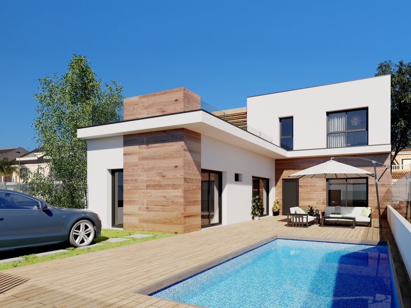NYBYGGDE REKKEHUS I SAN JAVIER

 Nybygget luksuskompleks med 24 villaer på ett plan eller i 2 etasjer med privat basseng, terrasseområde og solarium med sommerkjøkken som lar deg nyte alle soltimer, hver dag hele året.

 Hver villa har 2 eller 3 soverom og 2 utstyrte bad på ett plan eller 3 soverom og 3 utstyrte bad på to plan.

 Designet med en moderne stil og åpen planløsning, som består av et fullt utstyrt kjøkken og stue/spisestue.

 Utbyggingen ligger i San Javier (Murcia), nær stranden, omgitt av tjenester, parker, idrettsanlegg og flere golfbaner.

 Eiendommen vil oppfylle de høyeste standarder og vil være utstyrt med:
 Privat svømmebasseng med dusj.
 Kjøkken fullt møblert og utstyrt med stekeovn, mikrobølgeovn, kjøleskap, integrert oppvaskmaskin, platetopp og avtrekksvifte.
 Belysning: inne i eiendommen (spisestue, kjøkken, korridorer og bad) samt utearealer.
 Fôrede garderober med skuffer.
 Fullt utstyrt bad med toalett, servantskap, speil og dusj med skjermpaneler.
 Pre-installasjon for kanalklimaanlegg.
 Solarium med sommerkjøkken.
 Parkeringsplass på tomten.

 San Javier ligger nær alle fasiliteter med lett tilgang til stranden, vannsport, butikker og transportnettverket.

 Her kan du nyte alle fasilitetene som San Javier har å tilby, som de lokale butikkene, barene og restaurantene, i tillegg til å være i nærheten av kjøpesentre, flyplassen i Murcia og alle de vakre stedene som finnes langs Mar Menor.

 Corvera/Murcia flyplass ligger 30 minutter unna og Alicante flyplass ligger 45 minutter unna.