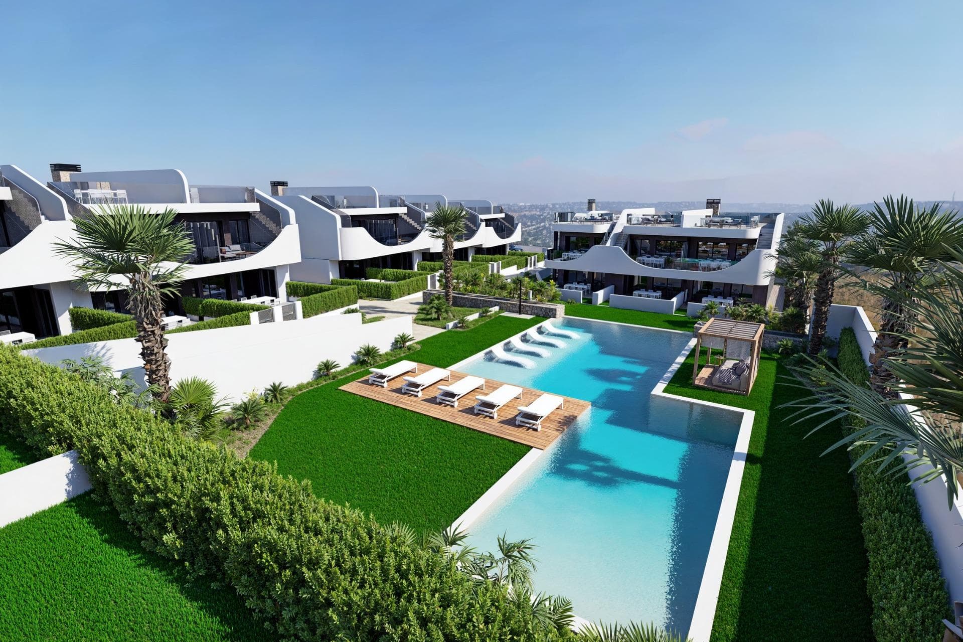 Nybygde bungalower i San Miguel de Salinas - Natur, golf og komfort

Privilegert beliggenhet i et naturlig miljø
Dette eksklusive boligområdet med nybygde bungalower ligger mindre enn 3 km fra San Miguel de Salinas, i et rolig område omgitt av natur og med imponerende uhindret utsikt. Den utmerkede beliggenheten lar deg nyte roen uten å gi avkall på nærheten til alle tjenestene.

Bare 7 km unna ligger strendene i Orihuela Costa og byen Torrevieja, hvor du kan nyte et bredt utvalg av fritidstilbud, gastronomi og butikker.

Moderne design og uhindret utsikt
Boligene er designet i en moderne stil og har interiør og eksteriør av høy kvalitet. Du kan velge mellom:

Første etasje med privat hage, ideelt for deg som ønsker å nyte naturen.
Toppetasjer med privat solarium, perfekt for soling og avslapping med panoramautsikt.
I tillegg har alle boligene egen parkeringsplass.

Fellesområder for maksimal komfort
Anlegget har et vakkert felles svømmebasseng, omgitt av grønne områder, perfekt for å nyte middelhavsklimaet. De naturlige omgivelsene oppmuntrer til en sunn livsstil, vekk fra stress og forurensning, i en enklave som ligner et ekte paradis.

Nærhet til de beste golfbanene
San Miguel de Salinas er et ideelt reisemål for golfelskere. Mindre enn 4 km unna ligger tre av de mest prestisjefylte banene på Costa Blanca:

Villamartin Golf - 3,5 km.
Las Colinas Golf &amp; Country Club - 4 km.
Campoamor Golf - 4 km.

Tilkoblet til de viktigste severdighetene
Denne boligen har en strategisk beliggenhet med lett tilgang til:

San Miguel de Salinas - 3 km.
Orihuela Costa strender - 7 km.
Torrevieja - 7 km.
La Zenia Boulevard kjøpesenter - 10 km.
Alicante lufthavn - 55 km.
Murcia lufthavn (Corvera) - 50 km.

Sikre ditt hjem i San Miguel de Salinas
Hvis du leter etter et hjem på Costa Blanca hvor du kan nyte roen, naturen og golfen, er dette boligområdet det beste alternativet. Kontakt oss i dag for mer informasjon og for å avtale visning.