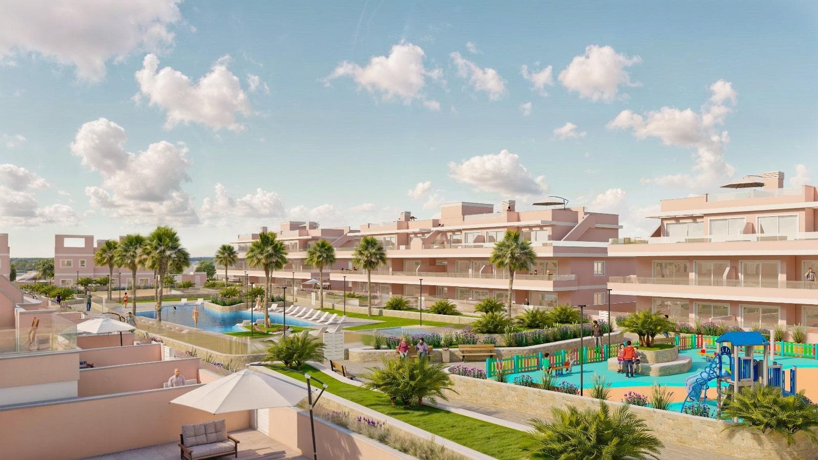 Eksklusivt nytt boligprosjekt i Pilar de la Horadada, Costa Blanca, Spania

Moderne boliger nær sjøen
Oppdag dette nye boligkomplekset i Pilar de la Horadada, en privilegert beliggenhet på Costa Blanca. Dette prosjektet ligger bare 2 km fra stranden, og tilbyr et bredt utvalg av boliger med 3 soverom og 2 bad, med privat parkering inkludert i prisen.

Prosjektet har romslige fellesområder, inkludert et felles svømmebasseng, anlagte hager og et lekeområde for barn, ideelt for hele familien.

Ulike typologier som passer din livsstil
Dette prosjektet tilbyr ulike boalternativer:

Leiligheter i første etasje med private hager.
Leiligheter i mellometasjen med store terrasser.
Toppleiligheter med privat solarium.
Bungalower i første etasje med privat hage.
Bungalower i toppetasjen med privat hage og solarium.
Rekkehus og tomannsboliger med hage og solarium.
Alle boligene er designet i en moderne og funksjonell stil, med materialer av høy kvalitet og moderne utførelser.

Utstyr og kvaliteter
Eiendommene er utstyrt med:

Forhåndsinstallasjon av kanalisert klimaanlegg.
Utvendig aluminiumsramme med termosperre og doble vinduer.
Forsterket inngangsdør for økt sikkerhet.
Aerotermisk system for effektiv varmtvannsproduksjon.
Innebygde garderober med LED-belysning.
Baderomsmøbler og skjermer inkludert.

Pilar de la Horadada: Et privilegert sted å bo i
Pilar de la Horadada er en kystby i den sørlige enden av Costa Blanca, med et eksepsjonelt klima og en utmerket livskvalitet. Den livlige hovedgaten tilbyr et bredt utvalg av butikker, supermarkeder, restauranter og viktige tjenester.

Bare 5 minutters kjøring unna finner du de fantastiske strendene Torre de la Horadada og Mil Palmeras, med gyllen sand og en nydelig strandpromenade. I tillegg har området sykkelstier, turstier og flere sportsaktiviteter.

Avstander til viktige punkter
Lo Romero golfbane - 5 km (10 minutters kjøring).
Corvera lufthavn (Murcia) - 40 km (40 minutter med bil).
Alicante lufthavn - 55 km (55 minutter med bil).
Zenia Boulevard kjøpesenter - 15 km (15 minutter med bil).
Torre de la Horadada Marina - 3 km (5 minutter med bil).

Be om mer informasjon i dag
Ikke gå glipp av denne muligheten til å kjøpe en splitter ny eiendom i et av de beste områdene på Costa Blanca. Kontakt oss nå for mer informasjon og for å avtale visning.