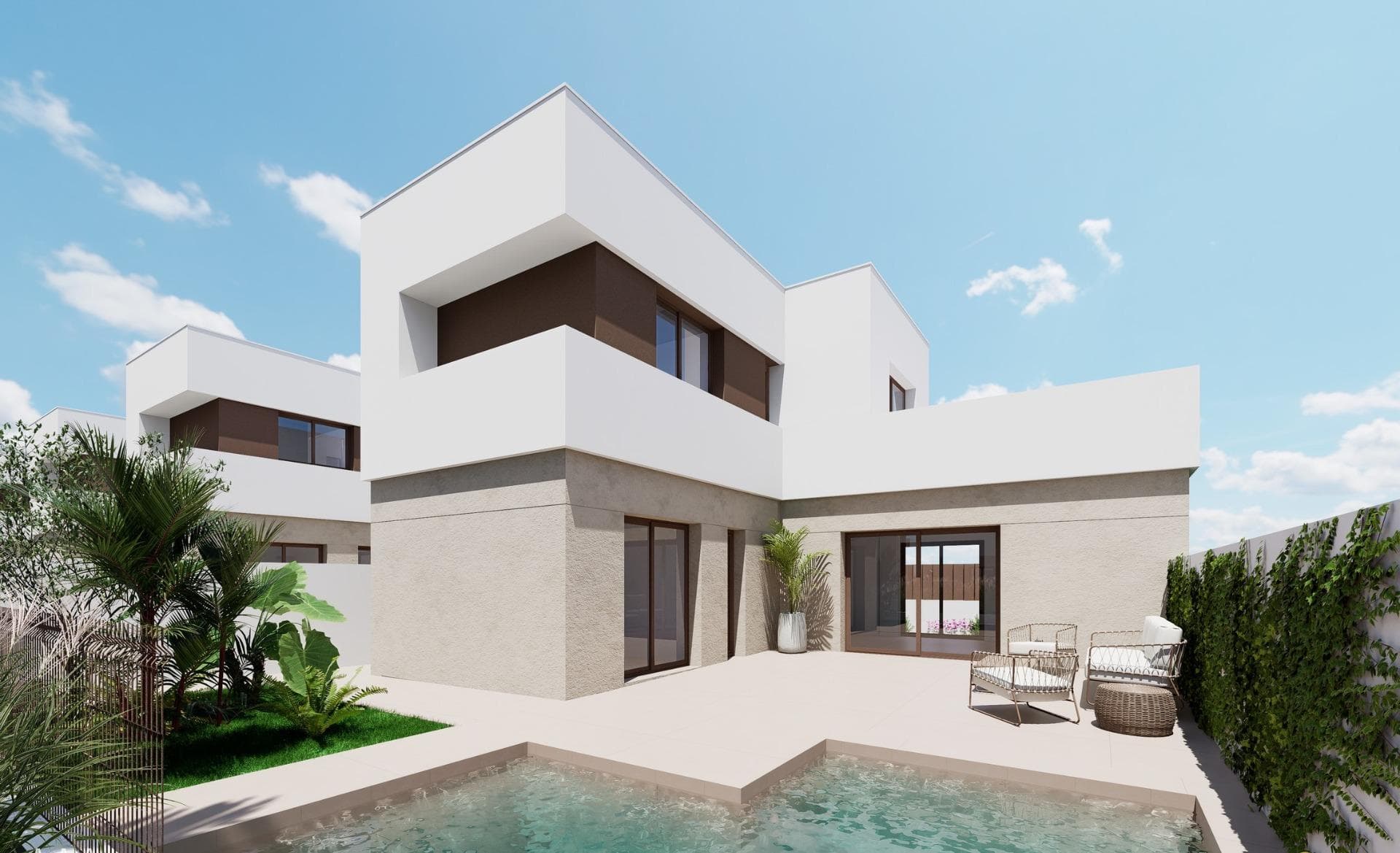 Eksklusive villaer og bungalower på Costa Cálida - design, komfort og en privilegert beliggenhet

Et prosjekt som kombinerer privatliv og fellesskap
Oppdag et nytt boligkonsept på Costa Cálida, designet for deg som søker den perfekte kombinasjonen av privatliv, komfort og sosialt liv. Dette eksklusive komplekset tilbyr frittliggende villaer og bungalower med tilgang til romslige fellesområder og et felles svømmebasseng, noe som gir det beste fra to verdener: roen i et privat hjem og komforten i fellesområder som kan nytes sammen med venner, familie og naboer.

Alle boligene har parkeringsplass og bod i kjelleren, noe som garanterer sikkerhet og bekvemmelighet for beboerne.

Moderne design og muligheter for personlig tilpasning
Dette prosjektet tilbyr et bredt utvalg av boliger som passer til ulike behov og livsstiler:

Bungalower i første etasje med private hager på opptil 122 m².
Bungalower i toppetasjen med store terrasser og privat solarium.
Eneboliger i én eller to etasjer, med tomter fra 201 til 356 m² og ulike planløsninger og etterbehandlingsalternativer.

Alle boligene er designet for å maksimere det naturlige lyset og skape romslige og innbydende rom. Hovedsuiten er nøye utformet for å garantere privatliv og komfort, og soverommet er helt adskilt fra badet, slik at man unngår lys- og støyforstyrrelser i løpet av natten.

Kvalitet og bærekraft i hver minste detalj
Disse boligene er bygget med materialer av høy kvalitet og utstyrt med bærekraftig teknologi, som solcellepaneler og aerothermics, for å forbedre energieffektiviteten.

Enestående funksjoner:

Motoriserte persienner på soverommene.
Pansret inngangsdør for økt sikkerhet.
Forhåndsinstallasjon av kanalisert klimaanlegg.
Moderne bad med skillevegger i herdet glass og hengende møbler med LED-speil.

Strategisk beliggenhet i Los Alcázares
Dette komplekset ligger bare noen få meter fra den prestisjetunge Serena golfbane og 1 km fra strendene ved Mar Menor, og har en privilegert beliggenhet i Los Alcázares, et av de mest lovende områdene på Costa Cálida.

I tillegg gir den enkle tilgangen til motorveien AP-7 rask forbindelse til andre destinasjoner i regionen, og gjør det lettere å få tilgang til viktige tjenester som supermarkeder, sportssentre, skoler og apotek.

Avstander til severdigheter
La Serena Golf - 1 km (2 minutter med bil).
Mar Menor-stranden - 1 km (2 minutter med bil eller 10 minutters gange).
Murcia lufthavn - 35 km (30 minutter med bil).
Cartagena havn - 22 km (20 minutter med bil).
Lokalt kjøpesenter - 3 km (5 minutter med bil).

En middelhavsstil med høy lønnsomhet
Dette prosjektet representerer ikke bare et utmerket alternativ for å nyte middelhavsstilen, men det er også en trygg investering i et område i vekst.

Ikke gå glipp av denne unike muligheten. Kontakt oss i dag for mer informasjon og for å reservere ditt ideelle hjem på Costa Cálida.