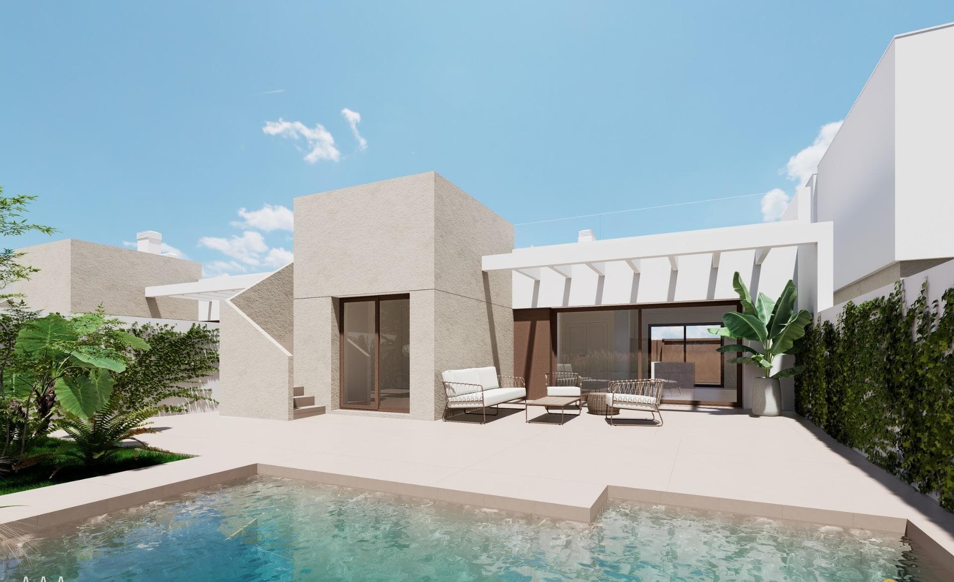 Eksklusive villaer og bungalower på Costa Cálida - design, komfort og en privilegert beliggenhet

Et prosjekt som kombinerer privatliv og fellesskap
Oppdag et nytt boligkonsept på Costa Cálida, designet for deg som søker den perfekte kombinasjonen av privatliv, komfort og sosialt liv. Dette eksklusive komplekset tilbyr frittliggende villaer og bungalower med tilgang til romslige fellesområder og et felles svømmebasseng, noe som gir det beste fra to verdener: roen i et privat hjem og komforten i fellesområder som kan nytes sammen med venner, familie og naboer.

Alle boligene har parkeringsplass og bod i kjelleren, noe som garanterer sikkerhet og bekvemmelighet for beboerne.

Moderne design og muligheter for personlig tilpasning
Dette prosjektet tilbyr et bredt utvalg av boliger som passer til ulike behov og livsstiler:

Bungalower i første etasje med private hager på opptil 122 m².
Bungalower i toppetasjen med store terrasser og privat solarium.
Eneboliger i én eller to etasjer, med tomter fra 201 til 356 m² og ulike planløsninger og etterbehandlingsalternativer.

Alle boligene er designet for å maksimere det naturlige lyset og skape romslige og innbydende rom. Hovedsuiten er nøye utformet for å garantere privatliv og komfort, og soverommet er helt adskilt fra badet, slik at man unngår lys- og støyforstyrrelser i løpet av natten.

Kvalitet og bærekraft i hver minste detalj
Disse boligene er bygget med materialer av høy kvalitet og utstyrt med bærekraftig teknologi, som solcellepaneler og aerothermics, for å forbedre energieffektiviteten.

Enestående funksjoner:

Motoriserte persienner på soverommene.
Pansret inngangsdør for økt sikkerhet.
Forhåndsinstallasjon av kanalisert klimaanlegg.
Moderne bad med skillevegger i herdet glass og hengende møbler med LED-speil.

Strategisk beliggenhet i Los Alcázares
Dette komplekset ligger bare noen få meter fra den prestisjetunge Serena golfbane og 1 km fra strendene ved Mar Menor, og har en privilegert beliggenhet i Los Alcázares, et av de mest lovende områdene på Costa Cálida.

I tillegg gir den enkle tilgangen til motorveien AP-7 rask forbindelse til andre destinasjoner i regionen, og gjør det lettere å få tilgang til viktige tjenester som supermarkeder, sportssentre, skoler og apotek.

Avstander til severdigheter
La Serena Golf - 1 km (2 minutter med bil).
Mar Menor-stranden - 1 km (2 minutter med bil eller 10 minutters gange).
Murcia lufthavn - 35 km (30 minutter med bil).
Cartagena havn - 22 km (20 minutter med bil).
Lokalt kjøpesenter - 3 km (5 minutter med bil).

En middelhavsstil med høy lønnsomhet
Dette prosjektet representerer ikke bare et utmerket alternativ for å nyte middelhavsstilen, men det er også en trygg investering i et område i vekst.

Ikke gå glipp av denne unike muligheten. Kontakt oss i dag for mer informasjon og for å reservere ditt ideelle hjem på Costa Cálida.