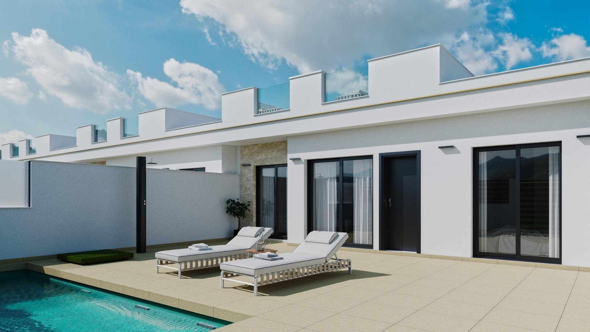 Villas Pareadas y Adosadas de Obra Nueva en Roldán, Murcia

Modernas Villas de Una Planta con Solárium y Piscina Privada
Descubra este exclusivo complejo de villas pareadas y adosadas de una sola planta en Roldán (Murcia), diseñado para ofrecer comodidad, estilo y eficiencia energética. Con opciones de 2 o 3 dormitorios y 2 baños, cada vivienda cuenta con solárium privado, piscina y aparcamiento en la parcela, ideal para disfrutar del clima mediterráneo durante todo el año.

Ubicado en un complejo cerrado con control de seguridad, este residencial garantiza privacidad y tranquilidad, a la vez que se encuentra cerca de todos los servicios esenciales, parques, instalaciones deportivas y prestigiosos campos de golf.

Características de Alta Calidad y Diseño Funcional
Cada villa ha sido construida con materiales de primera calidad para ofrecer un hogar moderno y confortable:

Carpintería exterior en PVC con rotura de puente térmico y doble acristalamiento.
Cocina totalmente equipada con muebles de gran capacidad y electrodomésticos incluidos.
Baños elegantes con muebles suspendidos, espejo con iluminación LED y mamparas en las duchas.
Puerta de entrada de seguridad para mayor tranquilidad.
Preinstalación de aire acondicionado por conductos.
3 paneles solares fotovoltaicos (1,5 kW) para mayor eficiencia energética.
Cocina de verano en el solárium con fregadero y enchufe para frigorífico.

Ubicación Estratégica en Roldán, Murcia
Roldán es un encantador pueblo tradicional con una ubicación privilegiada en la Región de Murcia. Dispone de todos los servicios esenciales, como supermercados, restaurantes, bares, clínicas de salud, farmacias, gasolineras y más.

Además, esta promoción se encuentra a pocos minutos de algunos de los mejores campos de golf de la zona, como La Torre Golf y Terrazas Golf, ofreciendo una experiencia única para los amantes de este deporte.

Distancias a puntos de interés clave:
Aeropuerto de Murcia-Corvera – 15 km (15 minutos en coche).
Playas del Mar Menor – 15 km (20 minutos en coche).
Campos de golf La Torre y Terrazas – Menos de 5 km.
Centro de Murcia – 30 km (30 minutos en coche).

Un Hogar Perfecto en el Mediterráneo
Ya sea como residencia habitual, casa de vacaciones o inversión inmobiliaria, estas villas en Roldán ofrecen la combinación perfecta de diseño moderno, ubicación privilegiada y calidad de vida.

Contáctenos hoy mismo para más información o para concertar una visita a su futura vivienda en Roldán.