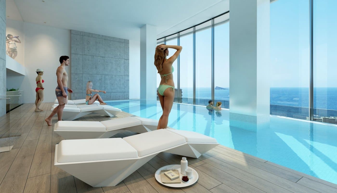 Ubicado en Benidorm Junto Playa de Poniente.

 Nuevo residencial con vistas al mar con 220 viviendas de 2, 3 y 4 dormitorios en una torre de cristal con espaciosas terrazas con vistas.

 Equipamiento :
 Electrodomésticos: Campana, Horno y placa de inducción touch-control, Frigorífico, Lavavajillas, Lavadora, Preinstalación de secadora y microondas.
 Mampara de ducha con vidrio de seguridad, Espejo, Iluminación con focos LED
 Aire acondicionado
 Aerotermia

 Las zonas comunes están equipadas con piscina para adultos, piscina niños, spa, jacuzzis, chillout, zona de juegos infantiles, dos pistas de paddle. Piscina climatizada y gym en la planta 26 con estupendas vistas al mar. Zona de coworking.

Cada vivienda tiene una plaza de parking y un trastero incluido en el precio.

 La costa de Alicante es bien conocida por sus temperaturas suaves y sus más de 300 dí­as de sol al año. Conocida por sus inigualables infraestructuras hoteleras, de sol y playa, Combinado con una amplia variedad gastronómica tanto tradicional española, vasca o valenciana como con otras variedades internacionales adaptadas a todos los gustos y ganas de experimentar. Cuenta con diferentes campos de Golf a escasos 5 minutos Sierra Cortina, Golf Bahia, tres parques temáticos y varios centros comerciales.