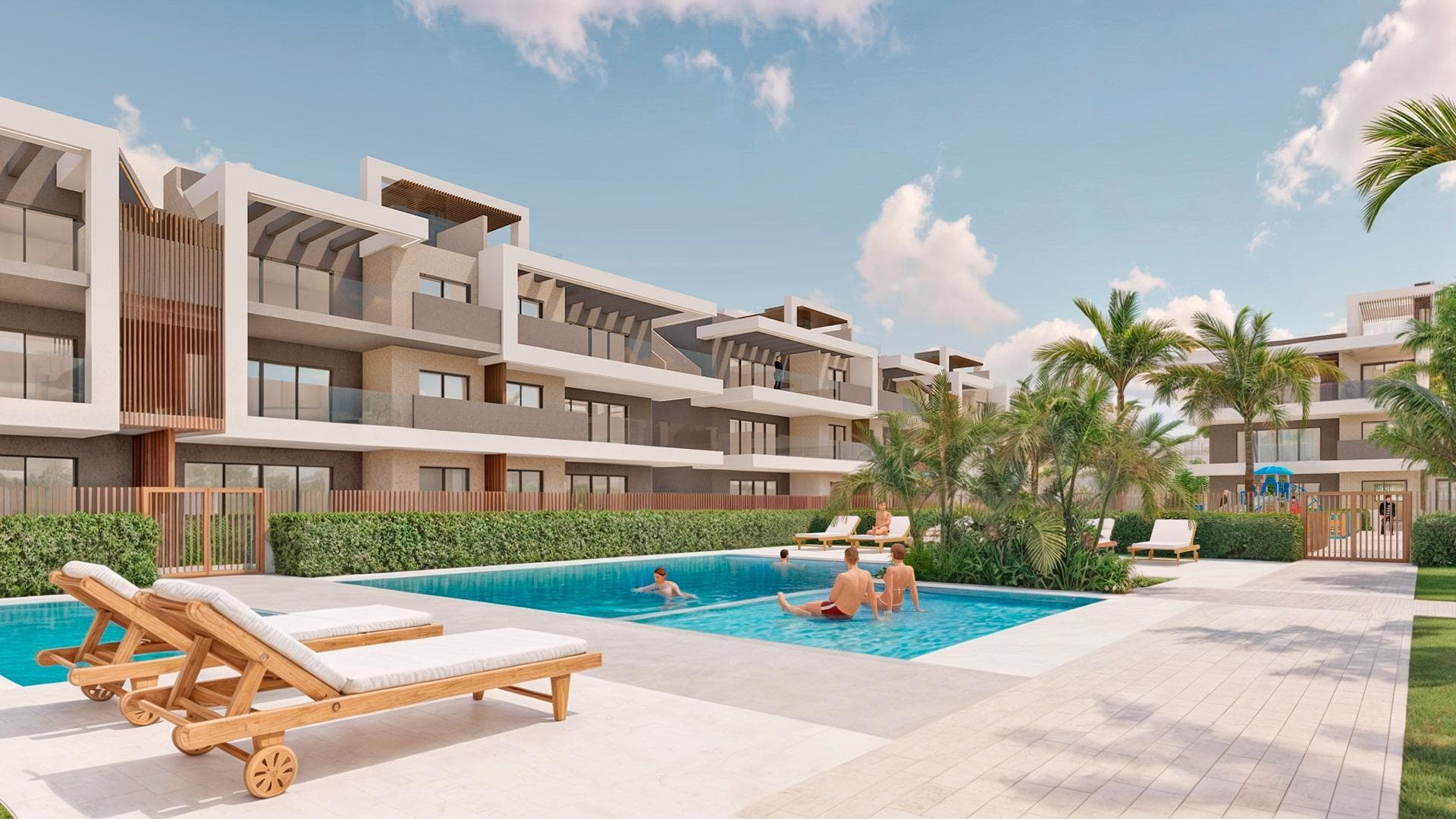 Apartamentos Turísticos de Lujo a Sólo 150m de la Playa de Las Higuericas - Torre de la Horadada

Nueva Promoción Exclusiva con Licencia de Alquiler Incluida
Bienvenido a un nuevo complejo residencial en Torre de la Horadada, a sólo 150 metros de las arenas doradas de la Playa de Las Higuericas. Este moderno proyecto ofrece 48 apartamentos turísticos completamente amueblados, todos ellos entregados con licencia de alquiler a corto plazo, lo que lo convierte en una inversión ideal para el alquiler vacacional o el disfrute personal.

Elija entre 42 unidades de 3 dormitorios y 2 baños o 6 unidades de 2 dormitorios y 2 baños, todas ellas cuidadosamente diseñadas para maximizar el confort, el estilo y la funcionalidad.

Diseños pensados para la vida en la costa
Cada propiedad está diseñada para satisfacer las diferentes necesidades de estilo de vida:

Las unidades de la planta baja cuentan con amplios jardines privados con vistas a las zonas comunes.
Los apartamentos de la primera planta ofrecen amplias terrazas, algunas con vistas parciales al mar.
Los áticos cuentan con solariums privados con vistas al mar y cocinas al aire libre, pérgolas, jacuzzis y césped artificial.

Todas las viviendas incluyen una plaza de aparcamiento subterráneo privado y un trastero. La finalización de la primera fase está prevista para el verano de 2026.

Totalmente equipadas y listas para entrar a vivir
Estas viviendas se entregan totalmente equipadas para su ocupación inmediata, incluyendo:

Mobiliario y decoración completos de estilo mediterráneo
Cocinas totalmente equipadas con electrodomésticos
Lavaderos independientes
Calefacción por suelo radiante en toda la vivienda
Aire acondicionado por conductos (frío/calor)
Ropa de cama y menaje
Las ventanas cuentan con persianas eléctricas y cristal termoacústico Climasun, mientras que los sistemas aerotérmicos de eficiencia energética proporcionan agua caliente.

Zonas comunes de estilo resort para disfrutar todo el año
La urbanización incluye amplias zonas comunes, como:

Piscina exterior para adultos y niños
Parque infantil
Zonas verdes ajardinadas
Zona de bienestar en el sótano con piscina cubierta climatizada, chorros de masaje, sauna y un gimnasio totalmente equipado
Cada detalle ha sido diseñado para proporcionar a los residentes y huéspedes una experiencia mediterránea relajante y lujosa.

Ubicación privilegiada con fácil acceso a las principales atracciones
Esta inmejorable ubicación ofrece proximidad a lo mejor de la Costa Blanca y la Costa Cálida:

Playa de Las Higuericas - 150 m
Campo de Golf Lo Romero - 10 km
Centro Comercial Dos Mares - 11 km
Puerto de San Pedro del Pinatar - 8 km
Aeropuerto de Murcia - 30 km
Aeropuerto de Alicante - 65 km

Asegure su inversión en la costa hoy mismo
Si está buscando una casa de vacaciones o una inversión para alquiler, esta es su oportunidad de poseer una propiedad de primera calidad cerca de la playa en una de las zonas más solicitadas. ¡Póngase en contacto con nosotros ahora para obtener más información o programar su visita a Torre de la Horadada!