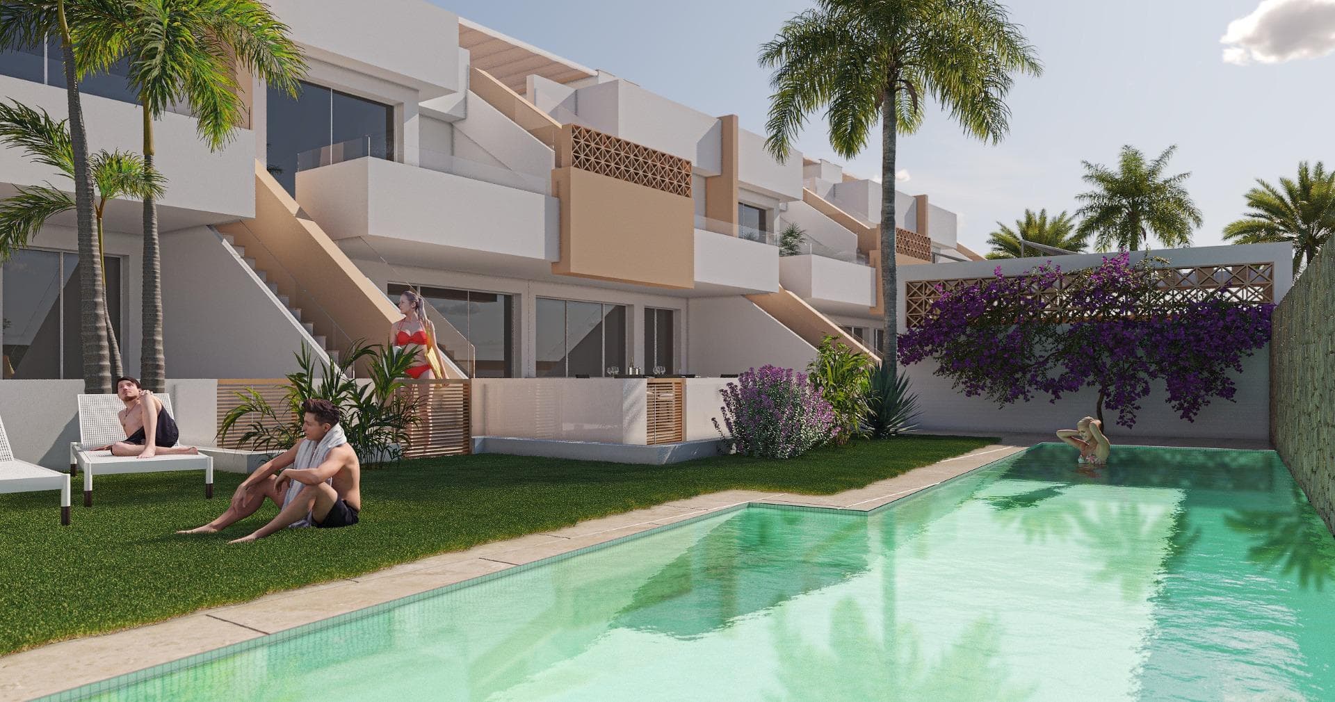 Bungalows de nueva construcción en Pilar de la Horadada, cerca de la playa y del centro de la ciudad

Vida contemporánea en el corazón de la Costa Blanca
Bienvenido a un complejo residencial boutique de 12 bungalows de nueva construcción situado en Pilar de la Horadada, una vibrante ciudad costera en el extremo sur de la Costa Blanca. Esta ubicación privilegiada ofrece la combinación perfecta de la tranquila vida mediterránea y la comodidad, con todos los servicios esenciales, tiendas, restaurantes y comodidades a poca distancia. Las hermosas playas de arena de Torre de la Horadada y Mil Palmeras están a solo 3 km, ideales para relajarse en la playa o practicar deportes acuáticos.

Opción de bungalows en planta baja o en planta superior
Este exclusivo complejo ofrece dos tipos de viviendas modernas que se adaptan a su estilo de vida:

Bungalows en planta baja con 3 dormitorios, 2 baños y amplias terrazas privadas delantera y trasera con acceso directo a la piscina y los jardines comunitarios.
Bungalows en la planta superior con 2 dormitorios, 2 baños y un amplio solárium privado en la azotea, con cocina de verano, pérgola y aseo de invitados.

Todas las viviendas cuentan con luminosas zonas de estar de planta abierta, cocinas totalmente equipadas, aire acondicionado por conductos y aparcamiento privado. Los dormitorios incluyen armarios empotrados y los baños cuentan con calefacción por suelo radiante para mayor comodidad.

Características premium para una vida mediterránea moderna
Las viviendas están diseñadas con acabados de alta calidad y características prácticas, que incluyen:

Puerta principal blindada con acabado de aluminio
Persianas eléctricas en salón y dormitorios
Sistema de agua caliente aerotérmica
Electrodomésticos de cocina de BALAY o equivalente
Soláriums en la azotea con césped artificial, ducha exterior, iluminación y cocina de verano completa con lavavajillas, nevera pequeña, placa de inducción y extractor.

Ubicación estratégica con excelente conectividad
Pilar de la Horadada está bien conectada con los principales puntos de interés de la Costa Blanca y la Costa Cálida:

Playas (Torre de la Horadada / Mil Palmeras) - 3 km
Campo de golf Lo Romero - 6 km
Aeropuerto de Corvera (Murcia) - 40 km
Aeropuerto de Alicante - 55 km
Centro comercial Zenia Boulevard - 14 km
Puerto deportivo de San Pedro del Pinatar: 11 km

Su hogar ideal bajo el sol
Tanto si busca una escapada de vacaciones, una residencia para todo el año o una inversión de alquiler, estos bungalows en Pilar de la Horadada ofrecen una excelente relación calidad-precio en una de las localidades más deseables de la Costa Blanca. Póngase en contacto con nosotros hoy mismo para concertar una visita o solicitar más información.