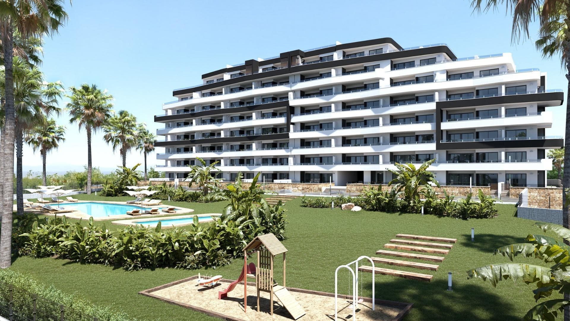 Nueva promoción residencial de San Miguel de Salinas a un paso del centro

Amplios apartamentos con impresionantes servicios
Este complejo residencial de nueva construcción en San Miguel de Salinas ofrece modernos apartamentos de 2 dormitorios con amplias terrazas, cuidadosamente distribuidos en siete plantas. La comunidad vallada ofrece instalaciones de primera categoría, incluyendo piscinas separadas para adultos y niños, exuberantes zonas verdes, un parque infantil y una zona de petanca.

Ubicación privilegiada en la Costa Blanca
Enclavada en la encantadora localidad de San Miguel de Salinas, esta urbanización goza de una ubicación estratégica en la Costa Blanca. Se encuentra a poca distancia del centro de la ciudad, donde encontrará todos los servicios esenciales para la vida diaria, incluyendo tiendas, restaurantes y centros de salud.

La propiedad está a un corto trayecto en coche de varios puntos de interés:
Campos de Golf Las Colinas y Campoamor: A tan sólo 7 km, perfectos para los amantes del golf.
Playas de Orihuela Costa y Torrevieja: Situadas aproximadamente a 10 km de la residencia, ofrecen hermosas costas de arena.
Centros Comerciales: Zenia Boulevard, un popular destino de compras, está a sólo 9 km.
Aeropuerto de Alicante: A 50 km.
Aeropuerto de Murcia Corvera: A unos 55 km, ideal para conexiones regionales.

Especificaciones de alta calidad
Cada apartamento está diseñado con modernos acabados y funcionalidad en mente:
Cocinas totalmente equipadas con electrodomésticos incluidos.
Persianas motorizadas.
Puerta de entrada de seguridad.
Agua caliente mediante aerotermia.
Aire acondicionado por conductos totalmente instalado.
OFERTA DE LANZAMIENTO: Pack de muebles incluido para las primeras unidades vendidas.
Además, todos los apartamentos incluyen una plaza de aparcamiento designada.

Acerca de San Miguel de Salinas
San Miguel de Salinas es un pintoresco municipio de la comarca de la Vega Baja del Segura, que forma parte de la vibrante Comunidad Valenciana. Situado cerca de la frontera con Murcia, el pueblo ofrece impresionantes vistas de las lagunas de Torrevieja y La Mata, así como un ambiente tranquilo y familiar.

Su nuevo hogar le espera
Tanto si busca un retiro vacacional como una residencia permanente, esta nueva promoción en San Miguel de Salinas combina lujo, comodidad y una ubicación inmejorable. Póngase en contacto con nosotros hoy mismo para programar una visita y dar el primer paso hacia la propiedad de sus sueños en la Costa Blanca.