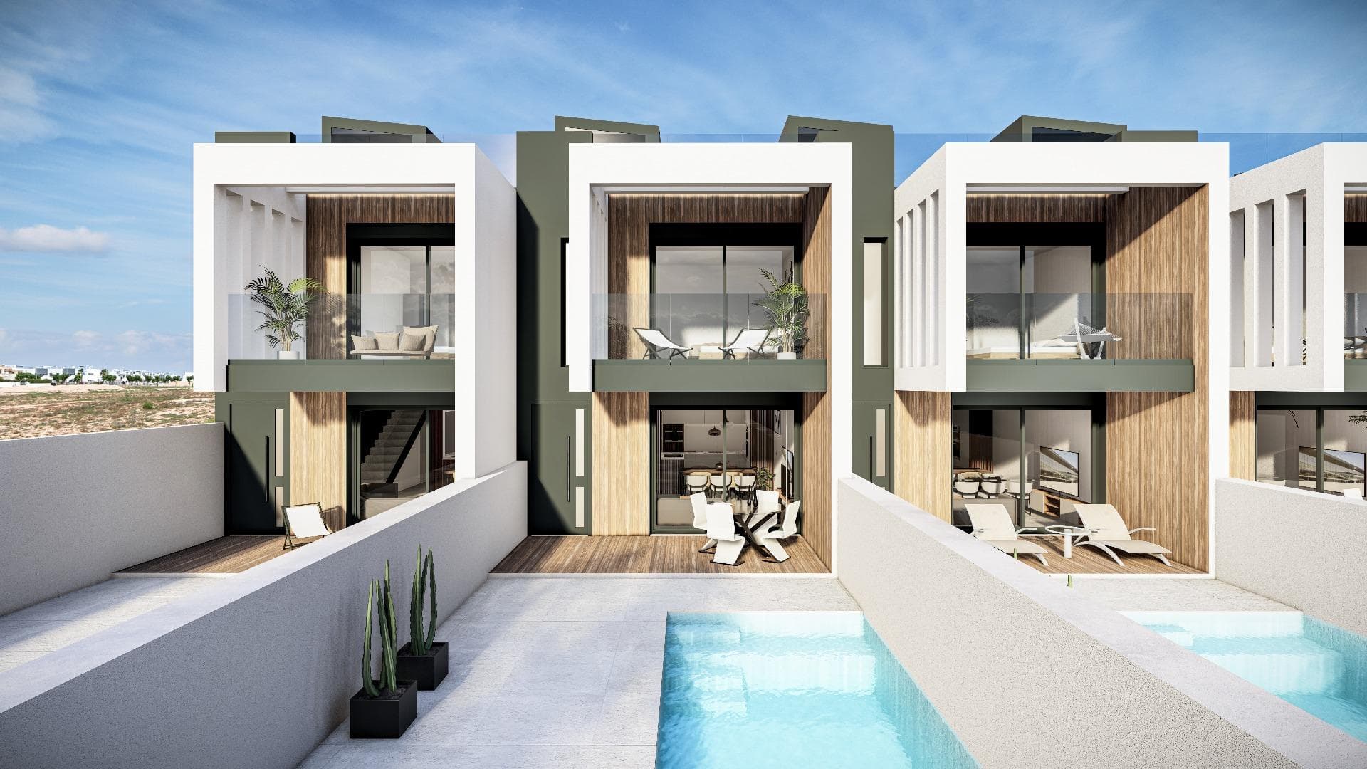 Sustainable New Build Townhouses in Pilar de la Horadada, Costa Blanca

Modern Homes with Technology and Energy Efficiency
Discover this exclusive new build development located in Pilar de la Horadada, one of the most attractive areas of the southern Costa Blanca. This townhouse project combines contemporary design, sustainability and technology to offer a comfortable, efficient and connected lifestyle.

The residential complex consists of 8 semi-detached villas with 3 bedrooms and 3 bathrooms, all with private swimming pools, solariums with summer kitchens and parking within the plot. In addition, one of the properties is delivered fully furnished and ready to move into, with 2 bedrooms and 2 bathrooms.

Elegant and Functional Interior Spaces
Each home has been designed with attention to detail:

Fully equipped kitchen with Siemens appliances or similar
Bathrooms with countertop sinks, single-lever taps and safety glass screens
Pre-installation of ducted air conditioning
Aerothermal system for domestic hot water
Interior and exterior LED lighting, including decorative strips in the kitchen, living room and bathrooms

The homes also incorporate a home automation system for controlling blinds, outdoor lighting, air conditioning and the pool, as well as a photovoltaic installation with 6 solar panels for self-consumption.

Private Outdoor Areas and Solarium with Summer Kitchen
Enjoy a large outdoor space with:

Private pool with shower and LED spotlights
Garden with integrated spotlights
Solarium with aluminium outdoor kitchen, worktop and sink

Everything has been designed so that you can enjoy the Mediterranean climate all year round.

Pilar de la Horadada: Quality of Life Just Minutes from the Sea
This municipality offers excellent infrastructure, a lively local life and blue flag beaches just 2 km away. It also has bike lanes, hiking trails and multiple sports options.

Key distances:
Torre de la Horadada beach: 2 km
Lo Romero golf course: 5 km
Torre de la Horadada marina: 3 km
Zenia Boulevard Shopping Centre: 15 km
Murcia Airport (Corvera): 40 km
Alicante Airport: 55 km

Request Information and Schedule Your Visit
This is your opportunity to purchase an efficient, modern home close to the sea in one of the most sought-after areas of the Costa Blanca. Contact us today for more information or to schedule a personalised visit.