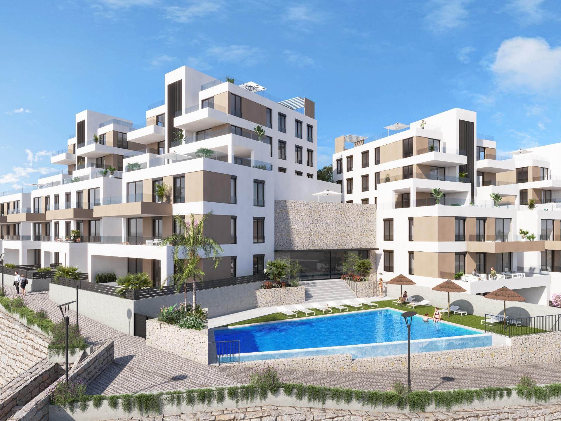 New Build Apartments in Vera Playa, Almería – Modern Homes Near the Sea

Contemporary Living in Pueblo Salinas, Just 2 km from the Beach
Introducing a stunning new residential development located in the sought-after area of Vera Playa, within the exclusive Pueblo Salinas urbanization. This modern complex offers a privileged lifestyle just 2 km from the beaches of Vera (Almería), boasting spectacular sea views and a peaceful Mediterranean environment ideal for year-round living or holiday enjoyment.

Elegant Homes with Modern Comfort and Style
This new development consists of 60 high-quality apartments distributed across 5 low-density blocks, with only two properties per floor. Choose between 2 or 3-bedroom layouts designed with functionality, comfort, and style in mind. Options include:

Ground floors with private gardens
Middle-floor units with spacious terraces
Top-floor penthouses with large solariums including summer kitchen and pergola with solar panels.

All properties feature:

Open-plan fully equipped kitchens with integrated fridge, dishwasher, induction hob, oven, microwave, and extractor fan
Bright living spaces and LED lighting throughout (except bedrooms)
Motorized aluminum shutters in bedrooms
Bathrooms with modern finishes, including towel heaters, shower trays with glass screens and built-in furniture
Pre-installation of ducted air conditioning
Aerothermal system for efficient hot water production
Security entrance door

Exceptional Community Amenities
Residents will enjoy access to a wide range of amenities designed to enhance comfort and leisure, including:

Two outdoor swimming pools perfect for the summer months
One indoor heated pool for year-round use
Private parking space and storage unit included with every property
Pre-installation for electric vehicle charging at parking areas

Prime Location with Excellent Connections
Vera Playa is a popular coastal destination known for its wide sandy beaches and relaxed lifestyle. The development’s location provides easy access to essential services and attractions:

Beach: 2 km
Desert Springs Golf Resort: 8 km
Vera town center: 5 km
Garrucha marina and restaurants: 6 km
Parque Comercial Mojácar: 10 km
Almería Airport: 85 km (1 hour by car)

Make Vera Playa Your New Home
Whether you're looking for a permanent residence, a holiday retreat, or a smart investment, these new build apartments offer unmatched value in one of the most desirable areas of the Costa de Almería. Contact us today for more information and to schedule your visit.