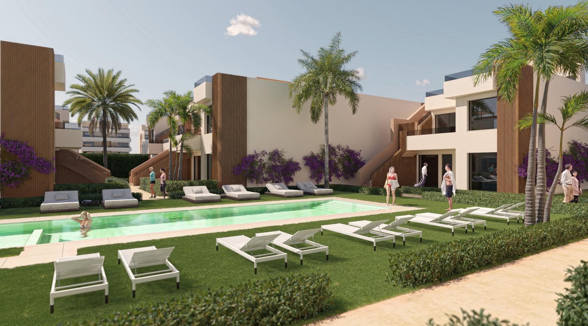 Nybyggede leiligheter, bungalower og villaer i Condado de Alhama Golf Resort, Murcia

Moderne boliger ved golf og natur
Velkommen til et nytt boligkompleks med bungalower, leiligheter, penthouse-leiligheter og frittliggende villaer, beliggende i det prestisjetunge Condado de Alhama Golf Resort i Murcia-regionen. Dette private feriestedet tilbyr 24-timers sikkerhet, vakre hager og direkte tilgang til golfbanen designet av Jack Nicklaus, noe som gjør det til et ideelt reisemål for golfelskere og familier som søker en rolig middelhavslivsstil.

Bare en kort spasertur fra Al Kassar kjøpesenter kan beboerne nyte nærheten til butikker, restauranter, barer og viktige tjenester innenfor ferieanlegget.

Moderne design og høy kvalitet
Utbyggingen tilbyr bungalower med 2 eller 3 soverom og 2 bad, tilgjengelig i to typer:

Bungalower i første etasje med hage foran og uteplass bak. Noen enheter har også privat parkering i hagen.
Bungalower i øverste etasje med privat veranda og romslig solterrasse på taket med spektakulær utsikt over golfbanen og fjellene rundt.

Alle boliger er bygget med høye kvalitetsstandarder og inkluderer:

Innredet kjøkken med integrert kjøleskap, stekeovn, mikrobølgeovn, avtrekksvifte og oppvaskmaskin
Forhåndsinstallert klimaanlegg i stue og soverom
Moderne bad med dusjvegg, servantskap, speil og spotlights i taket
Innebygde garderober med skuffer og hyller
Aerotermisk vannvarmesystem
Elektriske aluminiumsgardiner i soverommene
Forsterket sikkerhetsdør
Uteplass med sommerkjøkken i bungalower i øverste etasje
Innvendig og utvendig belysning (unntatt dekorative lamper)
TV- og telefonuttak i alle rom

Resortliv med naturlige omgivelser
Condado de Alhama er et trygt, veletablert feriested omgitt av natur og fjell, ideelt for friluftsliv. Beboerne har tilgang til et felles svømmebasseng med solterrasse, middelhavs- og tropiske hager og mange tur- og sykkelstier innenfor anlegget.

Utmerket tilgang til viktige steder
Murcia internasjonale lufthavn (Corvera): 40 km
Strendene i Mazarrón: 25 km
Murcia sentrum: 35 km
Alhama de Murcia by: 15 km

Sikre deg ditt nye hjem i Costa Cálida
Enten du er på utkikk etter et feriested, en helårsbolig eller en investeringsmulighet, tilbyr dette prosjektet den ideelle kombinasjonen av moderne design, komfort og beliggenhet.

Kontakt oss i dag for å avtale et besøk og finne din perfekte eiendom i Condado de Alhama Golf Resort.