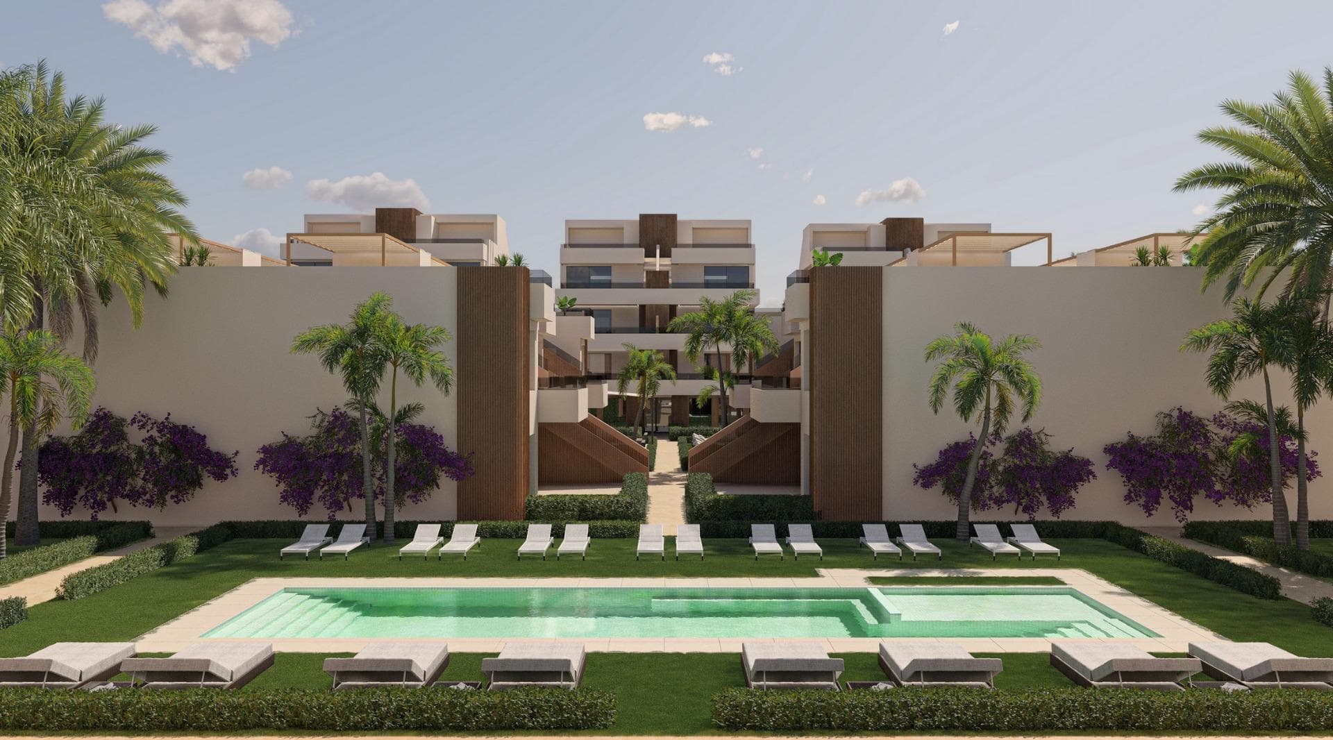 Nybyggede leiligheter, bungalower og villaer i Condado de Alhama Golf Resort, Murcia

Moderne boliger ved golf og natur
Velkommen til et nytt boligkompleks med bungalower, leiligheter, penthouse-leiligheter og frittliggende villaer, beliggende i det prestisjetunge Condado de Alhama Golf Resort i Murcia-regionen. Dette private feriestedet tilbyr 24-timers sikkerhet, vakre hager og direkte tilgang til golfbanen designet av Jack Nicklaus, noe som gjør det til et ideelt reisemål for golfelskere og familier som søker en rolig middelhavslivsstil.

Bare en kort spasertur fra Al Kassar kjøpesenter kan beboerne nyte nærheten til butikker, restauranter, barer og viktige tjenester innenfor ferieanlegget.

Moderne design og høy kvalitet
Utbyggingen tilbyr bungalower med 2 eller 3 soverom og 2 bad, tilgjengelig i to typer:

Bungalower i første etasje med hage foran og uteplass bak. Noen enheter har også privat parkering i hagen.
Bungalower i øverste etasje med privat veranda og romslig solterrasse på taket med spektakulær utsikt over golfbanen og fjellene rundt.

Alle boliger er bygget med høye kvalitetsstandarder og inkluderer:

Innredet kjøkken med integrert kjøleskap, stekeovn, mikrobølgeovn, avtrekksvifte og oppvaskmaskin
Forhåndsinstallert klimaanlegg i stue og soverom
Moderne bad med dusjvegg, servantskap, speil og spotlights i taket
Innebygde garderober med skuffer og hyller
Aerotermisk vannvarmesystem
Elektriske aluminiumsgardiner i soverommene
Forsterket sikkerhetsdør
Uteplass med sommerkjøkken i bungalower i øverste etasje
Innvendig og utvendig belysning (unntatt dekorative lamper)
TV- og telefonuttak i alle rom

Resortliv med naturlige omgivelser
Condado de Alhama er et trygt, veletablert feriested omgitt av natur og fjell, ideelt for friluftsliv. Beboerne har tilgang til et felles svømmebasseng med solterrasse, middelhavs- og tropiske hager og mange tur- og sykkelstier innenfor anlegget.

Utmerket tilgang til viktige steder
Murcia internasjonale lufthavn (Corvera): 40 km
Strendene i Mazarrón: 25 km
Murcia sentrum: 35 km
Alhama de Murcia by: 15 km

Sikre deg ditt nye hjem i Costa Cálida
Enten du er på utkikk etter et feriested, en helårsbolig eller en investeringsmulighet, tilbyr dette prosjektet den ideelle kombinasjonen av moderne design, komfort og beliggenhet.

Kontakt oss i dag for å avtale et besøk og finne din perfekte eiendom i Condado de Alhama Golf Resort.