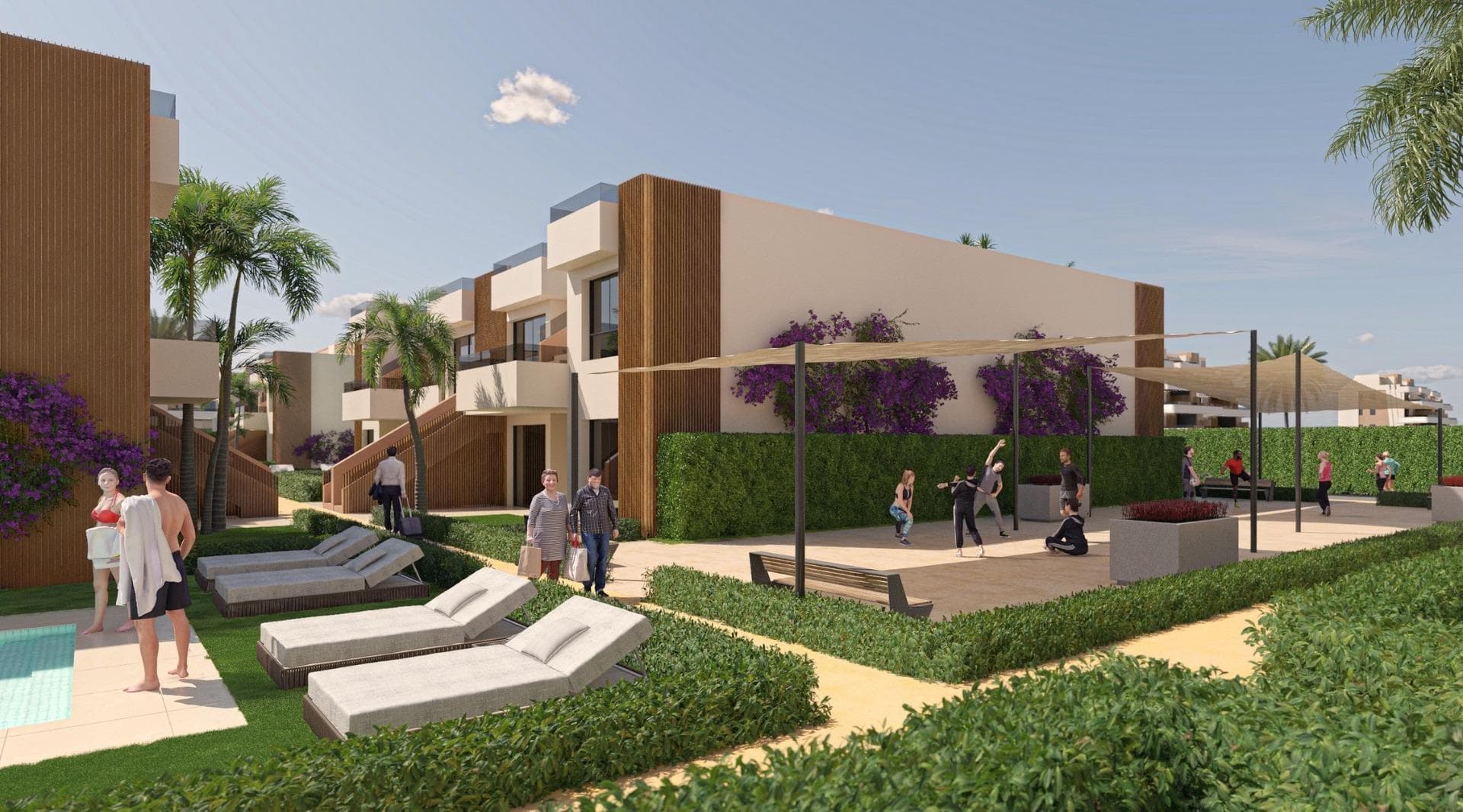 Nybyggede leiligheter, bungalower og villaer i Condado de Alhama Golf Resort, Murcia

Moderne boliger ved golf og natur
Velkommen til et nytt boligkompleks med bungalower, leiligheter, penthouse-leiligheter og frittliggende villaer, beliggende i det prestisjetunge Condado de Alhama Golf Resort i Murcia-regionen. Dette private feriestedet tilbyr 24-timers sikkerhet, vakre hager og direkte tilgang til golfbanen designet av Jack Nicklaus, noe som gjør det til et ideelt reisemål for golfelskere og familier som søker en rolig middelhavslivsstil.

Bare en kort spasertur fra Al Kassar kjøpesenter kan beboerne nyte nærheten til butikker, restauranter, barer og viktige tjenester innenfor ferieanlegget.

Moderne design og høy kvalitet
Utbyggingen tilbyr bungalower med 2 eller 3 soverom og 2 bad, tilgjengelig i to typer:

Bungalower i første etasje med hage foran og uteplass bak. Noen enheter har også privat parkering i hagen.
Bungalower i øverste etasje med privat veranda og romslig solterrasse på taket med spektakulær utsikt over golfbanen og fjellene rundt.

Alle boliger er bygget med høye kvalitetsstandarder og inkluderer:

Innredet kjøkken med integrert kjøleskap, stekeovn, mikrobølgeovn, avtrekksvifte og oppvaskmaskin
Forhåndsinstallert klimaanlegg i stue og soverom
Moderne bad med dusjvegg, servantskap, speil og spotlights i taket
Innebygde garderober med skuffer og hyller
Aerotermisk vannvarmesystem
Elektriske aluminiumsgardiner i soverommene
Forsterket sikkerhetsdør
Uteplass med sommerkjøkken i bungalower i øverste etasje
Innvendig og utvendig belysning (unntatt dekorative lamper)
TV- og telefonuttak i alle rom

Resortliv med naturlige omgivelser
Condado de Alhama er et trygt, veletablert feriested omgitt av natur og fjell, ideelt for friluftsliv. Beboerne har tilgang til et felles svømmebasseng med solterrasse, middelhavs- og tropiske hager og mange tur- og sykkelstier innenfor anlegget.

Utmerket tilgang til viktige steder
Murcia internasjonale lufthavn (Corvera): 40 km
Strendene i Mazarrón: 25 km
Murcia sentrum: 35 km
Alhama de Murcia by: 15 km

Sikre deg ditt nye hjem i Costa Cálida
Enten du er på utkikk etter et feriested, en helårsbolig eller en investeringsmulighet, tilbyr dette prosjektet den ideelle kombinasjonen av moderne design, komfort og beliggenhet.

Kontakt oss i dag for å avtale et besøk og finne din perfekte eiendom i Condado de Alhama Golf Resort.