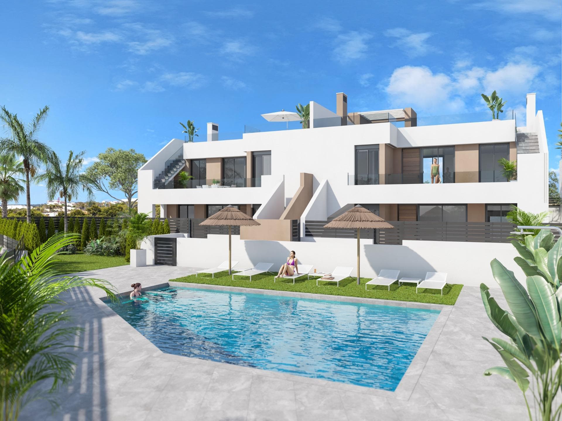 Newly built bungalows in Vera Playa, Almería: modern homes near the sea

Contemporary living in Pueblo Salinas, just 2 km from the beach
We are proud to present an impressive new residential development located in the sought-after area of Vera Playa, within the exclusive Pueblo Salinas urbanisation. This modern complex offers a privileged lifestyle just 2 km from the beaches of Vera (Almería), with spectacular sea views and a peaceful Mediterranean setting ideal for year-round living or enjoying your holidays.

Elegant homes with modern comfort and style
This new development consists of 18 high-quality bungalows. Choose from 2 or 3 bedroom layouts designed with functionality, comfort and style in mind. Options include:

Ground floor with private gardens
Upper floors with large solariums including summer kitchen and pergola with solar panels.

All homes feature:

Fully equipped open-plan kitchens with integrated fridge, dishwasher, induction hob, oven, microwave and extractor hood
Bright, open-plan spaces with LED lighting throughout the home (except in the bedrooms)
Motorised aluminium blinds in the bedrooms
Bathrooms with modern finishes, including towel heaters, glass-enclosed shower trays and built-in furniture
Pre-installation for ducted air conditioning
Aerothermal system for efficient hot water production
Security entrance door

Exceptional community services
Residents will enjoy access to a wide range of services designed to enhance comfort and leisure, including:

Communal outdoor swimming pool perfect for the summer months
Private parking space and storage room included with each property

Prime location with excellent connections
Vera Playa is a popular coastal destination known for its wide sandy beaches and relaxed lifestyle. The location of the development offers easy access to essential services and attractions:

Beach: 2 km
Desert Springs Golf Resort: 8 km
Vera town centre: 5 km
Garrucha marina and restaurants: 6 km
Mojácar Retail Park: 10 km
Almería Airport: 85 km (1 hour by car)

Make Vera Playa your new home
Whether you are looking for a permanent residence, a holiday retreat or a smart investment, these newly built apartments offer unbeatable value in one of the most sought-after areas of the Costa de Almería. Contact us today for more information and to schedule your visit.