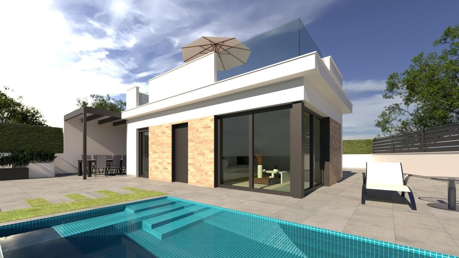 Villas de Obra Nueva con Piscina Privada en Los Alcázares, Costa Cálida

Exclusivas Villas Modernas a Solo 700 Metros del Mar
Descubre este exclusivo residencial de 9 villas de obra nueva en Los Alcázares, una de las localidades más valoradas de la Costa Cálida por su cercanía al mar, su ambiente relajado y su excelente oferta de servicios. Cada villa cuenta con piscina privada, garaje cubierto independiente, y ha sido diseñada para ofrecer confort, funcionalidad y estilo contemporáneo.

Las viviendas se distribuyen en una o dos plantas y cuentan con 3 dormitorios y 2 baños, cocina de estilo abierto completamente equipada, amplio salón comedor, terraza y jardín en planta baja y solárium privado en planta cubierta con cocina de verano. Gracias a sus diferentes orientaciones, permiten aprovechar el sol durante todo el día, todo el año.

Equipamiento de Alta Calidad
Estas villas están diseñadas con materiales de primera calidad y ofrecen:

Piscina privada con ducha exterior
Cocina equipada con electrodomésticos: frigorífico, horno elevado, microondas empotrado, vitrocerámica, campana extractora y lavavajillas integrado
Armarios empotrados forrados con cajoneras
Baños completos con mueble, espejo con luz y mamparas de ducha
Preinstalación de aire acondicionado
Instalación de 2 paneles solares
Cocina de verano en el solárium
Plaza de garaje cubierta en parcela

Ubicación Inmejorable en la Costa Cálida
Situadas a solo 700 metros de las playas del Mar Menor, estas viviendas permiten disfrutar de un entorno natural único con aguas tranquilas y cálidas. Los Alcázares combina un estilo de vida relajado con todos los servicios a mano: supermercados, restaurantes, instalaciones deportivas y centros de salud. Ideal tanto para residencia habitual como para vacaciones.

Distancias a Puntos de Interés
Playa del Mar Menor: 0.7 km
Campos de golf (Roda, La Serena, Mar Menor Golf): entre 3 y 10 km
Aeropuerto Internacional de Murcia: 30 km
Cartagena: 22 km
Centro comercial Dos Mares: 13 km
Puerto deportivo de Los Alcázares: 2 km

Tu Refugio de Sol y Tranquilidad en el Mediterráneo
Estas villas ofrecen la combinación perfecta entre diseño moderno, privacidad, confort y una ubicación privilegiada.

Contacta con nosotros hoy y agenda tu visita para descubrir tu próxima vivienda junto al mar.