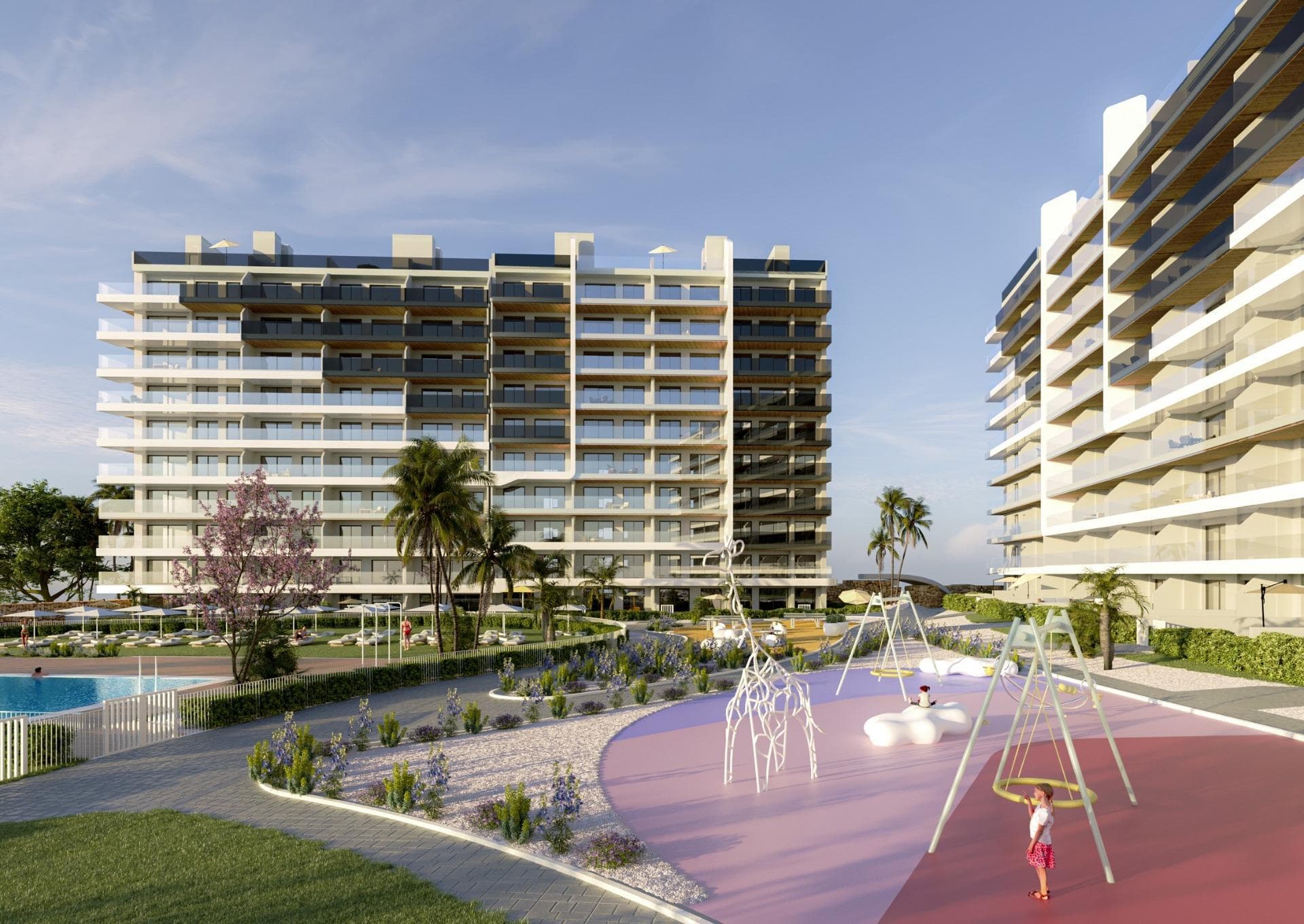 New Build Apartments in Punta Prima Just 250 Metres from the Sea

Exclusive residential complex with premium communal areas on the Costa Blanca
We present a modern new-build residential complex comprising 250 apartments in Punta Prima, one of the most sought-after areas of Torrevieja. Located just 250 metres from the sea, this project offers a unique opportunity to live close to the beach with all the amenities of a private resort.

2 and 3-bedroom homes with large terraces
The apartments are available in 2 or 3 bedroom configurations with 2 bathrooms, all with an open-plan kitchen integrated into the living room, maximising the feeling of space and natural light. The ground floor properties have private gardens, the middle floors offer large terraces, and the penthouses have solariums to enjoy the sun all year round.

Each unit includes a parking space and storage room, ensuring convenience and additional storage space.

Communal areas for the whole family
The residential complex has been designed to offer an exceptional quality of life. Its communal areas include three swimming pools (one of which is heated), a gym with a jacuzzi, a paddle tennis court, a petanque court and landscaped gardens. The little ones have their own children's pool and a play area designed for their safe entertainment.

High-quality finishes and energy efficiency
PVC exterior carpentry with thermal break
Double glazing and motorised blinds in bedrooms
Fitted kitchen with appliances included
Bathrooms equipped with shower screen, cabinet, mirror and underfloor heating
Air conditioning system using aerothermal heat pump
Security entrance door
Bicycle parking

Strategic location with nearby amenities
Punta Prima is located just 5 km from the centre of Torrevieja and has excellent health, educational and transport infrastructure. Alicante International Airport is only 45 km away.
Punta Prima beach: 250 m
Villamartín Golf Course: 7 km
La Zenia Boulevard Shopping Centre: 4 km
Torrevieja University Hospital: 3 km
Torrevieja Marina: 6 km

An ideal investment for a home or holiday
Enjoy a Mediterranean setting with year-round amenities, quality beaches and excellent transport links. Don't miss the opportunity to purchase your new home in one of the most sought-after locations on the Costa Blanca. Contact us today for more information or to arrange a viewing.