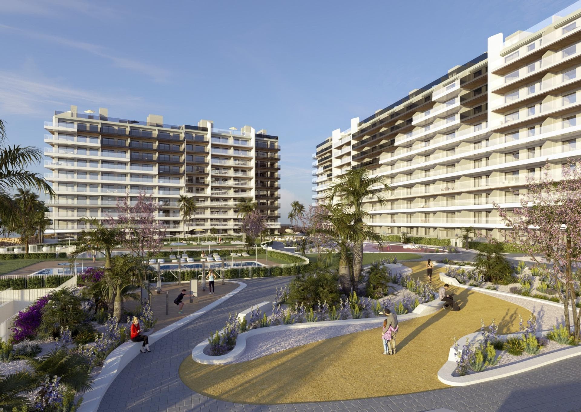 New Build Apartments in Punta Prima Just 250 Metres from the Sea

Exclusive residential complex with premium communal areas on the Costa Blanca
We present a modern new-build residential complex comprising 250 apartments in Punta Prima, one of the most sought-after areas of Torrevieja. Located just 250 metres from the sea, this project offers a unique opportunity to live close to the beach with all the amenities of a private resort.

2 and 3-bedroom homes with large terraces
The apartments are available in 2 or 3 bedroom configurations with 2 bathrooms, all with an open-plan kitchen integrated into the living room, maximising the feeling of space and natural light. The ground floor properties have private gardens, the middle floors offer large terraces, and the penthouses have solariums to enjoy the sun all year round.

Each unit includes a parking space and storage room, ensuring convenience and additional storage space.

Communal areas for the whole family
The residential complex has been designed to offer an exceptional quality of life. Its communal areas include three swimming pools (one of which is heated), a gym with a jacuzzi, a paddle tennis court, a petanque court and landscaped gardens. The little ones have their own children's pool and a play area designed for their safe entertainment.

High-quality finishes and energy efficiency
PVC exterior carpentry with thermal break
Double glazing and motorised blinds in bedrooms
Fitted kitchen with appliances included
Bathrooms equipped with shower screen, cabinet, mirror and underfloor heating
Air conditioning system using aerothermal heat pump
Security entrance door
Bicycle parking

Strategic location with nearby amenities
Punta Prima is located just 5 km from the centre of Torrevieja and has excellent health, educational and transport infrastructure. Alicante International Airport is only 45 km away.
Punta Prima beach: 250 m
Villamartín Golf Course: 7 km
La Zenia Boulevard Shopping Centre: 4 km
Torrevieja University Hospital: 3 km
Torrevieja Marina: 6 km

An ideal investment for a home or holiday
Enjoy a Mediterranean setting with year-round amenities, quality beaches and excellent transport links. Don't miss the opportunity to purchase your new home in one of the most sought-after locations on the Costa Blanca. Contact us today for more information or to arrange a viewing.