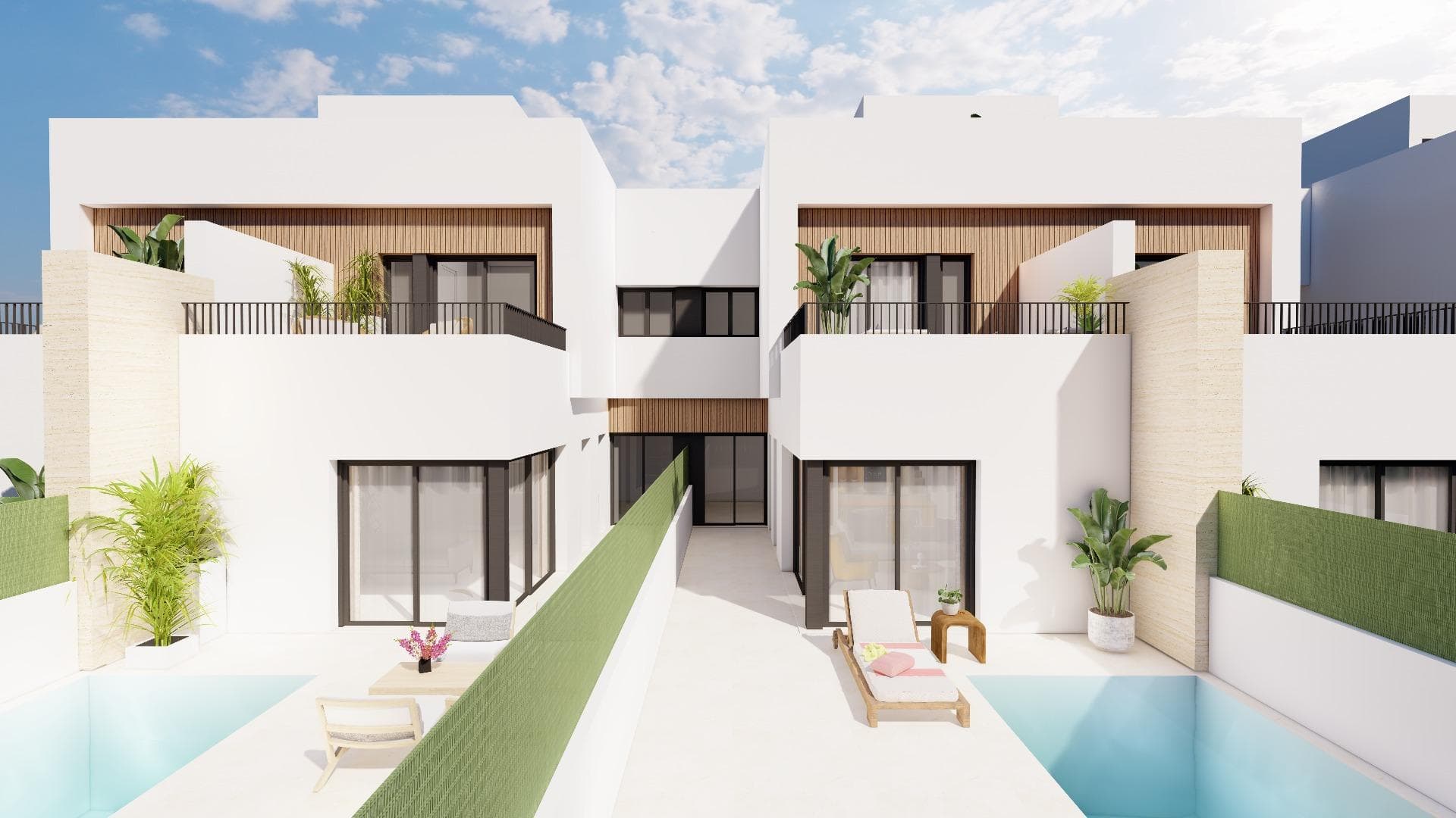 Modern semi-detached villas with private pool near the sea in Santiago de la Ribera

Located in the San Blas area of Santiago de la Ribera, Murcia, one of the most attractive areas of the Mar Menor.
This development is designed with 12 villas with 3 bedrooms and 2/3 bathrooms, including a private pool, terrace and solarium with summer kitchen in selected homes.


The villas feature elegant and functional interiors, fully equipped kitchens with all appliances, and pre-installation for ducted air conditioning.
This development offers a unique opportunity to enjoy design, comfort and style just a few minutes from the sea.

Exclusive new-build development just 1 km from the beach
Discover this limited edition development of semi-detached villas located in Santiago de la Ribera, a charming coastal town on the Murcian coast, known for its relaxed lifestyle, clean beaches and excellent year-round climate. These new homes are located just 1 km from the coast of the Mar Menor, offering the perfect combination of privacy, comfort and proximity to essential services and leisure options.

Contemporary design with functional layout
Each villa is carefully laid out over two floors and some units enjoy a rooftop solarium, providing ample space for modern living. The properties feature:

3 spacious bedrooms, including one on the ground floor
2 or 3 full bathrooms.
Private garden and swimming pool.
Terrace on the first floor and some units with a rooftop solarium, ideal for sunbathing or entertaining guests.
Private parking within the plot.
In addition, two of the homes have photovoltaic panels installed for energy savings.

High-quality finishes and features
Built with attention to detail and to modern standards, the homes include:
Secured entrance door
Motorised aluminium shutters
Fitted kitchen with appliances
Bathroom furniture with mirror and light
Porcelain shower tray made to measure for the bathroom with screens installed
Pre-installation of ducted air conditioning

These homes are designed to be enjoyed all year round, whether as a main residence, second home or investment for holiday rentals.

Privileged location on the Costa Cálida
Santiago de la Ribera offers a dynamic Mediterranean lifestyle with everything close at hand:

Beach (Mar Menor) – 1 km
La Ribera shopping centre – 2 km
Roda Golf – 5 km
San Javier Airport – 6 km
Lo Pagán marina – 4 km
Dos Mares shopping centre – 3 km
Excellent road access to Murcia (40 km) and Cartagena (30 km)

With its rich local culture, weekly markets, promenades and water sports options, Santiago de la Ribera is an ideal place to enjoy the best of the Costa Cálida.

Make your dream of living on the coast a reality
Don't miss this unique opportunity to purchase an elegant, newly built villa in one of the most sought-after areas of the Murcian coast.
Contact us now for more information or to arrange a viewing.