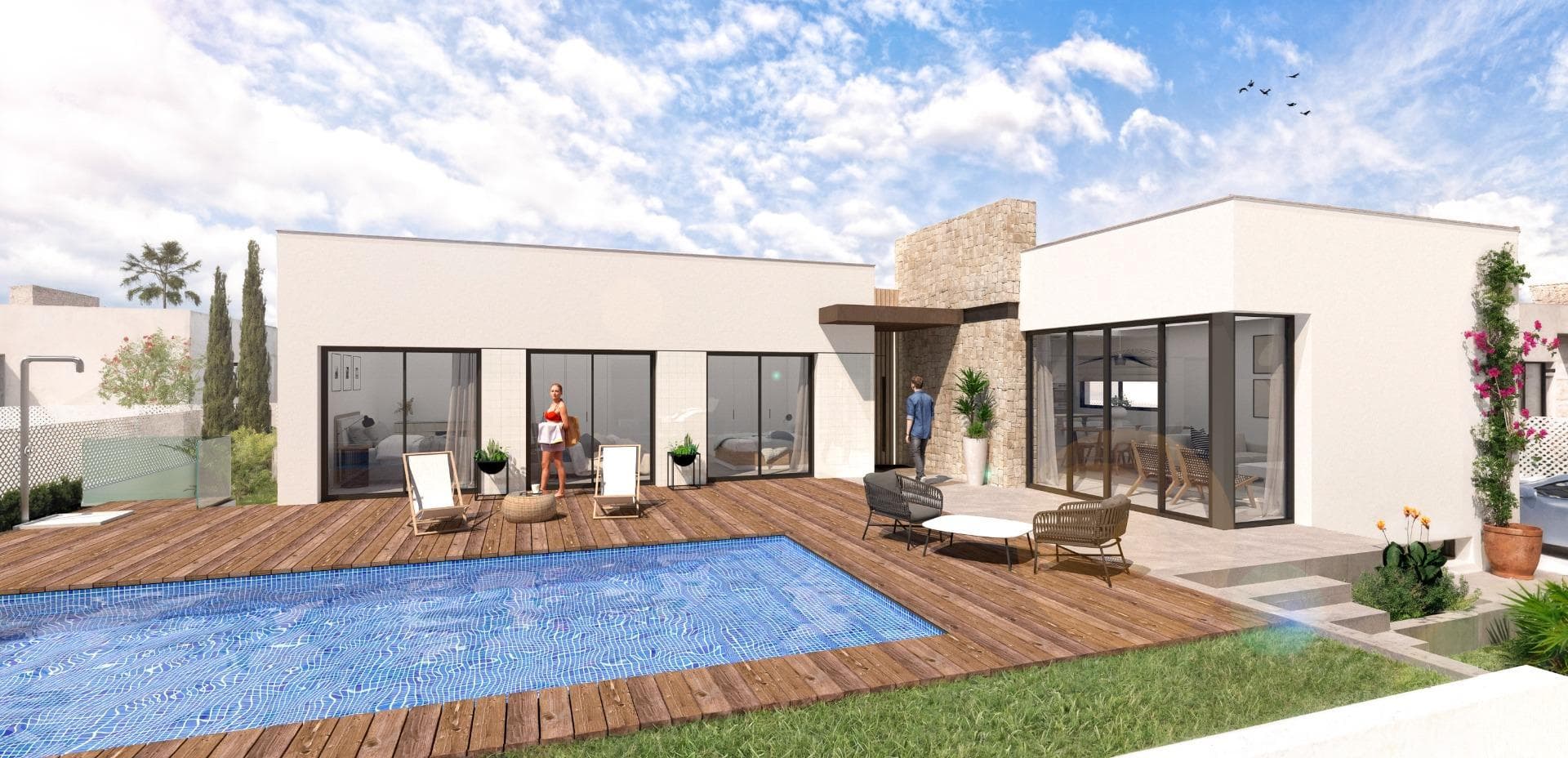 Nybyggede villaer i Santa Rosalia Lake and Life Resort – Eksklusivt boende i Murcia

Førsteklasses beliggenhet nær Mar Menor
Disse nybygde villaene ligger i det prestisjetunge Santa Rosalia Lake and Life Resort, et privat inngjerdet boligområde i regionen Murcia. Omgitt av førsteklasses golfbaner og bare 4 km fra de gylne strendene ved Mar Menor, tilbyr dette boligområdet en perfekt kombinasjon av privatliv, natur og luksuriøst boende. Den livlige kystbyen Los Alcázares ligger bare 5 minutters kjøretur unna, mens den historiske byen Cartagena ligger 15 minutter unna. Murcia internasjonale lufthavn ligger omtrent 22 km unna, noe som sikrer enkel tilgang fra store europeiske byer.

Moderne villaer designet for komfort
Hver villa har en moderne, åpen planløsning med 3 soverom, 2 bad og et gjestetoalett. Den lyse og romslige stuen har et fullt utstyrt kjøkken med spiseplass og stue, og fører ut til en anlagt privat hage med svømmebasseng. En privat parkeringsplass utenfor veien er også inkludert. I underetasjen er det en ferdig kjeller på 136 m² med glatte vegger, vann- og strømtilkobling, som gir et allsidig rom for ekstra soverom, kontor, treningsstudio, kinorom eller lekeområde for barn.

Høy kvalitet og bærekraftige funksjoner
Det er lagt vekt på detaljer i alle aspekter av disse boligene. Noen av høydepunktene er en forsterket sikkerhetsdør, motoriserte persienner i soverommene, innebygde garderober og et kjøkken med hvitevarer. Bærekraftig livsstil er sikret med seks installerte solcellepaneler. Hagen er fullt ferdig med kunstgress, palmer, automatisk vanning og dekorative busker. Et effektivt klimaanlegg med kanaler sikrer komfort hele året.

Santa Rosalia Lake and Life Resort – en oase i karibisk stil
Ferieanlegget kan skilte med 126 000 m² vakkert anlagte grønne områder med tur- og sykkelstier, idrettsanlegg, paddle- og tennisbaner, minigolf, hundeparker, fritidsområder og et klubbhus. Midtpunktet er en spektakulær 17 000 m² krystallklar lagune med hvite sandstrender og palmer, som skaper en ekte karibisk atmosfære. To øyer har fritidsområder, inkludert en bar og sjarmerende strandklubber spredt rundt innsjøen.

Ideelt for avslapning, sport og investering
Dette unike prosjektet er perfekt for deg som ønsker en primærbolig, en feriebolig eller en investering med høy avkastning. Den strategiske beliggenheten gir enkel tilgang til kulturelle, gastronomiske og rekreasjonsattraksjoner, noe som gjør det til et eksepsjonelt valg for både familier og golfentusiaster.

Kontakt oss i dag for å sikre deg din nye villa i Santa Rosalia Lake and Life Resort og begynn å nyte middelhavslivet.