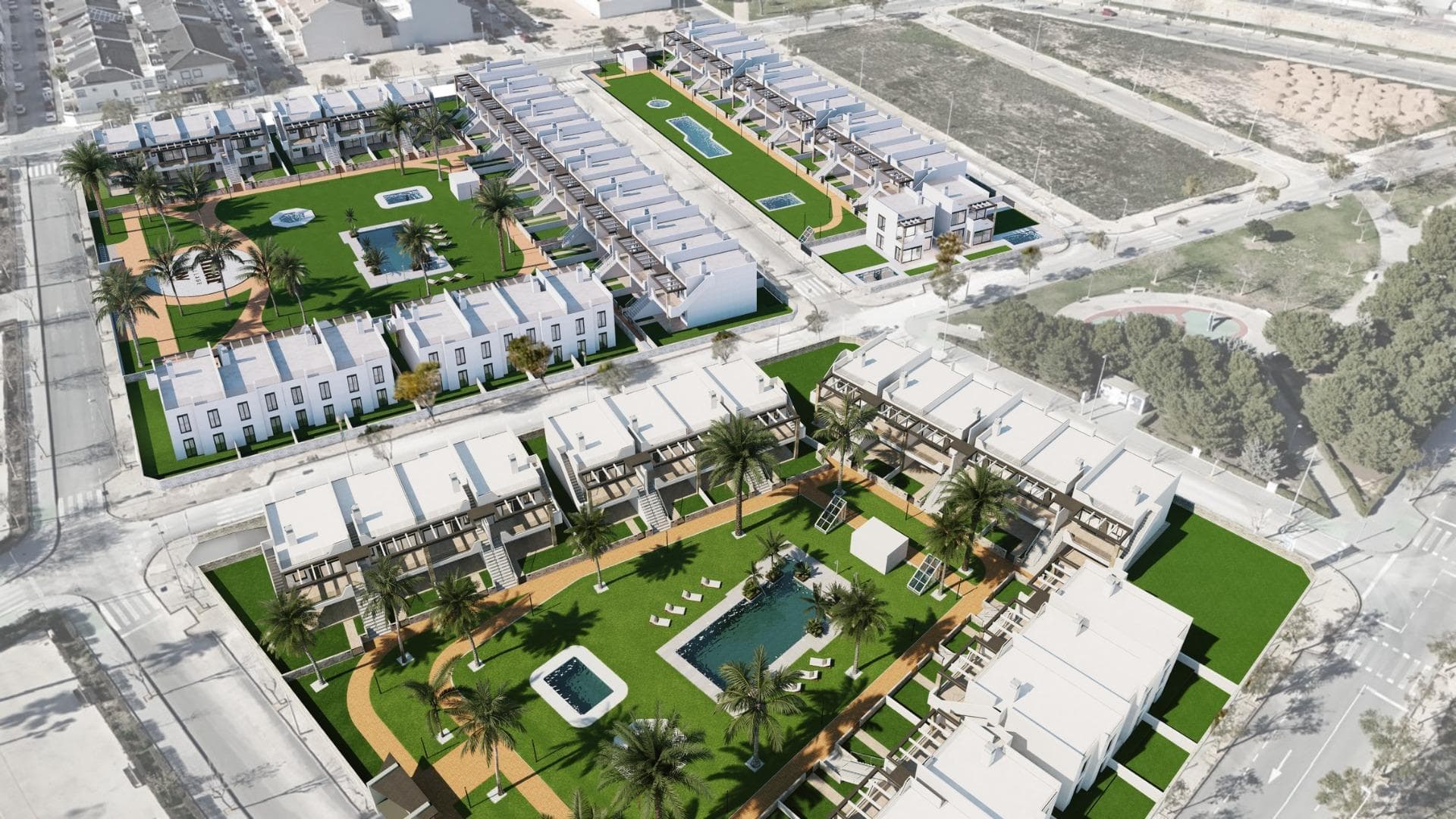 Bungalows de obra nueva en Pilar de la Horadada&#13;&#13;Viviendas modernas cerca de la playa&#13;Descubra este exclusivo complejo residencial de nueva construcción en Pilar de la Horadada, que ofrece bungalows y pareados a menos de 2 km de la playa. Diseñadas para ofrecer confort y estilo, estas viviendas son una excelente oportunidad para disfrutar de la vida en la Costa Blanca.&#13;&#13;Viviendas amplias y con estilo&#13;Esta promoción ofrece viviendas de 2 o 3 dormitorios con 2 baños y aparcamiento privado. Elija entre:&#13;Bungalows en planta baja con jardín privado.&#13;Bungalows en planta alta con solarium privado.&#13;Pareados con sótano y amplias parcelas.&#13;&#13;Cada propiedad está construida con materiales de alta calidad y modernos acabados, incluyendo:&#13;Instalación de aire acondicionado por conductos.&#13;Carpintería exterior de aluminio, doble acristalamiento y persianas de aluminio inyectado.&#13;Puerta de entrada de seguridad para mayor tranquilidad.&#13;Sistema de aerotermia para producción eficiente de agua caliente.&#13;Armarios empotrados en dormitorios.&#13;Baños totalmente equipados con muebles y mamparas de ducha.&#13;&#13;Características exclusivas de la comunidad&#13;Este complejo residencial privado cuenta con una hermosa piscina comunitaria y jardines paisajísticos, creando un espacio ideal para la relajación. Situado a las afueras del centro de la ciudad, los residentes pueden ir andando a supermercados, restaurantes, bares, colegios y otros servicios esenciales.&#13;&#13;Ubicación privilegiada en Pilar de la Horadada&#13;Pilar de la Horadada es una encantadora ciudad española en la parte más meridional de la Costa Blanca. Ofrece una vibrante calle principal con numerosas tiendas, supermercados, restaurantes y plazas pintorescas.&#13;&#13;Las impresionantes playas de Torre de la Horadada y Mil Palmeras están a sólo 5 minutos, con arena fina y dorada y un pintoresco paseo marítimo. La ciudad también ofrece carriles bici y rutas de senderismo bien desarrolladas, además de una gran variedad de actividades deportivas.&#13;&#13;Cómodo acceso a destinos clave&#13;Campo de golf Lo Romero - 5 km (10 minutos en coche).&#13;Aeropuerto de Corvera (Murcia) - 40 km (40 minutos en coche).&#13;Aeropuerto de Alicante - 55 km (55 minutos en coche).&#13;Centros Comerciales (La Zenia Boulevard) - 15 km (15 minutos en coche).&#13;Puerto Deportivo Torre de la Horadada - 3 km (5 minutos en coche).&#13;&#13;Asegure hoy la casa de sus sueños&#13;No pierda esta fantástica oportunidad de poseer una vivienda a estrenar en una ubicación privilegiada. Póngase en contacto con nosotros hoy mismo para obtener más información y concertar una visita.&#13;