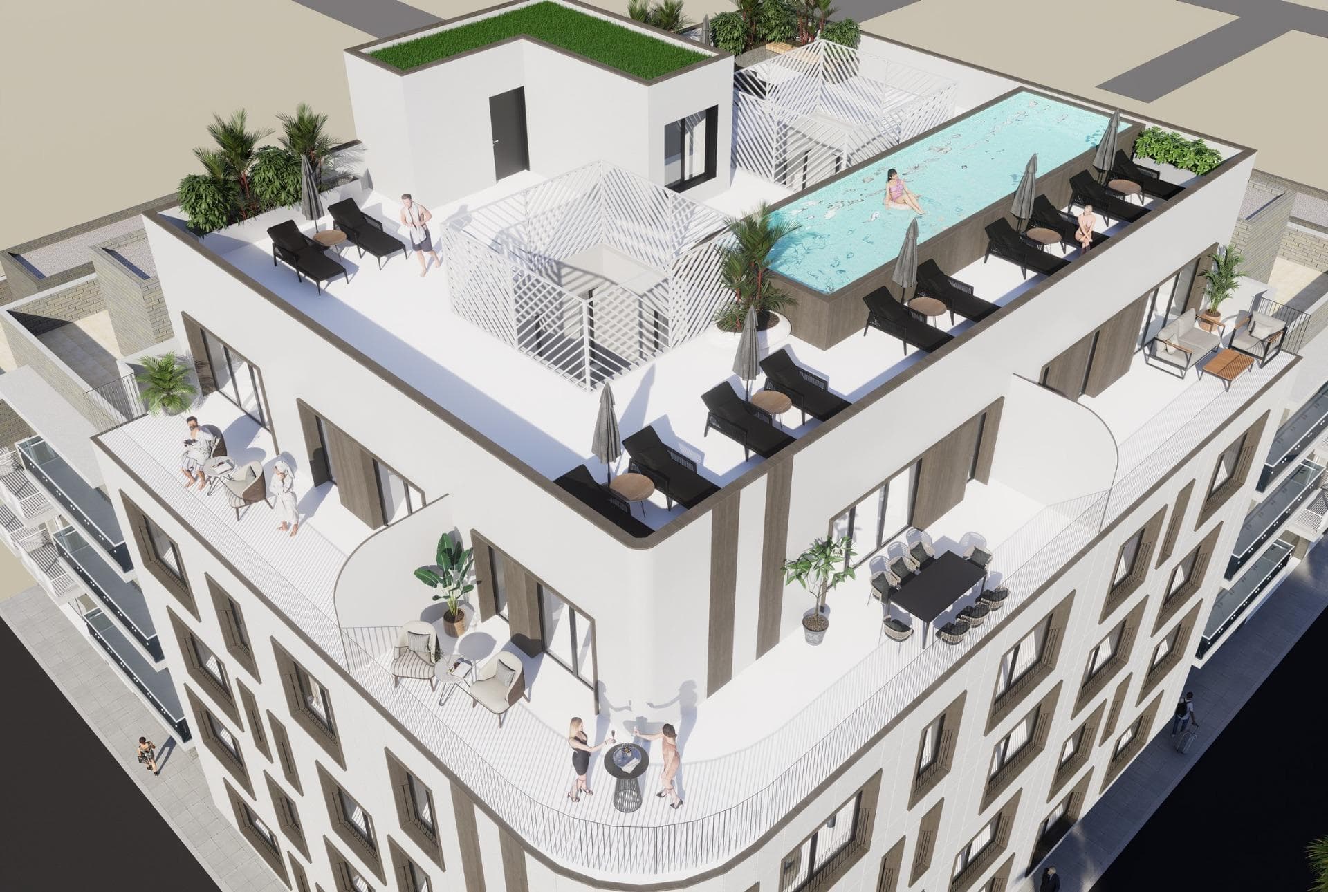 Stylish Residential Building 60 m away from El Acequion Beach at Torrevieja&#13;&#13;23 Functional Homes with a selection of 1, 2 and 3 bedroom apartments, and penthouses with large private terraces. Optional parking spaces at underground for additional convenience.&#13;&#13;Enjoy life just steps from the Mediterranean. Surrounded by everything you need — supermarkets, schools, restaurants, parks, and beach bars — making it the perfect place to live year-round or enjoy as a second home.&#13;&#13;Each unit is thoughtfully designed to maximize natural light, space, and functionality — with some houses with private terraces or laundry rooms.&#13;&#13;On the rooftop, residents can enjoy a communal solarium with a relaxing lounge area and a swimming pool, perfect for soaking up the sun and sea breeze all year round.&#13;&#13;Distances to key points:&#13;Acequión Beach: 60 m&#13;Torrevieja town centre: 500 m&#13;Marina Salinas marina: 1.5 km&#13;Torrevieja University Hospital: 5.5 km&#13;Villamartín golf course: 10 km&#13;Habaneras Shopping Centre: 3 km&#13;Alicante Airport: 45 km&#13;&#13;High-end finishes in every home&#13;The homes have been built with top-quality materials and contemporary design:&#13;Exterior carpentry in aluminium with thermal break and double glazing&#13;Motorised blinds at bedrooms.&#13;Armoured entrance door&#13;Kitchen equipped with wall and base units&#13;Hot water produced by aerothermal system&#13;Air conditioning pre installation&#13;Baths with furnitures, mirrors and fixed glass at showers.&#13;Lift in the building&#13;&#13;Live a stone's throw from the sea and the town centre&#13;Torrevieja is one of the most dynamic and growing coastal towns on the Costa Blanca, famous for its climate, beaches, salt flats and cultural life. This development is ideal as a permanent residence, investment or second home for holidays.&#13;&#13;Contact us today for more information or to arrange a viewing and secure your home by the sea in Torrevieja.&#13;