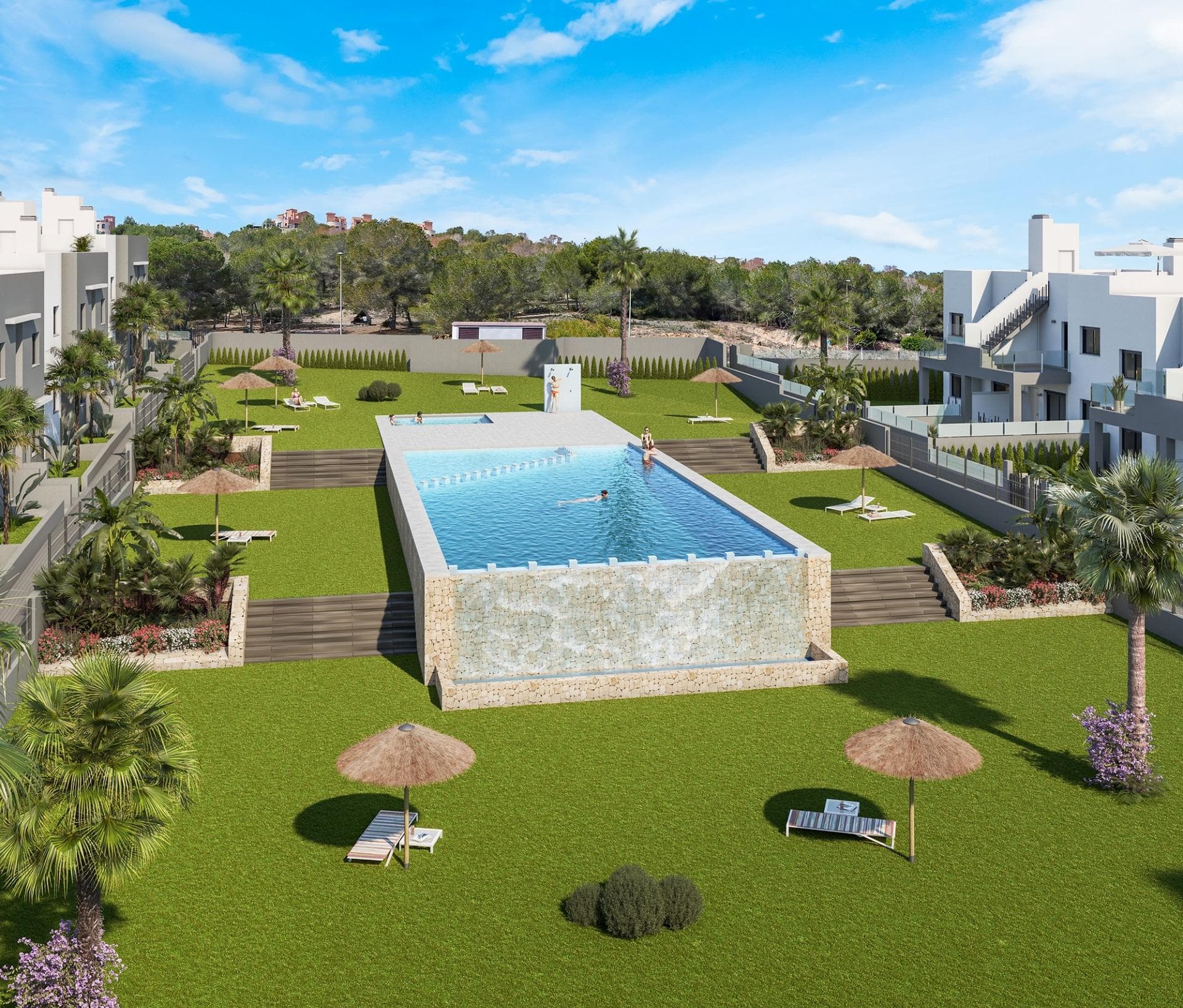 New Build Bungalows in San Miguel de Salinas – Nature, Golf and Comfort&#13;&#13;Discover this new residential development in San Miguel de Salinas, located in the sought-after area of “La Cañada”, surrounded by a protected pine forest between the prestigious golf courses of Campoamor and Las Colinas. Just 7 km from the Mediterranean coast, this residential offers the perfect blend of tranquility, nature, and easy access to all amenities.&#13;&#13;Spacious and Modern Homes&#13;The development offers two property types to suit different lifestyles:&#13;Ground floor bungalows: 2 bedrooms, 2 bathrooms, two large private gardens, and surface parking.&#13;Top floor bungalows: 2 bedrooms, 2 bathrooms, spacious solarium with sea views, and surface parking.&#13;Each home features generous dimensions and can be adapted into a 3-bedroom layout (optional at an extra cost), with kitchen appliances included.&#13;&#13;High-Quality Finishes&#13;Designed for comfort and functionality, all properties include:&#13;Fully equipped bathrooms with furniture, mirrors, and shower screens&#13;Aerothermal hot water system&#13;Built-in LED ceiling lights&#13;&#13;Exclusive Community Areas&#13;The residential features over 1,700 m2 of landscaped green areas with palm trees and Mediterranean plants. Residents can enjoy a large swimming pool with jacuzzi, a children’s pool, and sunbathing areas, making it the ideal setting to enjoy the Costa Blanca climate all year round.&#13;&#13;Privileged Location in San Miguel de Salinas&#13;This quiet residential is located less than 3 km from the charming town of San Miguel de Salinas, with all daily services at hand. In addition, beautiful sandy beaches in Orihuela Costa and Torrevieja are only 7 km away, offering endless leisure, shopping, and dining options.&#13;&#13;Close to Renowned Golf Courses&#13;For golf enthusiasts, the location is unbeatable. Within a 4 km radius you will find three of the most prestigious golf courses on the Costa Blanca:&#13;Villamartín Golf – 3.5 km&#13;Las Colinas Golf &amp; Country Club – 4 km&#13;Campoamor Golf – 4 km&#13;&#13;Excellent Connectivity&#13;Key points of interest nearby include:&#13;San Miguel de Salinas – 3 km&#13;La Zenia Boulevard Shopping Centre – 10 km&#13;Alicante Airport – 55 km&#13;Murcia Airport (Corvera) – 50 km&#13;&#13;Secure Your New Home in San Miguel de Salinas&#13;Whether you are looking for a permanent residence, a holiday retreat, or an investment opportunity, these new build bungalows offer excellent value in one of the most desirable areas of the Costa Blanca. Contact us today for more information and to arrange a visit.&#13;