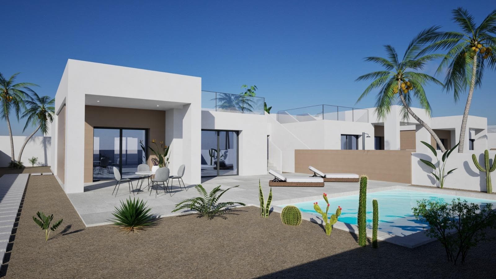 Moderne villaer i La Romana, Alicante&#13;&#13;Eksklusive nybygg i en sjarmerende spansk landsby&#13;Disse moderne nybyggvillaene i La Romana er designet for de som søker fred, komfort og den autentiske spanske livsstilen. Husene ligger på tomter på 370 m² i et boligområde i utkanten av landsbyen, bare en kort spasertur fra sentrum, hvor du kan nyte tradisjonelle restauranter, butikker og alle daglige tjenester. Omgitt av vingårder, mandellunder og fjellandskap, tilbyr La Romana en unik landlig setting, samtidig som den ligger bare 30 minutter fra kysten.&#13;&#13;Romslig design med moderne komfort&#13;Hver villa har 127 m² bebygget areal fordelt på 3 soverom og 2 bad, inkludert en master suite med eget bad. Den åpne stuen og spisestuen integreres sømløst med et møblert kjøkken og direkte tilgang til terrassen og privat basseng. Ytterligere funksjoner inkluderer et oppbevaringsrom/vaskerom og privat parkering på tomten. For de som ønsker ekstra uteplass, er det mulig å legge til et solarium på taket mot en ekstra kostnad.&#13;&#13;Premium-funksjoner inkludert&#13;Disse villaene er bygget med kvalitetsfinish og er fullt utstyrt med:&#13;Privat basseng på 6 x 3,5 m&#13;Klimaanlegg med varmepumpe (installasjon og enhet inkludert)&#13;Moderne kjøkken med hvite skap og benkeplater i granitt&#13;LED-belysning i hele huset og på verandaen&#13;Doble vinduer, hvite innerdører og innebygde garderober&#13;&#13;Levering er planlagt 14 måneder etter reservasjon, noe som sikrer et helt nytt, personlig hjem.&#13;&#13;Ideell beliggenhet på landsbygda i Alicante&#13;La Romana er en tradisjonell spansk landsby i det indre av Alicante, kjent for sitt gjestfrie samfunn og naturlige omgivelser. Beliggenheten gir den perfekte balansen mellom ro og tilgjengelighet:&#13;Aspe – 8 km&#13;Elche – 18 km&#13;Alicante lufthavn – 35 km&#13;Strendene på Costa Blanca – 30 km&#13;Golfbaner (Font del Llop &amp; Alenda) – 20 km&#13;Alicante by – 32 km&#13;&#13;Din middelhavsstil venter&#13;Hvis du er på jakt etter et fredelig miljø omgitt av fjell, vingårder og sjarmerende spanske byer, men likevel nær Middelhavskysten, er disse villaene i La Romana det perfekte valget. Kontakt oss i dag for mer informasjon og sikre deg ditt nye hjem i Alicante.&#13;