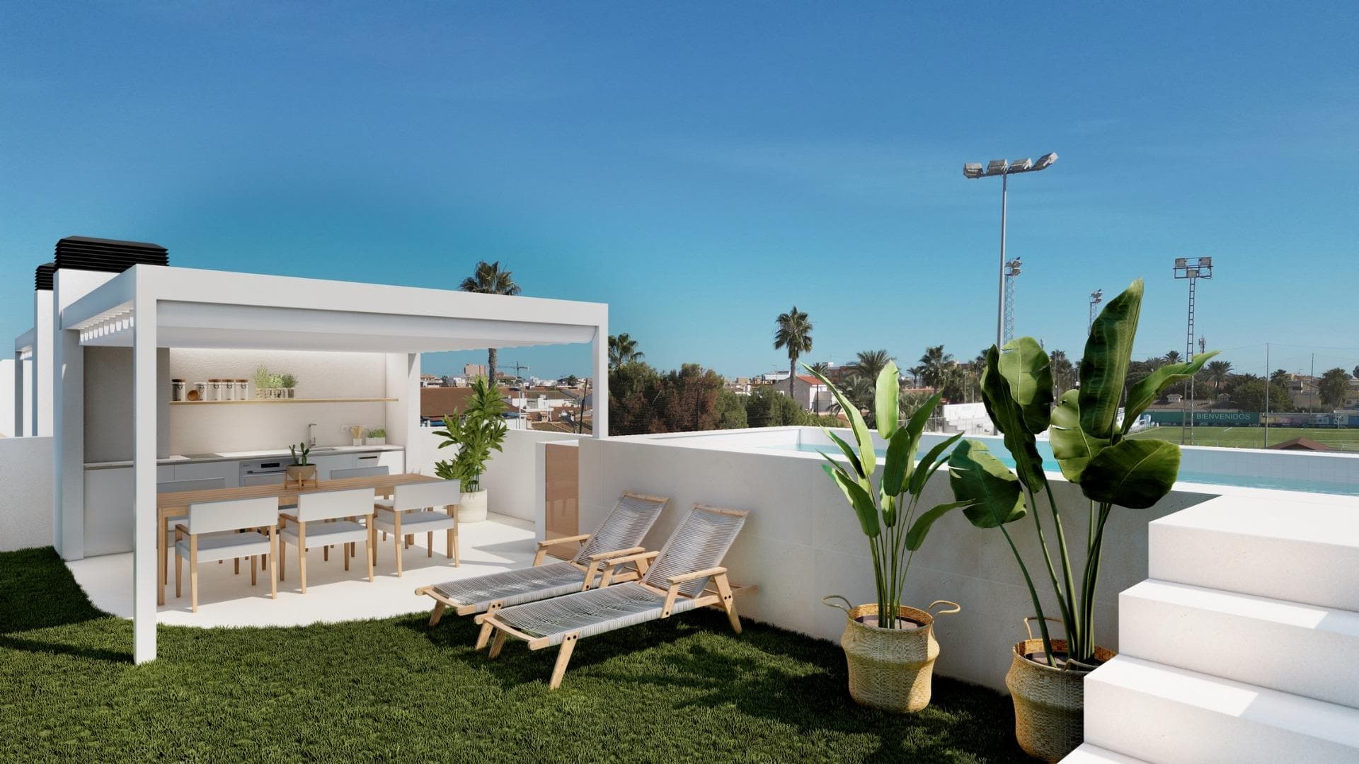 Nybyggede bungalower med privat basseng i San Pedro del Pinatar&#13;&#13;Eksklusive boutique-boliger nær stranden&#13;Denne begrensede samlingen av 12 nybygde bungalower i San Pedro del Pinatar tilbyr den perfekte balansen mellom moderne design, middelhavsstil og en uovertruffen beliggenhet. Bare 600 meter fra stranden og innen gangavstand fra butikker, restauranter og fritidsfasiliteter, er disse boligene ideelle som feriebolig, investering eller permanent bolig på Costa Cálida.&#13;&#13;San Pedro del Pinatar er en sjarmerende kystby som ligger mellom Mar Menor og Middelhavet, kjent for sine seilklubber, naturlige gjørmebad i Lo Pagán og livlige promenade. Byen har utmerkede transportforbindelser og ligger bare 30 km fra Murcia–Corvera lufthavn, 75 km fra Alicante lufthavn og en kort kjøretur fra Dos Mares kjøpesenter (5 km) og flere topp golfbaner innen 10–20 km.&#13;&#13;Velg mellom hage- eller penthouse-modeller&#13;Dette boutique-prosjektet har to nøye utformede planløsninger:&#13;Bungalower i første etasje: Med terrasse foran, privat basseng, vaskerom, uteplass bak og parkering på tomten.&#13;Penthouse-bungalower: Med stor terrasse, privat solarium på taket med basseng, samt bod i første etasje og privat parkeringsplass.&#13;&#13;Begge modellene har 2 soverom og 2 bad, med hovedsoverommet med eget bad. Den åpne stuen og spisestuen er sømløst forbundet med et fullt utstyrt kjøkken, forsterket av store skyvedører som fyller interiøret med naturlig lys.&#13;&#13;Høy kvalitet for komfort og stil&#13;Alle boligene i dette prosjektet er bygget med førsteklasses finish for å sikre både eleganse og praktisk funksjonalitet. Viktige funksjoner inkluderer:&#13;Fullt utstyrt kjøkken med hvitevarer (induksjonskomfyr, stekeovn, oppvaskmaskin, kjøleskap/fryser)&#13;Forhåndsinstallert luftkondisjonering&#13;Intern og ekstern LED-belysning&#13;Elektriske persienner for ekstra bekvemmelighet&#13;Bad med møbler, speil og belysning&#13;&#13;En livsstil ved havet&#13;Å bo i San Pedro del Pinatar betyr å nyte en avslappet kystatmosfære med alle moderne fasiliteter i nærheten. Marinaen, som ligger bare 1 km unna, er perfekt for seilentusiaster, mens det rolige vannet i Mar Menor gir muligheter for svømming og vannsport hele året.&#13;&#13;Reserver din drømmebungalow i Costa Cálida&#13;Med levering planlagt til midten av 2027, er dette det perfekte tidspunktet for å sikre deg ditt nye hjem ved sjøen. Kontakt oss i dag for mer informasjon eller for å avtale et besøk, og begynn å leve det middelhavslivet du fortjener.&#13;
